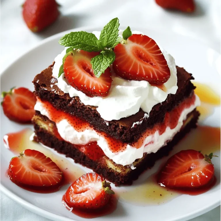 - 1 cup (2 sticks) unsalted butter - 2 cups granulated sugar - 4 large eggs - 1 cup all-purpose flour - 1 cup unsweetened cocoa powder - 2 cups fresh strawberries, hulled and sliced - 1 cup heavy whipping cream - 2 tablespoons powdered sugar - Zest of 1 lemon - 1/4 teaspoon sea salt - Additional garnishes like mint or extra strawberries When making this dessert, the right ingredients bring flavor and texture. First, unsalted butter gives the brownies a rich taste. Granulated sugar sweetens them perfectly. Large eggs bind everything together, ensuring a soft, fudgy texture. All-purpose flour adds structure without being too heavy. Now, the special ingredients play a big role. Unsweetened cocoa powder gives that deep chocolate flavor. Fresh strawberries add freshness and a burst of color. Heavy whipping cream transforms into light, fluffy whipped cream with just a bit of powdered sugar. It adds a nice touch of sweetness. For a twist, lemon zest enhances the berries' flavor. A pinch of sea salt balances the sweetness. You can use extra garnishes to make your dessert look even better. Finding the perfect ingredients is key to making your brownie strawberry shortcake shine. For the complete details, check out the Full Recipe. - Preheat the Oven: Start by preheating your oven to 350°F (175°C). This helps the brownies bake evenly. - Grease the Baking Pan: Use butter or non-stick spray to grease a 9x13-inch baking pan. This keeps the brownies from sticking. - Melt Butter and Combine with Sugar: In a medium saucepan, melt 1 cup of unsalted butter over low heat. Once it’s melted, take it off the heat and stir in 2 cups of granulated sugar until well mixed. - Mix in Eggs and Vanilla: Add 4 large eggs one at a time to the mixture. Stir well after each egg. Then, mix in 1 teaspoon of pure vanilla extract until smooth. - Add Dry Ingredients: In a separate bowl, whisk together 1 cup of all-purpose flour, 1 cup of unsweetened cocoa powder, 1/2 teaspoon of baking powder, and 1/4 teaspoon of sea salt. Fold this dry mix into the wet mixture gently. Don’t overmix; it’s okay to see some flour. - Pour Batter into Pan: Pour the brownie batter into your greased pan. Use a spatula to spread it evenly. - Baking Time and Testing for Doneness: Bake in the preheated oven for 25-30 minutes. Insert a toothpick into the center; it should come out clean or with a few moist crumbs. - Cooling Process: Let the brownies cool completely in the pan on a wire rack. This makes them easier to cut. - Combine Ingredients for Whipped Cream: In a large mixing bowl, add 1 cup of heavy whipping cream, 2 tablespoons of powdered sugar, and the zest of 1 lemon. - Whip cream to soft peaks: Use an electric mixer to whip the cream on medium-high speed for about 3-5 minutes. Stop when soft peaks form. - Sweetening the Strawberries: In another bowl, toss 2 cups of sliced strawberries with 1 tablespoon of granulated sugar. Let them sit for 10 minutes to draw out their juices. - Layering Brownies, Whipped Cream, and Strawberries: Once the brownies are cool, cut them into squares. Place one square on a plate, top with whipped cream, and add some strawberries. - Creating Repeat Layers for Presentation: For a fancy look, stack another brownie square on top and repeat with whipped cream and strawberries. This builds a beautiful dessert tower. - Avoiding Overmixing: Mix the batter gently. Overmixing can make brownies tough. Stop mixing as soon as you see no dry flour. It’s okay to have a few lumps; they add character. - Knowing When to Take Out of the Oven: Check brownies after 25 minutes. They are ready when a toothpick comes out clean or with a few moist crumbs. Brownies continue to cook after you take them out, so don’t wait too long. - Achieving the Right Consistency: Use cold cream for better results. Whip it on medium-high speed. Stop when you see soft peaks. Don’t go too far; you don’t want butter! - Best Practices for Sweetening Whipped Cream: Add powdered sugar to the cream. Start with two tablespoons for a subtle sweetness. You can always add more if you like it sweeter. - Creative Plating Ideas: Stack layers of brownie, cream, and strawberries on a plate. Use a ring mold for a neat look. Drizzle strawberry juices around for color and flavor. - Using Seasonal Fruits: Fresh strawberries are great, but try raspberries or blueberries in summer. They bring fresh flavors and bright colors to your dessert. You can find the Full Recipe for more details on creating this dessert delight! {{image_4}} One fun twist on this dessert is the chocolate citrus brownie shortcake. To make this, add zest from an orange or lime into your brownie batter. This bright flavor pairs well with chocolate and adds a fresh note. You can also add nuts, like walnuts or pecans, to the brownie batter for a crunchy texture. Nuts add a nice contrast to the soft strawberries and cream. If you want to mix things up, try adding different fruits, such as peaches or raspberries, instead of strawberries. Each fruit brings its unique flavor and sweetness. For those who need gluten-free options, swap all-purpose flour with a gluten-free blend. Many brands work well, and you won’t lose that rich brownie taste. Additionally, if you are dairy-free, use coconut cream instead of heavy whipping cream. It whips up nicely and gives a wonderful flavor. You can also find dairy-free butter for the brownie batter. This way, everyone can enjoy this tasty dessert. If you have a small group, you can easily scale down the recipe. Just halve the ingredients, and bake them in a smaller pan. If you have a larger crowd, double the recipe and use a bigger baking pan. This way, everyone can have a slice or two of this delightful dessert. Remember to adjust the baking time slightly if you change the pan size. Check for doneness by using a toothpick. Enjoy this treat with friends and family! For the complete recipe, check out the Full Recipe section above. To keep your brownie strawberry shortcake fresh, store it in the fridge. Place it in an airtight container. This helps to keep it moist and prevents it from absorbing other odors. If you have leftover whipped cream, store it separately. Whipped cream can deflate if it sits too long on the brownies. For freezing, cut the brownies into squares. Wrap each piece tightly in plastic wrap. Then place them in a freezer-safe bag. This way, you can enjoy them later. Don't freeze the strawberry and cream layers, as they do not thaw well. To reheat, use the microwave. Place a brownie square on a plate. Heat it for about 10-15 seconds. This warms it without making it dry. If you want it warm and gooey, check it often. Avoid sogginess by not covering the brownie when reheating. This keeps moisture in, making it too wet. Instead, let the brownie cool slightly before adding whipped cream and strawberries. In the fridge, your brownie strawberry shortcake lasts about 3-4 days. If stored properly, it stays tasty and fresh. After that, it might lose flavor and texture. Signs of spoilage include a sour smell or mold. If the strawberries start to look mushy or brown, it’s time to toss them. Always check before eating any leftovers to ensure they are safe. To make fudgier brownies, use less flour. You can also add an extra egg or use melted chocolate. These changes make the texture richer. Baking the brownies for a shorter time helps too. Aim for a moist center, and check with a toothpick. If it comes out with a few moist crumbs, they are ready. Yes, you can prepare the brownies a day ahead. Let them cool, then store in an airtight container. The whipped cream can also be made ahead. Just keep it in the fridge. Slice the strawberries and mix them with sugar a few hours before serving for the best flavor. You can use other berries like blueberries or raspberries. Peaches or mangoes also work well. Just slice them evenly and toss with sugar. This will enhance their natural sweetness, making them a great fit for this dessert. Yes, you can! Replace all-purpose flour with a gluten-free blend. Be sure your cocoa powder is gluten-free too. For best results, check the labels on all ingredients. This way, you can enjoy the same great taste without gluten. The brownies are done when a toothpick comes out clean or with a few moist crumbs. The edges should look set, and the center may still be soft. Always keep an eye on your brownies during the last few minutes of baking. - Full Recipe: Brownie Strawberry Shortcake Delight This blog post covered everything you need for a Brownie Strawberry Shortcake. We explored key ingredients, from unsalted butter to fresh strawberries. You learned simple steps for baking and whipping cream. I shared tips for perfecting texture and storage advice to extend freshness. In closing, this dessert is both fun to make and delicious to eat. Enjoy creating your own version and impressing friends and family.