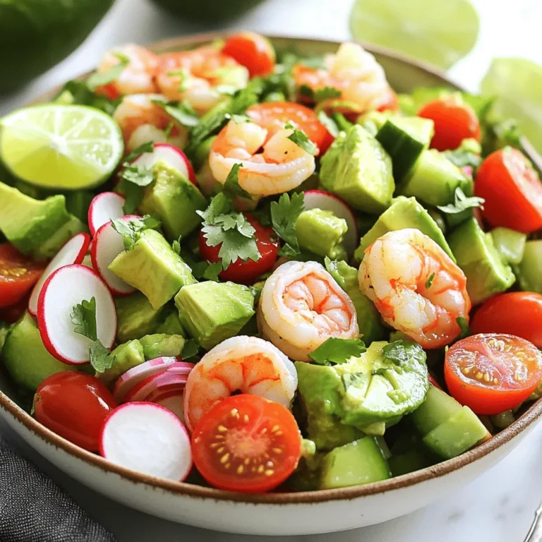 - 1 pound large shrimp, peeled and deveined - 2 ripe avocados, diced into bite-sized cubes - 1 cup cherry tomatoes, halved - 1 cucumber, diced - 1/4 red onion, finely chopped - 1/4 cup fresh cilantro, chopped - 2 tablespoons extra virgin olive oil - 1 tablespoon freshly squeezed lime juice - 1/2 teaspoon garlic powder - Salt and freshly ground black pepper to taste - Optional: Sliced radishes for garnish You need a mix of fresh ingredients to make this salad shine. Start with shrimp. I like to use one pound of large shrimp for a good bite. Make sure they are peeled and deveined for easy eating. Avocados bring creaminess. Two ripe avocados, diced into cubes, add great texture. Cherry tomatoes add a burst of flavor. Halve one cup and toss them in. A cucumber gives a refreshing crunch. Dice one cucumber and add it to the bowl. For some sharpness, chop a quarter of a red onion finely. Fresh cilantro brightens the dish. Use a quarter cup and chop it well. Next, you need a simple dressing. Combine two tablespoons of extra virgin olive oil with one tablespoon of lime juice. Add half a teaspoon of garlic powder for depth. Season with salt and black pepper to taste. For a fun touch, slice some radishes to garnish the salad. They add color and a nice crunch. All these ingredients come together in the Healthy Avocado Shrimp Salad. You can find the full recipe listed above. To start, cook the shrimp in boiling water. Bring a pot of salted water to a rolling boil. Add the shrimp and let them cook for about 2-3 minutes. You will know they are done when they turn pink and opaque. Once cooked, drain the shrimp and rinse them under cold running water. This stops the cooking process. Set the shrimp aside to cool completely. Next, let's make the dressing. You will need a few simple ingredients: extra virgin olive oil, freshly squeezed lime juice, garlic powder, salt, and pepper. In a small mixing bowl, whisk together these ingredients. Make sure to taste the dressing. Adjust the seasoning if you want more flavor. A well-balanced dressing makes your salad pop. Now it’s time to combine all the salad ingredients. In a large mixing bowl, carefully add the cooled shrimp, diced avocados, halved cherry tomatoes, diced cucumber, chopped red onion, and fresh cilantro. Use a gentle folding motion to mix the ingredients together. Be careful not to mash the avocados. We want them to stay in nice, chunky pieces. Once your salad is assembled, drizzle the dressing over the mixture. Gently toss everything together. Make sure every bite is coated but avoid crushing the avocados. For the best flavor, let the salad chill in the refrigerator for at least 15 minutes. This allows the flavors to blend well. You can serve it chilled or at room temperature. For a fun touch, feel free to add sliced radishes on top for crunch. For the full recipe, check out the details above. To get the best texture, avoid mashing the avocados. You want those creamy cubes intact. Gently fold them into the salad when mixing. This keeps the dish fresh and appealing. Cooling the shrimp properly is also key. After cooking, rinse them under cold water right away. This stops the cooking process. It helps keep the shrimp tender and juicy. Spices and herbs can boost flavor. Consider adding paprika for a smoky taste or a pinch of cayenne for heat. Fresh dill or parsley can elevate the dish. Always adjust seasoning to your liking. A little salt can go a long way, so taste as you go. For an eye-catching look, serve in elegant bowls or on colorful platters. A large bowl allows guests to help themselves. Use vibrant plates to make the colors pop. Garnish with extra cilantro or lime wedges. This adds a fresh touch and brightens the dish. You can also sprinkle some sliced radishes on top for a crunch that looks great! For the full recipe, check out the details above. {{image_4}} You can change the shrimp in this salad if you want. Try using crab or scallops instead. If you prefer a different protein, grilled chicken or tofu works well too. For veggies, mix in bell peppers or radishes for extra crunch. You can also add fresh herbs like dill or basil for a twist of flavor. The dressing can be fun to change up! For a creamy option, use Greek yogurt instead of oil. This adds a nice texture and tang. If you like some heat, sprinkle in chili flakes or a dash of hot sauce. This will give your salad a spicy kick that wakes up the taste buds. Want to make it gluten-free? This salad is naturally gluten-free, so you’re all set! For a low-carb option, skip the tomatoes or cucumbers. If you're vegan, swap the shrimp for chickpeas or lentils. Use a plant-based yogurt for the dressing. These changes keep the salad tasty and healthy for everyone. If you want to explore more, check out the Full Recipe for detailed steps and tips! To keep your leftover salad fresh, store it in an airtight container. This helps keep moisture out. Always use a container that seals well, like glass or hard plastic. These containers help maintain the salad's taste and texture. If you want to keep the salad longer, store the dressing separately. This keeps the salad from getting soggy. When ready to eat, just pour the dressing on top and mix it gently. The salad stays fresh for about 1 to 2 days in the refrigerator. After that, the ingredients may begin to lose their quality. Signs your salad has spoiled include a bad smell, discoloration, or a slimy texture. If you notice any of these signs, it's best to throw it away. I don't recommend reheating this salad. The shrimp can lose their flavor and texture when heated. Plus, reheating can make the avocado mushy. If you do want to warm it up, be very gentle. Use low heat and only for a short time. This way, you can try to keep the avocado's creamy texture intact. For the best taste, enjoy the salad cold. Yes, you can use frozen shrimp for this recipe. Frozen shrimp are often just as fresh as fresh shrimp. They are frozen soon after being caught. This keeps their taste and texture intact. When using frozen shrimp, thaw them first. You can do this by letting them sit in the fridge overnight or placing them in cold water for about 30 minutes. Just make sure to drain them well before cooking. This will help avoid extra water in your salad. To make your salad more filling, consider adding grains or legumes. Quinoa, brown rice, or farro can add bulk and make the dish heartier. You can also add beans like black beans or chickpeas. These options are healthy and will keep you satisfied longer. Just remember to adjust the dressing to balance the flavors. Avocado and shrimp both offer great health benefits. Avocados are rich in healthy fats, fiber, and vitamins. They help support heart health and improve digestion. Shrimp is low in calories and high in protein. It also contains important nutrients like selenium and vitamin B12. Together, they make a nutritious and tasty meal. This salad can last in the refrigerator for about two days. Keep it in an airtight container to maintain freshness. However, the avocados may brown a bit over time. To slow this down, you can add extra lime juice before storing. This helps keep the color and taste brighter. Yes, you can make this salad ahead of time. You can prepare the shrimp and chop the veggies early. Just wait to add the dressing until you are ready to serve. This way, the salad stays fresh and crunchy. You can store it in the fridge for up to two days. For the full recipe, check out the complete instructions above. This post covers a delicious shrimp and avocado salad. You learned about each ingredient, how to cook shrimp, and mix everything together. I shared tips for the best texture and flavor. You also explored ways to modify the recipe to fit your taste. Remember to store leftovers properly to keep them fresh. With these insights, you can make a tasty salad any time. Enjoy experimenting and personalizing your dish for anyone who tries it!