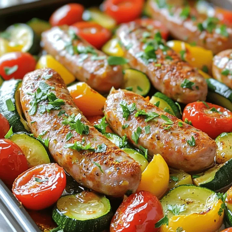 - 1 pound Italian chicken sausage, sliced into rounds - 2 medium zucchinis, sliced into half-moons - 1 bell pepper (your choice of color), chopped into bite-sized pieces - 1 red onion, sliced into thin wedges - 1 cup cherry tomatoes, halved - 3 tablespoons extra-virgin olive oil - 1 teaspoon garlic powder - 1 teaspoon smoked paprika - 1 teaspoon dried oregano - Salt and freshly ground black pepper, to taste - Fresh parsley, finely chopped, for garnish - Calories per serving: About 300 calories - Breakdown of macronutrients: - Protein: 20 grams - Carbohydrates: 15 grams - Fat: 18 grams - Benefits of ingredients: - Chicken sausage gives lean protein. - Zucchini and bell peppers add fiber and vitamins. - Olive oil provides healthy fats. - Tomatoes are rich in antioxidants. This easy one-pan meal is not only tasty but also offers a balance of nutrients. Each bite is a mix of flavors and textures, making it a family favorite. You can find the full recipe [here](#). 1. First, preheat your oven to 400°F (200°C). This high heat is key for great roasting. 2. To make clean-up easy, line a large sheet pan with parchment paper. This helps keep the pan clean. 3. In a big mixing bowl, combine your sliced chicken sausage, zucchinis, bell pepper, red onion, and cherry tomatoes. Mixing them helps you see all the colors. 1. Drizzle 3 tablespoons of olive oil over the sausage and vegetable mix. This helps everything cook evenly. 2. Sprinkle on 1 teaspoon each of garlic powder, smoked paprika, and dried oregano. Also, add salt and pepper to taste. Toss the mixture well with your hands or a big spoon. You want every piece to be covered. 3. Spread out the mixture on your lined sheet pan in a single layer. Space is important for roasting. 4. Place the pan in the oven and roast everything for 25-30 minutes. Halfway through, gently toss the ingredients. This ensures even cooking and browning. 5. When done, take the pan out of the oven. Let it cool for a couple of minutes. This helps the flavors mix. 6. Before serving, sprinkle some freshly chopped parsley on top for color and taste. For the full recipe, check out the details above! To get the best results, set your oven to 400°F (200°C). This heat helps the sausage and veggies roast nicely. Each piece will get a golden color and rich flavor. For spices, I recommend using garlic powder and smoked paprika. These add depth and warmth to the dish. A sprinkle of dried oregano ties it all together. Adjust the spices to match your taste. One big mistake is overcrowding the pan. If you cram too many ingredients in, they won’t roast well. Instead, spread everything out in a single layer. This way, the heat reaches all sides. Another mistake is not tossing the ingredients. Tossing halfway through cooking ensures even browning and cooking. This step is key to getting that caramelized finish. {{image_4}} You can switch up the sausage for different flavors. Here are some options: - Pork sausage options: Try Italian pork sausage for a classic taste. The spices in pork sausage add a rich flavor. - Plant-based alternatives: For a vegan option, use plant-based sausage. These options are tasty and healthy too. They mimic the texture of real sausage and soak up the flavors from the veggies. Feel free to get creative with your vegetables. You can use many types: - Seasonal vegetables: Choose vegetables that are fresh in your area. In summer, use corn or eggplant. In fall, try Brussels sprouts or squash. - Root vegetable substitutes: Root veggies like carrots, sweet potatoes, or parsnips work well. They add sweetness and depth. Just chop them evenly to match cooking times. These variations can make your sheet pan meal exciting and new every time! For more details about the recipe, check the Full Recipe. To store your leftovers, cool the dish to room temperature before sealing. You can refrigerate or freeze the meal. - Refrigerate: Place leftovers in an airtight container. They will last for 3 to 4 days in the fridge. - Freeze: Use freezer-safe containers or bags. This keeps your meal fresh for up to 3 months. You can reheat the dish in either an oven or microwave. - Oven: Preheat to 350°F (175°C). Spread the leftovers on a baking sheet. Heat for about 15-20 minutes. This keeps the sausage and veggies crisp. - Microwave: Place portions in a microwave-safe dish. Cover with a lid or wrap. Heat for 2-3 minutes, stirring halfway. This method is quick but may soften the veggies. For the best texture, I recommend using the oven. It helps restore that nice roasted flavor. Yes, you can prep this dish ahead. To do this, chop the veggies and sausage. Store them in an airtight container in the fridge. You can mix the olive oil and spices in a small bowl. Keep this mixture separate until you're ready to cook. This way, you save time when you want to enjoy this meal. Just remember to roast it fresh for the best taste. This meal pairs well with many sides. Here are some ideas: - A simple green salad with a light dressing - Crusty bread to soak up juices - Quinoa or rice for a filling option - Roasted potatoes for extra crunch These sides add variety and make your meal more complete. You can use frozen veggies, but some adjustments are needed. Frozen vegetables may release more water while cooking. To avoid a soggy dish, thaw them first and pat them dry. You may need to reduce the cooking time by a few minutes, so keep an eye on them. This will help you achieve that nice caramelization. This blog post covered a flavorful sheet pan dish using Italian chicken sausage, veggies, and seasonings. We explored each ingredient's nutritional benefits and shared tips for perfect roasting. Remember, the right temperature and good tossing are key to success. Try out different sausages and fresh veggies for variety. With the right storage and reheating techniques, you can enjoy this dish multiple times. Happy cooking!