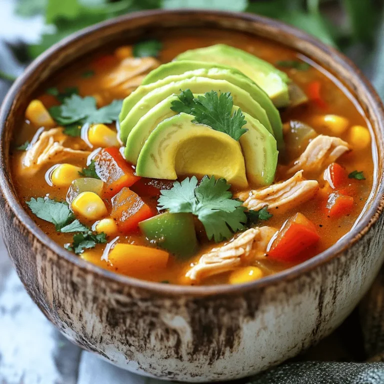 For a quick and flavorful meal, here’s what you need for Easy Chicken Fajita Soup: - 1 lb boneless, skinless chicken breasts, diced into bite-sized pieces - 1 tablespoon olive oil - 1 large onion, thinly sliced - 1 red bell pepper, thinly sliced - 1 green bell pepper, thinly sliced - 2 cloves garlic, minced - 1 can (15 oz) black beans, thoroughly drained and rinsed - 1 can (15 oz) diced tomatoes with green chilies - 4 cups chicken broth - 1 tablespoon chili powder - 1 teaspoon ground cumin - 1 teaspoon smoked paprika - Salt and freshly cracked pepper, to taste - 1 cup corn (use frozen or drained canned corn) - Juice of 1 fresh lime - Fresh cilantro, finely chopped (for garnish) - Slices of ripe avocado (for topping) Easy Chicken Fajita Soup relies on fresh and pantry staples. The chicken brings protein. Onions and peppers add crunch and flavor. Garlic boosts taste. Black beans add fiber and texture. Diced tomatoes with green chilies give a tangy kick. Chicken broth ensures the soup is rich and comforting. You can enhance the soup with toppings. Fresh cilantro adds brightness. Creamy avocado adds richness. A squeeze of lime gives a fresh finish. These garnishes make each bowl feel special and inviting! To start, gather your chicken and vegetables. Use 1 lb of boneless, skinless chicken breasts. Dice them into bite-sized pieces. This helps them cook evenly. Next, slice 1 large onion and 1 red and 1 green bell pepper. Thin slices blend well into the soup. Mince 2 cloves of garlic, which will add great flavor. Heat 1 tablespoon of olive oil in a large pot or Dutch oven over medium heat. Once hot, add the chicken pieces. Cook them for 5-7 minutes, stirring often until they turn golden brown. This step seals in juices and flavor. Add the sliced onion and bell peppers to the pot. Cook for 4-5 minutes until they soften. Stir in the minced garlic for about 1 minute. You want it fragrant but not brown. Next, pour in 1 can of diced tomatoes with green chilies and 4 cups of chicken broth. Add 1 can of black beans, drained and rinsed, and 1 cup of corn. Mix everything well. Season the soup with 1 tablespoon of chili powder, 1 teaspoon of ground cumin, 1 teaspoon of smoked paprika, salt, and cracked pepper. Turn up the heat to bring the soup to a gentle boil. Then lower to a simmer. Cover the pot and let it cook for 15-20 minutes. Stir occasionally. This time allows all the flavors to blend perfectly. Just before serving, stir in the juice of 1 fresh lime. This adds a bright flavor. Serve the soup hot in bowls. Top each bowl with chopped fresh cilantro and slices of creamy avocado. For the full recipe, check the earlier section. Enjoy your delicious Easy Chicken Fajita Soup! To make the best chicken fajita soup, use two main methods: sautéing and simmering. Start by sautéing the chicken in olive oil. This creates a nice sear. It adds great flavor. Cook the chicken for about 5-7 minutes until it is golden. Next, add your onions and peppers. Sauté these for 4-5 minutes until they soften. This step builds a strong base for your soup. After you add the rest of the ingredients, simmer the soup. Keep it on low heat for 15-20 minutes. This helps the flavors blend. It makes the soup richer and tastier. Stir occasionally to prevent sticking. To boost the flavor, consider adding a few extra spices. You can add a pinch of cayenne for heat. If you like smoke, try adding more smoked paprika. Fresh lime juice gives a bright taste. Add it just before serving for the best flavor. Fresh cilantro adds freshness, too. These small tweaks can make your soup shine. For this recipe, you need a few key tools. A large pot or Dutch oven works best for cooking. Use a sharp knife for slicing your veggies. A cutting board is essential for safe chopping. A wooden spoon helps stir the soup without scratching the pot. These tools make cooking easy and fun. For the full recipe, check the detailed instructions above. {{image_4}} You can change the protein in your soup. Feel free to use shredded rotisserie chicken, turkey, or even tofu. For veggies, swap in zucchini or mushrooms. These swaps add new flavors and textures. You can even try different beans like kidney or pinto beans. Each change makes the soup unique. If you want a gluten-free version, use gluten-free broth. Most canned goods are gluten-free, but check the labels. For a vegetarian option, skip the chicken and double the beans. You can add more veggies like carrots or spinach. This keeps the soup hearty and satisfying. To make the soup mild, skip the chili powder and use sweet paprika instead. If you want more heat, add jalapeños or cayenne pepper. You can also use hot salsa for a spicy kick. Adjust the spices until you find your perfect level. Cooking is all about your taste! To store leftovers of your Easy Chicken Fajita Soup, allow it to cool first. Then, place it in an airtight container. This keeps the soup fresh and safe to eat. You can store it in the fridge for up to three days. When you're ready to enjoy it again, just take it out and reheat. If you want to save some for later, freezing is a great option. Pour the cooled soup into freezer-safe bags or containers. Leave some space at the top, as it will expand when frozen. You can freeze it for up to three months. When you want to eat it, move it to the fridge to thaw overnight. To reheat the soup, pour it into a pot over medium heat. Stir it often to prevent sticking. Heat until it's hot all the way through. If you want to keep the flavor fresh, add a splash of lime juice before serving. Enjoy your soup just like the first time! Yes, you can use rotisserie chicken. It saves time and adds flavor. Just shred the chicken and add it to the pot during the last 10 minutes of cooking. This keeps it moist and delicious. You can also skip the first steps of cooking raw chicken. This way, you speed up the recipe and still enjoy great taste. To make your soup spicier, add diced jalapeños or a pinch of cayenne pepper. You can also mix in hot sauce to your taste. Another option is to use spicy diced tomatoes instead of regular ones. Start with a small amount, then taste and adjust as needed. This way, you can find the right heat level for your liking. This soup pairs well with tortilla chips or warm bread. You can also serve it with a side salad for a fresh touch. Slices of lime or fresh avocado on top add a great flavor boost. If you want to make it a full meal, add rice or quinoa for extra filling. Enjoy your delicious soup with these tasty sides! This blog post showed you how to make Easy Chicken Fajita Soup. We covered essential ingredients, step-by-step cooking, and tips for perfect flavor. You learned about fun variations and how to store leftovers well. Remember, you can adjust heat levels to suit your taste. Experiment with garnishes or try different proteins to keep things fresh. Enjoy every sip of your delicious soup, and share it with friends!