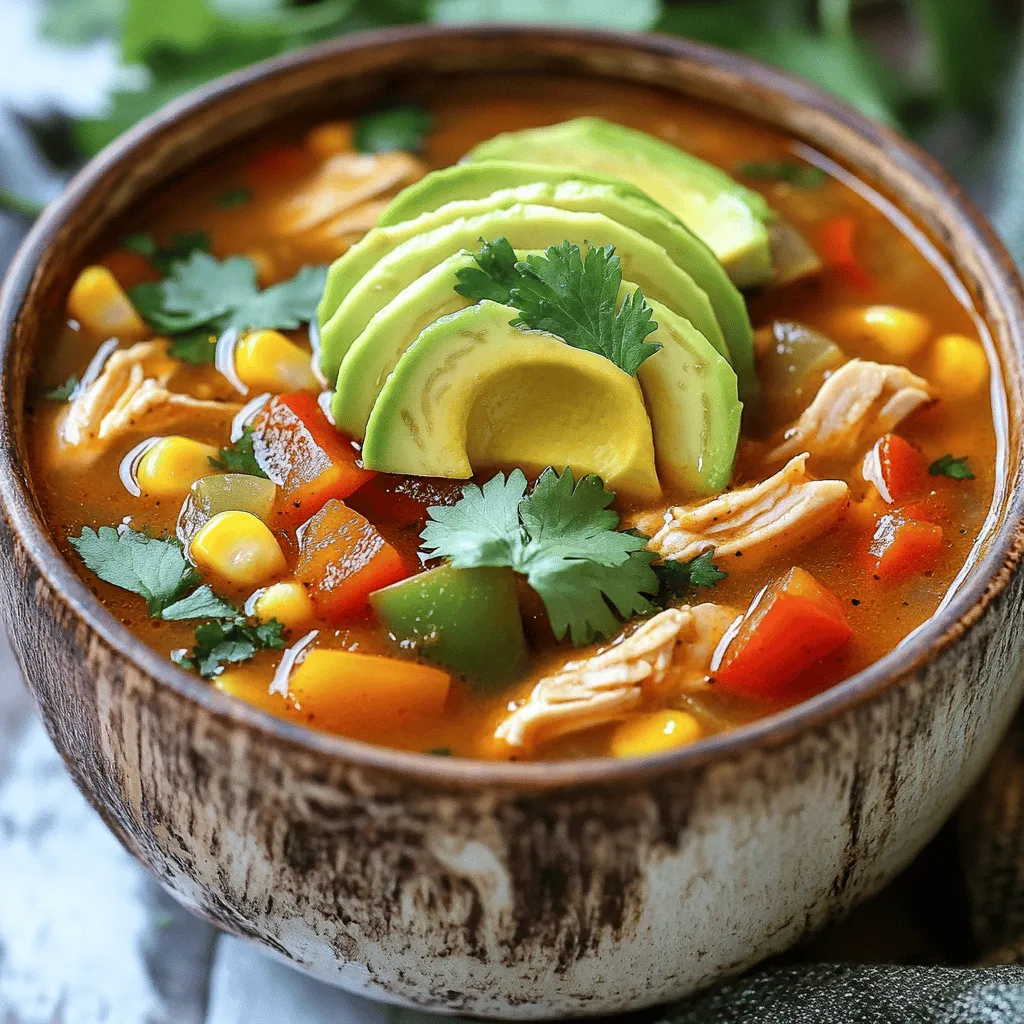 For a quick and flavorful meal, here’s what you need for Easy Chicken Fajita Soup: - 1 lb boneless, skinless chicken breasts, diced into bite-sized pieces - 1 tablespoon olive oil - 1 large onion, thinly sliced - 1 red bell pepper, thinly sliced - 1 green bell pepper, thinly sliced - 2 cloves garlic, minced - 1 can (15 oz) black beans, thoroughly drained and rinsed - 1 can (15 oz) diced tomatoes with green chilies - 4 cups chicken broth - 1 tablespoon chili powder - 1 teaspoon ground cumin - 1 teaspoon smoked paprika - Salt and freshly cracked pepper, to taste - 1 cup corn (use frozen or drained canned corn) - Juice of 1 fresh lime - Fresh cilantro, finely chopped (for garnish) - Slices of ripe avocado (for topping) Easy Chicken Fajita Soup relies on fresh and pantry staples. The chicken brings protein. Onions and peppers add crunch and flavor. Garlic boosts taste. Black beans add fiber and texture. Diced tomatoes with green chilies give a tangy kick. Chicken broth ensures the soup is rich and comforting. You can enhance the soup with toppings. Fresh cilantro adds brightness. Creamy avocado adds richness. A squeeze of lime gives a fresh finish. These garnishes make each bowl feel special and inviting! To start, gather your chicken and vegetables. Use 1 lb of boneless, skinless chicken breasts. Dice them into bite-sized pieces. This helps them cook evenly. Next, slice 1 large onion and 1 red and 1 green bell pepper. Thin slices blend well into the soup. Mince 2 cloves of garlic, which will add great flavor. Heat 1 tablespoon of olive oil in a large pot or Dutch oven over medium heat. Once hot, add the chicken pieces. Cook them for 5-7 minutes, stirring often until they turn golden brown. This step seals in juices and flavor. Add the sliced onion and bell peppers to the pot. Cook for 4-5 minutes until they soften. Stir in the minced garlic for about 1 minute. You want it fragrant but not brown. Next, pour in 1 can of diced tomatoes with green chilies and 4 cups of chicken broth. Add 1 can of black beans, drained and rinsed, and 1 cup of corn. Mix everything well. Season the soup with 1 tablespoon of chili powder, 1 teaspoon of ground cumin, 1 teaspoon of smoked paprika, salt, and cracked pepper. Turn up the heat to bring the soup to a gentle boil. Then lower to a simmer. Cover the pot and let it cook for 15-20 minutes. Stir occasionally. This time allows all the flavors to blend perfectly. Just before serving, stir in the juice of 1 fresh lime. This adds a bright flavor. Serve the soup hot in bowls. Top each bowl with chopped fresh cilantro and slices of creamy avocado. For the full recipe, check the earlier section. Enjoy your delicious Easy Chicken Fajita Soup! To make the best chicken fajita soup, use two main methods: sautéing and simmering. Start by sautéing the chicken in olive oil. This creates a nice sear. It adds great flavor. Cook the chicken for about 5-7 minutes until it is golden. Next, add your onions and peppers. Sauté these for 4-5 minutes until they soften. This step builds a strong base for your soup. After you add the rest of the ingredients, simmer the soup. Keep it on low heat for 15-20 minutes. This helps the flavors blend. It makes the soup richer and tastier. Stir occasionally to prevent sticking. To boost the flavor, consider adding a few extra spices. You can add a pinch of cayenne for heat. If you like smoke, try adding more smoked paprika. Fresh lime juice gives a bright taste. Add it just before serving for the best flavor. Fresh cilantro adds freshness, too. These small tweaks can make your soup shine. For this recipe, you need a few key tools. A large pot or Dutch oven works best for cooking. Use a sharp knife for slicing your veggies. A cutting board is essential for safe chopping. A wooden spoon helps stir the soup without scratching the pot. These tools make cooking easy and fun. For the full recipe, check the detailed instructions above. {{image_4}} You can change the protein in your soup. Feel free to use shredded rotisserie chicken, turkey, or even tofu. For veggies, swap in zucchini or mushrooms. These swaps add new flavors and textures. You can even try different beans like kidney or pinto beans. Each change makes the soup unique. If you want a gluten-free version, use gluten-free broth. Most canned goods are gluten-free, but check the labels. For a vegetarian option, skip the chicken and double the beans. You can add more veggies like carrots or spinach. This keeps the soup hearty and satisfying. To make the soup mild, skip the chili powder and use sweet paprika instead. If you want more heat, add jalapeños or cayenne pepper. You can also use hot salsa for a spicy kick. Adjust the spices until you find your perfect level. Cooking is all about your taste! To store leftovers of your Easy Chicken Fajita Soup, allow it to cool first. Then, place it in an airtight container. This keeps the soup fresh and safe to eat. You can store it in the fridge for up to three days. When you're ready to enjoy it again, just take it out and reheat. If you want to save some for later, freezing is a great option. Pour the cooled soup into freezer-safe bags or containers. Leave some space at the top, as it will expand when frozen. You can freeze it for up to three months. When you want to eat it, move it to the fridge to thaw overnight. To reheat the soup, pour it into a pot over medium heat. Stir it often to prevent sticking. Heat until it's hot all the way through. If you want to keep the flavor fresh, add a splash of lime juice before serving. Enjoy your soup just like the first time! Yes, you can use rotisserie chicken. It saves time and adds flavor. Just shred the chicken and add it to the pot during the last 10 minutes of cooking. This keeps it moist and delicious. You can also skip the first steps of cooking raw chicken. This way, you speed up the recipe and still enjoy great taste. To make your soup spicier, add diced jalapeños or a pinch of cayenne pepper. You can also mix in hot sauce to your taste. Another option is to use spicy diced tomatoes instead of regular ones. Start with a small amount, then taste and adjust as needed. This way, you can find the right heat level for your liking. This soup pairs well with tortilla chips or warm bread. You can also serve it with a side salad for a fresh touch. Slices of lime or fresh avocado on top add a great flavor boost. If you want to make it a full meal, add rice or quinoa for extra filling. Enjoy your delicious soup with these tasty sides! This blog post showed you how to make Easy Chicken Fajita Soup. We covered essential ingredients, step-by-step cooking, and tips for perfect flavor. You learned about fun variations and how to store leftovers well. Remember, you can adjust heat levels to suit your taste. Experiment with garnishes or try different proteins to keep things fresh. Enjoy every sip of your delicious soup, and share it with friends!
