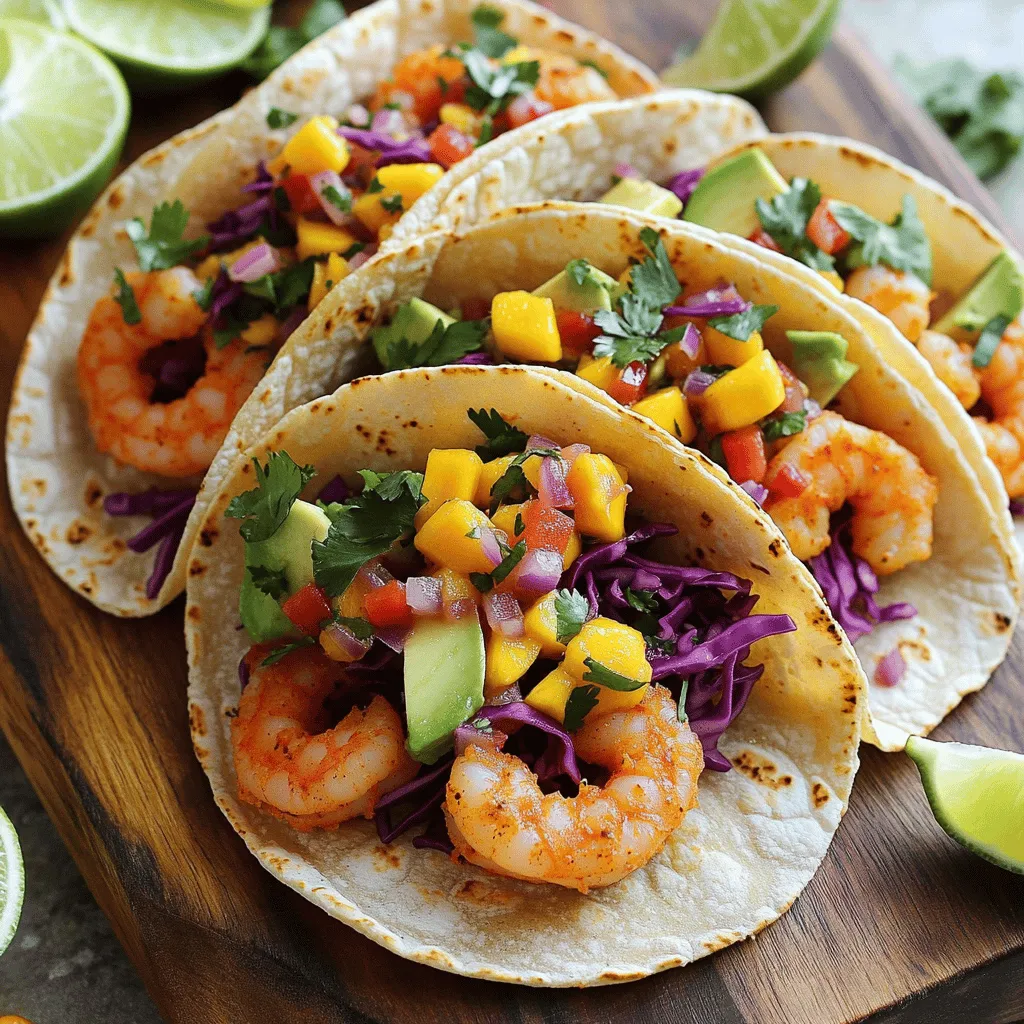 - Medium shrimp - Extra virgin olive oil - Corn tortillas - Ripe mango - Red onion - Fresh cilantro - Smoked chili powder - Garlic powder - Fresh lime juice When making spicy shrimp tacos, choose fresh medium shrimp. The shrimp should be peeled and deveined for a clean taste. I love using extra virgin olive oil to keep the shrimp moist and flavorful. For the base, corn tortillas add a wonderful texture. They warm up beautifully and hold all the delicious layers. For the mango salsa, get a ripe mango. The sweetness of the mango pairs so well with the spice. A finely chopped red onion adds crunch and a slight bite. Fresh cilantro brings a bright note that makes everything pop. For seasoning, smoked chili powder offers a deep flavor. Garlic powder is a must for that savory touch. Finally, a splash of fresh lime juice brightens everything. It enhances the shrimp and salsa, making each bite a fresh delight. You can find the full recipe in the article. Enjoy crafting these tasty tacos! To make a fresh mango salsa, start by gathering your ingredients. In a medium bowl, combine the following: - 1 perfectly ripe mango, finely diced - 1/2 medium red onion, finely chopped - 1 medium red bell pepper, diced - 1 fresh jalapeño, deseeded and minced - 2 tablespoons fresh cilantro, chopped Next, squeeze in the juice of one lime. Season with salt and freshly ground black pepper to taste. Mix well to combine all the flavors. Let the salsa chill in the fridge while you prepare the shrimp. Chilling helps the flavors blend together nicely. In a mixing bowl, toss together the shrimp and spices. Combine: - 2 tablespoons extra virgin olive oil - 2 teaspoons smoked chili powder - 1 teaspoon ground cumin - 1 teaspoon garlic powder - 1/2 teaspoon cayenne pepper (adjust for desired heat) - Salt and freshly ground black pepper to taste Make sure the shrimp are evenly coated with the spice mixture. This step brings out the best flavor in the shrimp, making your tacos exciting and tasty. Heat a large skillet over medium-high heat. Once hot, add the seasoned shrimp to the skillet. Cook each side for about 2-3 minutes. You’ll know the shrimp are done when they turn pink and opaque. This shows they are fully cooked. When done, remove the skillet from the heat. Warm your corn tortillas in the same skillet or on a separate griddle. Heat them for about 30 seconds on each side. This will make them soft and easy to fold. Now, take each warmed tortilla and layer it with: - Cooked shrimp - A handful of shredded red cabbage - A few slices of avocado Finally, spoon a generous amount of the chilled mango salsa over each taco. This adds a vibrant touch and a sweet contrast to the spicy shrimp. Enjoy your fresh delight! For detailed information, check the Full Recipe. How to choose the perfect shrimp When picking shrimp, look for firm and shiny shells. They should smell like the ocean, not like fish. Choose medium-sized shrimp for a nice bite. If buying frozen, check that they are not stuck together. Identifying ripe mangoes A ripe mango feels slightly soft when you press it. It should have a sweet smell near the stem. Look for skin that is yellow or red, but avoid any dark spots. A good mango adds sweetness to your tacos. Best skillet methods for shrimp Use a large skillet for even cooking. Preheat the skillet on medium-high heat before adding the shrimp. This helps them cook fast and stay juicy. Make sure not to overcrowd the pan; cook in batches if needed. Avoiding overcooking shrimp Cook the shrimp for just 2-3 minutes per side. They are done when they turn pink and opaque. Overcooking makes them tough and rubbery. Keep an eye on the color for perfect shrimp every time. Ideas for taco toppings Try adding toppings like shredded cheese, fresh cilantro, or zesty lime wedges. Sliced jalapeños add extra heat. You can also use sour cream or Greek yogurt for creaminess. Be creative with your toppings! Pairing side dishes with tacos Serve your tacos with a side of rice or beans for a complete meal. A fresh salad pairs well too. You can also offer tortilla chips and salsa for a nice crunch. Enjoy these tasty combinations! {{image_4}} You can swap shrimp for chicken or fish. Chicken works great if you marinate it like the shrimp. Use the same spices to keep it tasty. For fish, go with firm varieties like cod or halibut. Cook them the same way as the shrimp. If you want a vegetarian option, use black beans or grilled veggies. These add flavor and texture to your tacos. Feel free to mix up the salsa too. Pineapple salsa is a sweet twist. Just replace mango with diced pineapple. It pairs well with the shrimp. Another option is avocado salsa. Mash ripe avocados and mix them with lime juice, salt, and diced onion. This creamy salsa gives a smooth contrast to the crunchy taco. Not everyone likes spice. You can make mild salsa by skipping the jalapeño. Just use more mango and onion for a fresh taste. For the shrimp, cut back on cayenne pepper. This keeps the shrimp flavorful without too much heat. Adjusting these elements helps you cater to everyone’s tastes. Try these variations to keep your spicy shrimp tacos exciting and new! For the full recipe, check out the detailed steps above. To keep your tacos fresh, wrap them tightly in plastic wrap or foil. This helps keep the moisture in. Place them in an airtight container for added protection. When reheating, use a skillet over low heat. This way, the tortillas stay crisp while warming the shrimp. Avoid using a microwave, as it can make the tacos soggy. For salsa, store it in a glass jar or airtight container. Make sure to press a piece of plastic wrap against the surface. This prevents air from causing browning. In the fridge, salsa lasts about 3-5 days. Use it as a topping for grilled chicken or as a dip for chips. Prep shrimp and mango salsa a day ahead. This saves time when you are ready to eat. Chop your veggies and store them in separate containers. When it’s time to serve, warm the tortillas and assemble the tacos. This way, they stay fresh and tasty! To make spicy shrimp tacos, follow these easy steps: 1. Start with fresh shrimp. Peel and devein them. 2. Toss shrimp in olive oil and spices. Use smoked chili powder and cayenne. 3. Cook shrimp in a hot skillet for 2-3 minutes per side. 4. Warm corn tortillas for a few seconds in a skillet. 5. Layer cooked shrimp on tortillas with red cabbage and avocado. 6. Top with mango salsa for a fresh kick. For the full recipe, check out the details above. Yes, you can prep this recipe ahead of time. Here’s how: - Make the mango salsa a day in advance. Keep it in the fridge. - Cook the shrimp a few hours before serving. Store them in an airtight container. - Warm tortillas just before serving for the best taste. If you want to switch up the tortillas, here are some great options: - Flour tortillas for a softer bite. - Lettuce wraps for a low-carb choice. - Whole wheat tortillas for extra fiber. To control spice in your shrimp, try these tips: - Use less cayenne pepper for milder shrimp. - Add more chili powder for a smoky flavor without too much heat. - For extra heat, include diced jalapeños in the shrimp mix. Adjust spices to fit your taste! In this blog, we explored the joyful process of making tasty shrimp tacos. We discussed key ingredients like fresh shrimp and ripe mangoes. The step-by-step guide made cooking easy, while tips helped you choose and prepare ingredients well. You can impress friends with various taco options and salsas. Remember, cooking can be fun and creative! Enjoy your tacos, and don’t be afraid to experiment with flavors. Your culinary adventures can lead to delicious results!