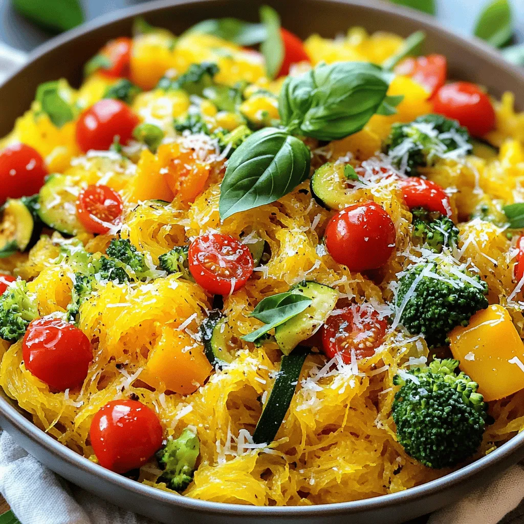 In this dish, we use fresh and colorful ingredients. The spaghetti squash serves as the base. It transforms into delicious noodle-like strands. We then add a mix of vibrant vegetables. This recipe balances flavors and showcases seasonal produce. - 1 medium-sized spaghetti squash - 2 tablespoons extra virgin olive oil - 1 red bell pepper, diced into small pieces - 1 yellow bell pepper, diced into small pieces - 1 medium zucchini, sliced into half-moons - 1 cup cherry tomatoes, halved - 1 cup broccoli florets, chopped - 3 cloves garlic, finely minced - 1 teaspoon Italian seasoning blend - Salt and freshly cracked black pepper, to taste - ¼ cup freshly grated Parmesan cheese (optional for serving) - Fresh basil leaves, for garnish Using fresh ingredients gives the dish a bright taste. The variety of veggies adds crunch and color. You can adjust the mix based on what you have. This recipe makes for a healthy and appealing meal. First, preheat your oven to 400°F (200°C). This step gets your oven ready while you prep the squash. Next, take your medium-sized spaghetti squash and cut it in half lengthwise. Be careful with your knife! Once the squash is cut, scoop out the seeds and stringy bits with a spoon. Drizzle 1 tablespoon of extra virgin olive oil over the cut sides. Season generously with salt and freshly cracked black pepper. Lay the squash cut-side down on a lined baking sheet. This makes for easy cleanup later. Now, let’s roast the squash! Place the baking sheet in the oven and bake for about 30-40 minutes. You’ll know it’s done when the flesh feels tender when you poke it with a fork. The flesh should easily shred into noodle-like strands. While the squash roasts, heat the remaining tablespoon of olive oil in a large skillet over medium heat. Add the diced red and yellow bell peppers, sliced zucchini, and chopped broccoli florets. Sauté these colorful veggies for about 5-7 minutes until they start to soften. Next, add the halved cherry tomatoes and minced garlic. Cook for an additional 3-4 minutes. This allows the tomatoes to soften and mix their juices with the other veggies. Season with Italian seasoning, salt, and pepper to taste. Stir everything until well mixed, then remove from heat. Once the squash is roasted, let it cool for a few minutes. Use a fork to scrape out the flesh into long strands and transfer them to a mixing bowl. Fold in the sautéed vegetable medley, mixing well to combine the flavors. If you like, top with freshly grated Parmesan cheese before serving. For a lovely finish, garnish with fresh basil leaves. Enjoy your flavorful dish! To cut spaghetti squash, use a sharp knife. This helps you slice it easily. Always cut it lengthwise. This way, you get long strands. When handling, be careful of the tough skin. It can slip when you cut. A stable cutting board helps a lot. To boost the flavor, try using fresh herbs. Basil adds a nice touch. Oregano and thyme work well too. For heat, sprinkle in some red pepper flakes. If you like cheese, use Parmesan or feta. They give a creamy taste. Garnishing makes your dish shine. Use fresh basil leaves to add color. You can also sprinkle some extra cheese on top. A drizzle of olive oil adds gloss. Serve it in the squash halves for a fun look. This makes it eye-catching and tasty. For the full recipe, check out the details above. {{image_4}} You can change the veggies in Spaghetti Squash Primavera. Use what you love! Instead of bell peppers, try carrots or asparagus. Spinach adds great color and nutrition. Cauliflower gives a nice crunch. You can mix and match to make it your own. Adding protein makes this dish heartier. You can use chicken or shrimp for meat lovers. For a plant-based option, try chickpeas or tofu. Both options blend well with the squash and veggies. Just cook them separately and toss them in at the end. While Italian seasoning is great, don’t be afraid to explore other flavors. Try a taco seasoning for a fun twist. A curry powder can make it warm and spicy. You could also use lemon zest for a bright, fresh flavor. Experimenting with spices can change the whole dish! For the complete recipe, check out the Full Recipe section. To keep your spaghetti squash primavera fresh, place it in an airtight container. Make sure to cool it before sealing. Store it in the fridge for up to three days. This method helps maintain the flavor and texture of the dish. If you notice any moisture, use a paper towel to absorb it. This keeps the squash from becoming soggy. You can freeze spaghetti squash primavera if you want to enjoy it later. First, let it cool completely. Then, portion it into freezer-safe bags. Squeeze out as much air as possible before sealing. This helps prevent freezer burn. Label the bags with the date. You can store them for up to three months. When you're ready to eat, thaw the bags in the fridge overnight. Reheating properly is key to keeping your dish tasty. For the best results, use a skillet over medium heat. Add a splash of olive oil to prevent sticking. Heat the dish for about 5-7 minutes, stirring often. This method helps keep the texture intact. You can also use the microwave if you're short on time. Place the primavera in a microwave-safe dish and cover it. Heat for 1-2 minutes, checking often to avoid overcooking. Enjoy your flavorful and fresh delight! Spaghetti squash is a unique winter squash. When cooked, its flesh turns into long, stringy strands. These strands look like spaghetti, which is why we call it that. You can use spaghetti squash as a low-carb substitute for pasta. It is great for dishes like Spaghetti Squash Primavera or a simple marinara sauce. You know spaghetti squash is cooked when it feels tender. Use a fork to poke it. If it goes in easily, it is done. The skin should also be slightly soft. After roasting, scrape the inside with a fork. It should pull away in strands easily. Yes, you can make Spaghetti Squash Primavera ahead of time. Cook the squash and veggies, then let them cool. Store them in airtight containers in the fridge. When you're ready, just reheat. This dish tastes great even after a day or two. You can find the Full Recipe here. Cooking spaghetti squash is simple and fun. We covered the ingredients, steps, and tips to make a tasty dish. Use fresh veggies, season well, and try different proteins for variety. Remember to store leftovers properly to keep them fresh. Spaghetti squash is versatile and easy to adapt for any meal. Enjoy experimenting with flavors and serving it in creative ways. Cooking should be enjoyable and satisfying, so dive in and start your kitchen adventure!