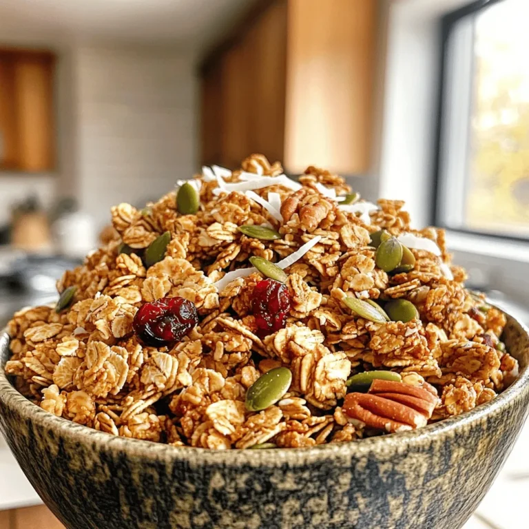 - 2 cups rolled oats - 1 cup pecans, coarsely chopped - 1/2 cup pumpkin seeds (pepitas) - 1/2 cup unsweetened shredded coconut These main ingredients form the base of your granola. Rolled oats offer a chewy texture and provide fiber. Pecans add a lovely crunch and rich flavor. Pumpkin seeds bring a nice nutty taste and extra nutrition. Unsweetened shredded coconut gives a hint of sweetness and a tropical twist. - 1/2 cup pure maple syrup - 1/4 cup coconut oil, melted and slightly cooled - 1 teaspoon pure vanilla extract Sweeteners and oils bring balance to the granola. Pure maple syrup sweetens while adding depth. Coconut oil keeps your granola crispy and helps it clump. Pure vanilla extract enhances the overall flavor, making each bite delightful. - 1/2 teaspoon ground cinnamon - 1/4 teaspoon fine sea salt - Optional add-ins (e.g., dried fruits) Spices and seasoning elevate the taste of your granola. Ground cinnamon adds warmth and comfort. Fine sea salt enhances the sweetness of the maple syrup. You can also add dried fruits to make your granola more exciting. Try cranberries or raisins for a sweet surprise. For the complete recipe, check out the Full Recipe section. Enjoy making this crunchy, nutritious snack! First, preheat your oven to 350°F (175°C). This heat will help the granola get that nice crunch. Next, gather your dry ingredients. In a big bowl, mix together: - 2 cups rolled oats - 1 cup pecans, coarsely chopped - 1/2 cup pumpkin seeds (pepitas) - 1/2 cup unsweetened shredded coconut - 1/2 teaspoon ground cinnamon - 1/4 teaspoon fine sea salt Make sure to stir well. You want all the dry bits to blend nicely. Now, it’s time to whip up the wet mix. In a separate bowl, whisk together: - 1/2 cup pure maple syrup - 1/4 cup coconut oil, melted and slightly cooled - 1 teaspoon pure vanilla extract Whisk until it looks smooth. This mixture will sweeten and flavor your granola. Pour the wet mix over the dry ingredients. Use a spatula to fold everything together. Make sure each oat and nut gets coated. Then, spread the granola mixture onto a baking sheet lined with parchment paper. Lay it out in an even layer. This helps it bake evenly. Place your baking sheet in the oven. Bake for about 25-30 minutes. Halfway through, stir the granola. This step is key to getting it golden and toasty. Look for a nice brown color and a sweet smell to know it’s ready. After baking, take it out and let it cool. Cooling is very important for that perfect crunchy texture. Once cool, add in 1/2 cup of dried cranberries or your favorite dried fruit. This adds a nice touch of sweetness. For the full recipe, check out the detailed instructions above. To get that ideal crunch in your maple pecan granola, cooling it properly is key. After baking, let the granola cool completely on the baking sheet. This step allows it to harden and form that perfect texture. If you move it too soon, it can become soft. For storage, use an airtight container. This keeps your granola fresh for longer. It’s best to store it in a cool, dry place. If you keep it sealed, it can last up to two weeks. You can easily adjust the sweetness to fit your taste. If you prefer a sweeter granola, add more maple syrup. If you want it less sweet, reduce the amount you use. Switching nuts or seeds is another fun way to make the recipe your own. You might try almonds or walnuts in place of pecans. You could also use sunflower seeds instead of pumpkin seeds. The options are endless! Pair your granola with yogurt and fresh fruits for a tasty breakfast. Just scoop some granola on top of creamy yogurt and add your favorite fruits. You can also enjoy granola as a snack throughout the day. It’s great on its own or mixed into trail mix. You can even sprinkle it over oatmeal for added crunch. If you want the full recipe, you can find it detailed earlier in the article. {{image_4}} You can change the taste of your maple pecan granola easily. Adding chocolate or cocoa powder gives it a sweet twist. Just mix in a few tablespoons of cocoa with your dry ingredients. You can even add chocolate chips after baking for a fun treat. Substituting different seeds or nuts is another great option. Try sunflower seeds, almonds, or walnuts. Each nut or seed brings its unique taste and texture. Get creative and find your favorite mix! Making this granola fit your diet is simple. For gluten-free options, use certified gluten-free oats. They will keep the crunch and flavor without gluten. If you want a vegan adaptation, replace the honey with extra maple syrup. This keeps it sweet without using any animal products. Enjoy your snack without worry! Seasonal dried fruits or spices can add a lovely touch. In the fall, try adding chopped apples or pumpkin spice. In the summer, dried mango or coconut flakes work well. Using fresh spices like cinnamon or nutmeg can also elevate your granola. These flavors keep your granola exciting all year long. Experiment with what you love and make it your own! To keep your Maple Pecan Granola fresh, use an airtight container. This helps lock in flavor and crunch. Glass jars or plastic containers work well. Avoid leaving granola in its original bag, as it may lose its texture. For long-term storage, consider placing granola in the fridge. The cool air keeps it fresh longer. Just make sure your container seals tightly to prevent moisture. How long does it last? When stored properly, your granola can last up to two weeks. After that, it starts to lose its taste and crunch. Look for signs of spoilage. If you notice a strange smell, or if the granola feels stale, it’s time to toss it. Fresh granola has a sweet aroma and a crisp texture. Granola is not just a snack! You can use it in many ways. Sprinkle it on yogurt or oatmeal for added crunch. It also makes a great topping for desserts. Use it on ice cream or as a layer in parfaits. If you want to get creative, add it to cookie dough for a fun twist. Maple pecan granola is packed with good food. Each ingredient offers great health benefits. - Rolled oats: They give you fiber. Fiber helps with digestion and keeps you full. - Pecans: These nuts are a source of healthy fats and protein. They help your heart. - Pumpkin seeds: Full of zinc and magnesium, they boost your immune system. - Dried fruits: If you add cranberries or raisins, they add vitamins and natural sweetness. This granola is a tasty way to get fiber and protein in your diet. You can enjoy it as a snack or breakfast. Yes, you can make granola without coconut. If you do not like coconut, here are some options: - Use more nuts: You can add extra pecans or even almonds instead. - Try seeds: Sunflower seeds or chia seeds work well too. You can also replace coconut oil with another oil. Use light olive oil or avocado oil for a different taste. Making clusters is easy with a few tips. You want your granola to stick together. - Add more sweetener: A bit of extra maple syrup helps bind the oats and nuts. - Press the mixture: When you spread it on the baking sheet, press it down. This helps create larger clusters. Baking it at the right temperature is key. Bake it slowly at 350°F until it's golden brown. Stir halfway to keep it even. This will give you crunchy, clumpy granola. For the full recipe, check out the Maple Pecan Granola Delight. This recipe for maple pecan granola covers all the bases. You learned about the key ingredients, from oats to spices. The step-by-step guide helps you prepare easily. You also got tips for a perfect crunch and ways to customize your granola. Remember, you can store it long-term if you keep it in an airtight container. Enjoy your granola with yogurt or as a snack. The possibilities are endless, so get creative with your flavors!