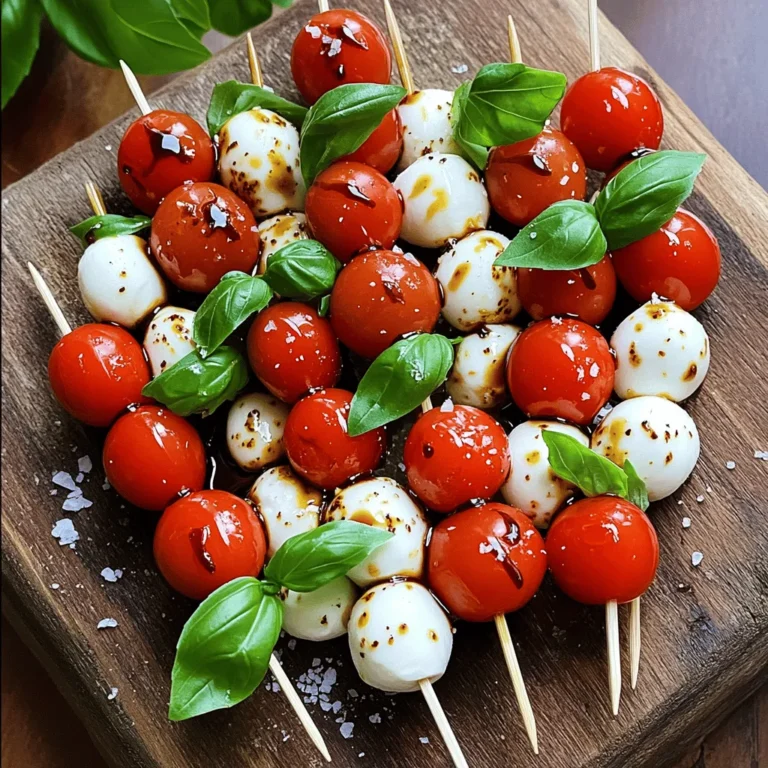For Mini Caprese Skewers, fresh ingredients are key. You will need: - 1 pint cherry tomatoes - Fresh basil leaves (about 12-15) Cherry tomatoes add sweetness and color. Look for ripe, firm tomatoes. They should be bright and shiny. Fresh basil leaves give a nice herbal flavor. Choose leaves that are vibrant green and free from brown spots. Cheese is the star of the skewer. Use fresh mozzarella balls, also known as bocconcini. You need about 8 ounces. Mozzarella has a creamy texture that complements tomatoes. It melts in your mouth and enhances each bite. For a unique twist, try flavored mozzarella, like herbed or smoked varieties. Condiments bring your skewers to life. You will need: - Balsamic glaze (store-bought or homemade) - Extra virgin olive oil (about 2 tablespoons) - Salt and freshly ground black pepper to taste Balsamic glaze adds a sweet and tangy kick. Drizzle it over the skewers for a beautiful finish. Extra virgin olive oil enhances the flavors. It adds richness and depth. Finally, season with salt and pepper to brighten the dish. For a spicy touch, consider crushed red pepper flakes. They add a fun kick that pairs well with all the flavors. For the full recipe, check the details above. Start by washing the cherry tomatoes and fresh basil leaves. Rinse them under cold water for a clean taste. Next, dry them gently with a clean towel. This step makes sure they stay fresh and tasty. Now, gather your cheese! Use fresh mozzarella balls, known as bocconcini. They are creamy and perfect for these skewers. Grab your skewers or toothpicks. Begin threading the ingredients in this order: one cherry tomato, one mozzarella ball, and one basil leaf. Repeat this pattern until your skewer is full. I recommend using 3-4 sets on each skewer. This way, every bite is balanced and delicious. Leave a little space at both ends for easy handling. Once you finish assembling, place the skewers nicely on a serving platter. This makes them look inviting. Drizzle about two tablespoons of extra virgin olive oil over them. Then add balsamic glaze for a sweet touch. Don’t forget to sprinkle salt and pepper to enhance the flavors. For a fun twist, add crushed red pepper flakes for a little heat. Serve these mini caprese skewers right away for the best taste. If needed, chill them in the fridge until your guests arrive. Enjoy this simple appetizer delight! For the full recipe, check out the detailed instructions above. To get the best taste in your mini Caprese skewers, use fresh, ripe tomatoes. Cherry tomatoes are sweet and juicy. Look for mozzarella balls that are soft and creamy. Fresh basil adds a great scent and flavor. Drizzle extra virgin olive oil for richness. A splash of balsamic glaze adds sweetness and depth. Sprinkle salt and pepper to enhance all the flavors. For a kick, try crushed red pepper flakes. When building your skewers, start with a cherry tomato. Next, add a mozzarella ball. Follow with a fresh basil leaf. Keep repeating this order until the skewer is full. Aim for three to four sets on each skewer. This balance makes each bite tasty. Leave some space at the ends for easy handling. Use sturdy skewers or toothpicks to hold them together well. Make your skewers look great on the plate. Arrange them neatly in rows or circles. Drizzle olive oil and balsamic glaze over them for flair. This adds shine and color. You can also use a colorful platter to catch the eye. For a fun touch, add some whole basil leaves around the skewers. Your guests will love the look and taste of these mini Caprese skewers. Try the full recipe to impress your friends at your next gathering! {{image_4}} You can swap ingredients for fun twists. Try using grape tomatoes instead of cherry ones. They add a nice crunch. You can also use different cheeses like feta or goat cheese. These cheeses offer unique flavors. For a twist, add olives or artichokes to the skewers. This adds a salty bite that works well with the other ingredients. Mixing flavors makes these skewers even more exciting. Try adding slices of prosciutto or salami for a savory touch. You can also drizzle pesto instead of balsamic glaze for a fresh taste. If you like a bit of heat, sprinkle on some chili flakes. This gives each bite a nice kick. Experimenting with different oils, like infused garlic oil, can also enhance the flavor. Adjust the skewers for different seasons or holidays. In summer, add slices of ripe peaches or nectarines for sweetness. In the fall, consider using roasted butternut squash cubes. For holiday parties, add cranberries for a festive touch. You can even use themed picks or skewers to match your event. This makes your dish stand out and adds a fun element to your table. If you have leftover Mini Caprese skewers, store them in an airtight container. Line the bottom of the container with a paper towel to absorb moisture. Place the skewers in a single layer. This keeps them fresh and tasty. You can store them in the fridge for up to two days. To keep your skewers fresh, avoid adding balsamic glaze until you are ready to serve. This helps prevent sogginess. When storing, make sure the tomatoes and mozzarella are dry. Excess moisture can lead to spoilage. If the skewers start to look wilted, it is time to toss them. Freezing Mini Caprese skewers is not recommended. The fresh basil and mozzarella do not freeze well. They can become mushy when thawed. However, you can freeze the cherry tomatoes separately. Thawed tomatoes can work in sauces or soups, but they won't be good for skewers. Yes, you can make Mini Caprese Skewers ahead of time. Assemble them up to four hours before serving. Just keep them in the fridge until you're ready. This will help the flavors blend and keep them fresh. If you want to avoid sogginess, wait to drizzle the balsamic glaze until serving time. I recommend bamboo skewers or toothpicks for Mini Caprese Skewers. Bamboo is strong and easy to find. If you want something fancy, use stainless steel skewers. They are reusable and can add a touch of elegance to your dish. Make sure the skewers are not too thick to ensure easy eating. You can easily modify this recipe. For a dairy-free option, swap mozzarella for avocado or marinated tofu. If you want to make it vegan, skip the cheese or use a plant-based cheese. For gluten-free needs, this recipe is already safe! Just focus on fresh ingredients to keep it healthy and tasty. You now have all the tools needed to create tasty mini Caprese skewers. Fresh produce, the right cheese, and fun condiments blend together for great flavor. Follow the steps carefully to prepare, assemble, and present them well. Remember the tips on flavor and assembly for perfect skewers every time. Customize with seasonal ingredients to keep it fresh. Lastly, knowing how to store leftovers ensures you enjoy them later. With these insights, you can impress anyone at your next event.
