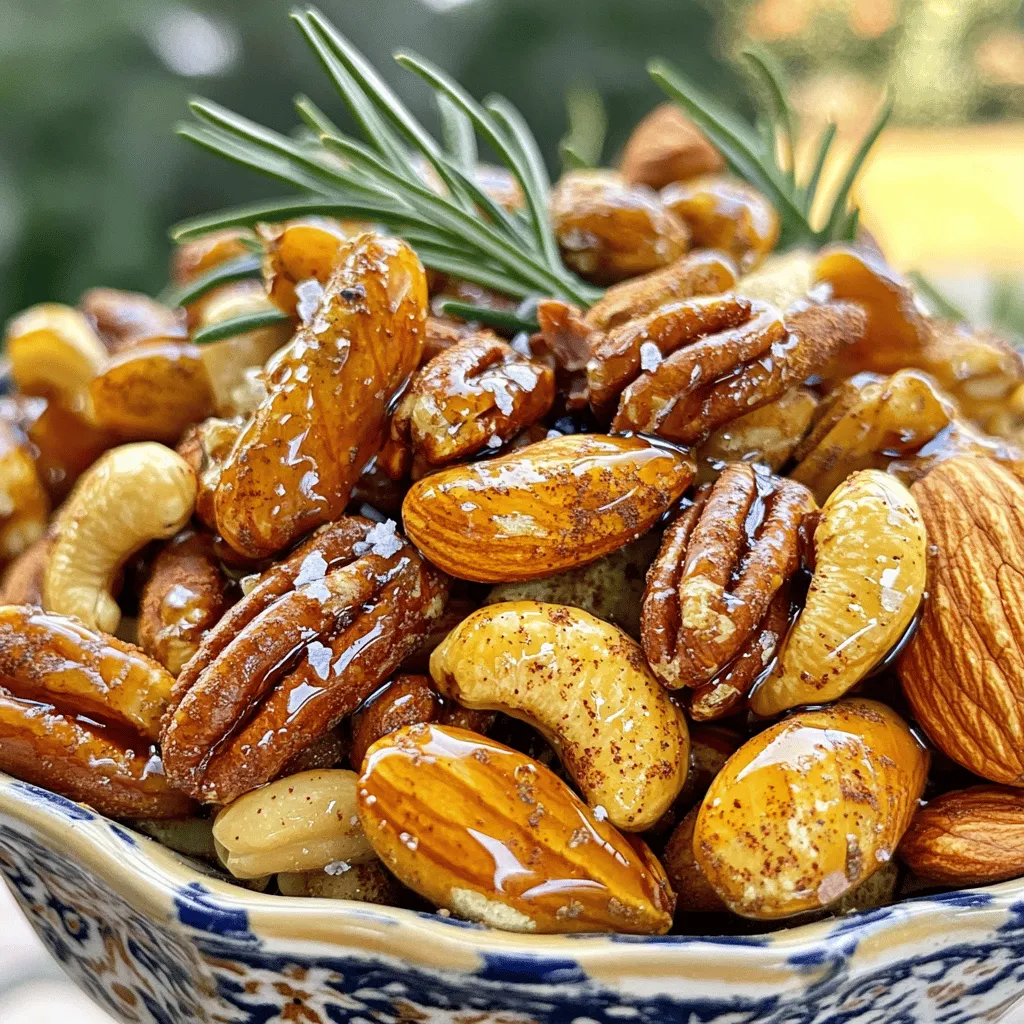 - 2 cups mixed nuts (almonds, cashews, pecans, walnuts) - 2 tablespoons extra virgin olive oil - 3 tablespoons pure maple syrup - 1 teaspoon cayenne pepper (adjust for spice) - 1 teaspoon smoked paprika - 1 teaspoon sea salt - 1 tablespoon brown sugar - 1 teaspoon pure vanilla extract - 1/2 teaspoon ground cinnamon - Baking sheet - Parchment paper - Mixing bowl - Spatula or wooden spoon To make sweet and spicy roasted nuts, gather your ingredients first. You need a mix of nuts. I prefer almonds, cashews, pecans, and walnuts. This blend gives a great texture and taste. Next, you'll need some extra virgin olive oil. This oil helps the nuts crisp up while roasting. Pure maple syrup adds sweetness and a lovely glaze. Adjust the cayenne pepper for spice. If you like heat, add more. Smoked paprika gives a nice smoky flavor. Sea salt balances everything out and brown sugar adds a touch of extra sweetness. Don't forget the vanilla extract! It rounds out the flavors. Finally, ground cinnamon adds warmth. For equipment, a baking sheet is essential. Line it with parchment paper for easy cleanup. A mixing bowl is needed to combine your ingredients. Use a spatula or wooden spoon to mix everything well. Once you have all your ingredients and equipment ready, you're set to create this delicious snack. For the full recipe and instructions, check out the Sweet and Spicy Roasted Nuts recipe. - Preheat oven to 350°F (175°C). - Line the baking sheet with parchment paper. - Combine nuts with olive oil and spices in a bowl. - Toss until nuts are evenly coated. To mix well, use a spatula or wooden spoon. Each nut should get a nice glaze. This step is fun and ensures every bite is flavorful. - Spread nuts in a single layer on the baking sheet. - Roast for 15-20 minutes, stirring halfway. Roasting helps enhance the nutty flavors. Keep a close eye on them so they don’t burn. When they smell great and look golden, they are ready! - Allow nuts to cool on the baking sheet. - Break apart any clusters and present. Letting them cool makes them crunchy. You can serve these nuts in a charming bowl. They also make a great snack or topping for salads. For the full recipe, check out the details above. To make sure your nuts roast just right, keep a close eye on them. Nuts can burn quickly. Stir them halfway through roasting for even cooking. This helps all sides get golden and crisp. You can change the spice level by adding more or less cayenne pepper. If you want more flavor, try other spices like garlic powder or cumin. Fresh herbs can also add a unique touch. For serving, choose a decorative bowl that enhances the look. A sprinkle of coarse sea salt on top adds flair. Add some fresh rosemary for extra visual appeal and aroma. {{image_4}} You can mix things up with different nuts. Use pecans or walnuts as your base. They add a nice crunch and rich flavor. You can also add seeds like pumpkin or sunflower. These seeds give extra texture and a health boost. Want a sweet twist? Try adding chocolate chips to the mix. They melt a bit and create a sweet surprise. You can also add fresh herbs or citrus zest. A hint of rosemary or orange zest can bring a fresh taste. If you want to switch things up, use honey or agave syrup instead of maple syrup. Both give a different sweetness level. Feel free to experiment with different sugars too. Coconut sugar or brown sugar can change the flavor and texture. For the full recipe, visit the section above. Store your sweet and spicy roasted nuts in an airtight container. This keeps them fresh and tasty. A cool, dry place works best. Avoid areas with heat or moisture. These can make your nuts go stale or soft. These nuts stay good for up to 2 weeks at room temperature. If you want them to last longer, refrigerate them in an airtight container. This can help them keep their crunchiness for a while. If your nuts become soft, you can re-crisp them. Simply reheat them in the oven at a low temperature. Stir them to ensure even heating. This way, they’ll be crunchy and ready to enjoy again. Yes, you can customize based on personal preference. Use your favorite nut. Almonds, cashews, or pecans work great alone or in a mix. Just remember to adjust cooking time if needed. Each nut has a different roasting time. To make this recipe vegan, use maple syrup or agave instead of honey. Both options provide sweetness without animal products. This swap does not change the flavor much. You still get a sweet and spicy treat! Nuts are rich in healthy fats, protein, and nutrients. They help support heart health. Nuts also provide energy and keep you feeling full. Eating nuts in moderation can be part of a healthy diet. Double the recipe to create a larger batch for sharing. This way, everyone can enjoy them. You can also serve them in small bowls for easy snacking. Add a sprinkle of sea salt for a finishing touch. Yes, sweet and spicy roasted nuts can be made in advance and stored. Allow them to cool completely before storing. Keep them in an airtight container to maintain freshness. They will last up to two weeks! In this post, we explored how to make sweet and spicy roasted nuts. You learned about the ingredients, equipment, and simple steps needed for perfect results. Remember to adjust spices to fit your taste. Feel free to experiment with different nut combinations. Proper storage keeps your nuts fresh, while adding fun variations can impress your guests. Enjoy crafting this tasty snack that everyone will love!