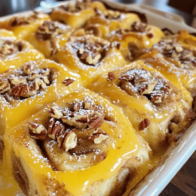 To make a tasty cinnamon roll casserole, you need these key items: - 2 cans of refrigerated cinnamon rolls (with icing) - 4 large eggs - 1 cup whole milk - 1 teaspoon vanilla extract - 1 teaspoon ground cinnamon - 1 tablespoon maple syrup These ingredients create a creamy, sweet base. The cinnamon rolls provide the main flavor. The eggs and milk form a rich custard. You can add these items for more taste and texture: - ½ cup chopped pecans (optional) - Powdered sugar for dusting (optional) The pecans add a nice crunch. The powdered sugar gives a sweet finish. You can skip these if you prefer a simpler dish. To make this dish, you’ll need: - A 9x13 inch baking dish - A mixing bowl - A whisk or fork - A butter knife or pizza cutter These tools make the process easy. The baking dish holds everything together. The mixing bowl helps you combine your ingredients. To start, you need to preheat your oven to 350°F (175°C). This step is key for the perfect bake. Next, grab your 9x13 inch baking dish. Lightly grease it with butter or cooking spray. This will help the casserole come out easily. Open the two cans of refrigerated cinnamon rolls. I love the smell of cinnamon as I do this! Cut each roll into quarters. Spread these pieces evenly in the dish. Make sure they are not too close together. This will help them bake nice and fluffy. In a medium bowl, it's time to make the custard. Crack open four large eggs and add them to the bowl. Pour in one cup of whole milk. Add one teaspoon of vanilla extract for flavor. Then, sprinkle in one teaspoon of ground cinnamon and one tablespoon of maple syrup. Whisk all these ingredients together until smooth. It should look creamy and delicious. This mixture will soak into the rolls and make them extra tasty. Now, pour your custard mixture over the cinnamon roll pieces. Gently toss the pieces to coat them well. If you want some crunch, sprinkle ½ cup of chopped pecans on top. Now you're ready to bake! Place the dish in your preheated oven. Bake for 25-30 minutes. Keep an eye on it; you want the casserole puffed and golden. To check if it’s done, insert a toothpick in the center. If it comes out clean, you’re all set! Once baked, let it cool for about five minutes. Drizzle the icing over the top for a sweet finish. You can also dust it with powdered sugar for that extra touch. Now, enjoy your delicious cinnamon roll casserole! To make the best cinnamon roll casserole, choose high-quality cinnamon rolls. Look for rolls with lots of cinnamon and sugar. Cut each roll into quarters evenly. This helps the pieces soak up the custard well. Mix the egg and milk mixture until it is smooth. Pour it over the rolls carefully. Toss gently to coat each piece. This ensures every bite is tasty. One common mistake is not greasing the baking dish. This can lead to a sticky mess. Another mistake is not letting the casserole cool before serving. It needs time to set for better slices. Avoid overbaking, as this can dry out the casserole. Check it at the 25-minute mark to see if it’s done. A toothpick should come out clean when it’s ready. Serve the cinnamon roll casserole warm right from the baking dish. Garnish it with chopped pecans for a nice crunch. Drizzle extra maple syrup on top for added sweetness. You can also dust it lightly with powdered sugar for a pretty touch. This dish is perfect for special occasions or cozy family breakfasts. It looks great and tastes even better! For the full recipe, check the earlier section. {{image_4}} You can easily swap some ingredients to fit your needs. If you need a dairy-free option, use almond milk instead of whole milk. You can also choose egg substitutes like flaxseed meal or applesauce. For a gluten-free version, look for gluten-free cinnamon rolls. These swaps keep the dish soft and tasty. To make your casserole even more fun, try adding flavors. You can mix in fresh fruits like blueberries or sliced bananas. Nuts like walnuts or almonds add crunch and taste. For a chocolate twist, add chocolate chips. You can also sprinkle in spices like nutmeg for a warm flavor. Change your casserole with the seasons. In fall, add pumpkin puree and a pinch of nutmeg for a cozy vibe. During winter, try adding peppermint extract to the egg mixture. For spring, fresh strawberries or lemon zest can brighten up the dish. Summer is perfect for peaches or cherries, making it fresh and fruity. Explore these variations to keep your cinnamon roll casserole exciting and new. For the full recipe, check out the details above. To store leftover cinnamon roll casserole, let it cool down first. Then, cover it tightly with plastic wrap or aluminum foil. You can also place it in an airtight container. This way, it stays fresh for your next breakfast. You can freeze cinnamon roll casserole if you want to save some for later. Cut the casserole into portions and wrap each piece well. Use plastic wrap first and then aluminum foil. For reheating, thaw the casserole in the fridge overnight. Heat it in the oven at 350°F (175°C) for about 15-20 minutes until warm. Leftover cinnamon roll casserole lasts in the fridge for up to three days. If you freeze it, it can be good for up to three months. Always check for any signs of spoilage before eating. If it smells off or has changed color, it’s best to throw it away. Yes, you can make the cinnamon roll casserole ahead of time. Prepare the casserole up to the baking step. Cover it tightly and store it in the fridge overnight. In the morning, bake it straight from the fridge. You may need to add a few extra minutes to the baking time. To check if your casserole is done baking, look for a puffed up texture. Insert a toothpick into the center. If it comes out clean, your casserole is ready. The top should also be golden brown and slightly firm to the touch. Cinnamon roll casserole pairs well with fresh fruits like berries or bananas. You can also serve it with whipped cream or vanilla ice cream for extra sweetness. A drizzle of maple syrup on top adds a nice touch too. If you want, a side of crispy bacon can balance the sweetness perfectly. In this article, we explored the essential and optional ingredients needed for a delicious cinnamon roll casserole. We walked through each step, from making the base to baking it just right. I shared tips to avoid common mistakes and suggestions for plating your dish beautifully. We also discussed ways to customize your casserole to fit different diets and preferences. Remember, enjoy the process and have fun trying new flavors. Your cinnamon roll casserole can be a tasty treat everyone loves!