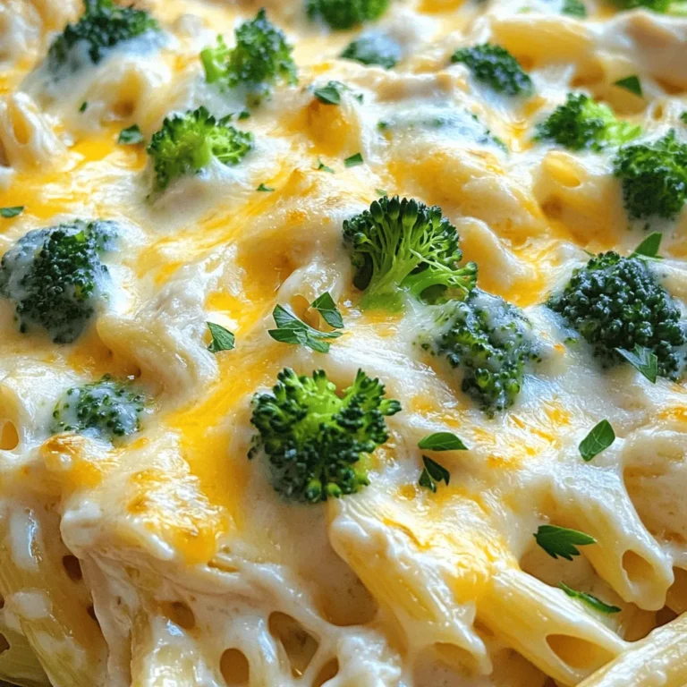 - 3 cups cooked pasta (penne or rotini) - 2 cups cooked chicken breast, shredded - 2 cups Alfredo sauce (store-bought or homemade) The main ingredients form the heart of this dish. Pasta serves as the base and adds texture. Shredded chicken brings protein and flavor. The Alfredo sauce makes it creamy and rich. I recommend using a high-quality sauce for the best taste. You can make your own or grab a jar from the store. - 1 cup shredded mozzarella cheese - ½ cup grated Parmesan cheese - 1 cup broccoli florets (fresh or frozen) - 1 cup diced bell peppers (red or green for color) Cheese adds a gooey layer on top that melts beautifully. Mozzarella offers that classic stretchy goodness. Parmesan enhances the flavor with a salty kick. Broccoli and bell peppers give a pop of color and nutrients. You can mix and match veggies to suit your taste. - 1 teaspoon garlic powder - 1 teaspoon Italian seasoning - Salt and pepper to taste - Fresh parsley, chopped (for garnish) Seasoning is key to pulling all the flavors together. Garlic powder adds depth, while Italian seasoning gives a hint of herbs. Adjust salt and pepper based on your preference. Fresh parsley on top not only looks nice but also adds brightness. Explore different herbs to make this dish your own. For the complete recipe, check the [Full Recipe]. - Preheat the oven to 350°F (175°C). - In a large bowl, combine cooked pasta, shredded chicken, Alfredo sauce, broccoli, and bell peppers. Mix well until everything is coated in sauce. This step ensures every bite is creamy and tasty. - Carefully transfer the mixed ingredients into a 9x13-inch baking dish, spreading them evenly. - Sprinkle shredded mozzarella and grated Parmesan cheese generously on top. This cheesy layer will melt and create a delicious crust. - Cover the dish with aluminum foil to keep moisture in, and place it in the oven. Bake for 20 minutes. - After 20 minutes, remove the foil and bake for another 10-15 minutes. Look for bubbly cheese and a golden color. This means it’s ready to enjoy! Letting the dish rest for 5 minutes after baking is key. This time helps the flavors mix well. It also makes it easier to serve. Covering the dish with foil while baking keeps the moisture inside. This step ensures your meal stays creamy and delicious. You can add spices or herbs for extra flavor. Try a pinch of red pepper flakes for heat. Fresh basil or oregano also works well. If you want a thicker sauce, reduce the amount of milk in your Alfredo sauce. For a creamier texture, add a bit more cheese or cream. Serve your chicken Alfredo bake with garlic bread for a cozy meal. A fresh side salad adds color and crunch. For a pretty touch, garnish with chopped parsley and extra cheese. This simple step makes your dish look gourmet and inviting. {{image_4}} You can make this dish lighter by swapping regular pasta for whole grain pasta. Whole grain pasta adds fiber and nutrients, which is a great choice for everyone. You can also choose low-fat cheese or a low-fat Alfredo sauce. This keeps the creamy taste while reducing calories and fat. If you want a change, use turkey or shrimp instead of chicken. Both options add unique flavors and can make this dish exciting. For a vegan version, use plant-based Alfredo sauce and dairy-free cheese. This way, everyone can enjoy a tasty meal. Boost nutrition by adding veggies like spinach, zucchini, or mushrooms. Spinach blends well into the sauce while zucchini and mushrooms add texture. For a pop of color, mix different bell pepper shades. Red, yellow, and green peppers not only look good but also taste great together. To store leftover chicken Alfredo bake, let it cool to room temperature. Place it in an airtight container. This helps keep it fresh. I recommend using a glass or plastic container with a tight lid. You can store it in the fridge for up to three days. Make sure to label the container with the date. When reheating, you have two good options: the oven or the microwave. For the oven, preheat it to 350°F. Place the bake in an oven-safe dish and cover it with foil. Heat for about 20 minutes. This helps keep the dish creamy. If you choose the microwave, use a microwave-safe plate. Heat in one-minute intervals until warm. Stir to keep the sauce smooth. You can freeze this dish before or after baking. If freezing before, cover it tightly with foil or plastic wrap. This keeps out air and prevents freezer burn. If freezing after baking, let it cool first. Then, use an airtight container. To thaw, place it in the fridge overnight. Reheat it in the oven or microwave as described above for the best results. Yes, you can prepare this dish ahead of time. Start by mixing all your ingredients. After that, cover the dish and put it in the fridge. You can store it for up to two days. When ready to bake, let it sit at room temperature for about 30 minutes. This helps it bake evenly. Then, pop it in the oven for the same time as the recipe states. If you need a substitute, try using homemade white sauce. You can also use a mix of cream cheese and milk. Add some garlic powder and Parmesan cheese for extra flavor. Store-bought options like jarred cheese sauce work too. Just make sure it fits your taste. Your Chicken Alfredo Bake is ready when the cheese is bubbly and golden. Check the center with a knife. If it comes out hot, the dish is done. Let it rest for five minutes after baking. This helps the flavors settle and makes serving easier. Absolutely! Kids love creamy pasta and cheese. To make it even more fun, let them help mix ingredients. You can also hide veggies like broccoli in the bake. If your kids are picky, try using their favorite pasta shape. This will make the dish more appealing to them. This Easy Chicken Alfredo Bake combines simple ingredients for a delicious meal. You mix pasta, chicken, and veggies with Alfredo sauce, then bake it until bubbly. Remember to let it rest before serving. You can try different proteins or add more vegetables for variation. This dish is perfect for families and is easy to store or reheat. Whether you customize it or stick to the classic recipe, you’ll enjoy every bite. Happy cooking!