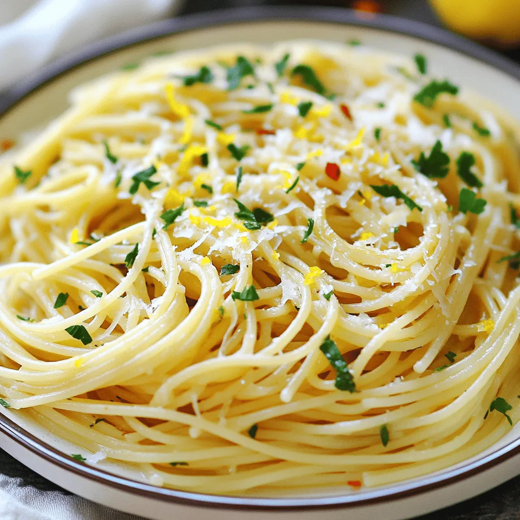 To make a great Spaghetti Aglio e Olio, you need these key ingredients: - 400g spaghetti - 6 cloves garlic, thinly sliced - 1/2 cup extra virgin olive oil - 1 teaspoon red pepper flakes - Zest and juice of 1 lemon - 1/4 cup fresh parsley, finely chopped - Salt, to taste - Optional: Shavings of Parmesan cheese These ingredients come together to create a simple yet tasty dish. The garlic and olive oil form the base, while the lemon adds a bright touch. You can enhance your spaghetti with a few extras: - Suggested toppings for extra flavor: Try adding cooked shrimp or grilled chicken for protein. - Seasoning variations: Fresh herbs like basil or oregano can add depth. - Alternative pasta types: Feel free to swap spaghetti for linguine or fettuccine. These options let you customize your dish and make it your own. For the full recipe, check out the complete guide. To start, fill a large pot with water. Add a good amount of salt to the water. This step is key, as it enhances the pasta's flavor. Bring the water to a rolling boil. Once boiling, add the spaghetti. Cook it for about 8 to 10 minutes, or until it's al dente. This means it should still have a slight bite. Before draining, save 1 cup of the starchy pasta water. Drain the spaghetti and set it aside. Next, grab a large skillet and pour in the extra virgin olive oil. Heat the oil over medium heat. When the oil is warm, add the thinly sliced garlic. Stir the garlic gently, keeping an eye on it. You want it to turn a lovely golden brown. This should take about 2 to 3 minutes. Be careful not to burn it! If the garlic starts to smell bitter, it is too late. Now it’s time to add some heat! Sprinkle the red pepper flakes into the skillet. Stir them in and sauté for 30 more seconds. This will bring out the spicy aroma. Then, add the drained spaghetti to the skillet. Use tongs to toss the spaghetti in the garlic oil. Make sure every strand is coated. Next, pour in the reserved pasta water, starting with 1/4 cup. Keep tossing the pasta well. Add in the lemon zest and drizzle the fresh lemon juice over it. Toss until everything combines and shines. For the complete recipe, check out the Full Recipe. To get the best garlic flavor, watch the cooking time. You want it golden, not burnt. If you cook garlic too long, it can taste bitter. Saute the garlic for 2-3 minutes until it turns a nice golden brown. This adds a sweet, rich flavor. For spice, red pepper flakes are key. Start with one teaspoon. You can add more if you like it spicy. If you're unsure, add less at first. You can always adjust it later. Lemon zest and juice are game-changers. They brighten the dish and add a fresh taste. Zest before you cut the lemon. This way, you get more flavor. The juice gives a nice tang that balances the oil and garlic. If you're out of lemons, try lime or orange. Each citrus fruit brings a unique twist to the dish. Experiment and find what you like best. For a great look, plate your spaghetti in a nest shape. Use tongs to twirl the pasta. This makes it appealing to the eye. Don't forget to sprinkle parsley on top for color. Pair your spaghetti with crusty bread or a fresh salad. They complement the meal well. For drinks, a crisp white wine works best. Look for a Pinot Grigio or Sauvignon Blanc. These wines enhance the flavors of your dish. For the full recipe, check out Spaghetti Aglio e Olio with a Zesty Twist. {{image_4}} Spaghetti Aglio e Olio can fit many diets. For vegan versions, skip the cheese or use a vegan alternative. You can find great vegan parmesan at stores or online. For gluten-free needs, use gluten-free pasta. Many brands offer options that taste great and work well with this dish. You can spice up your Aglio e Olio with added vegetables. Spinach or cherry tomatoes add color and nutrients. Just sauté them briefly before adding the pasta. If you want protein, shrimp or grilled chicken work well. Cook them separately, then mix them in with the pasta. Each Italian region has its flavors. From the north, you might use truffle oil for a rich taste. The south may add capers or olives for a briny kick. You can also use local herbs and spices to reflect your area. These twists make your dish unique and personal. Don't forget to check the [Full Recipe] for guidance! After enjoying your spaghetti, let it cool down. Place it in a bowl for a few minutes. This helps the steam escape. Use a good container to keep it fresh. A tight-sealing container works best. Make sure to store it in the fridge. It can last up to three days this way. When reheating, you want to keep it moist. Use a skillet on low heat. Add a splash of olive oil or reserved pasta water. This helps restore its creamy texture. You can also use a microwave. Cover the dish to trap steam. Heat it in short bursts, checking often. Aim for about 165°F to ensure food safety. You can freeze spaghetti for later use. First, let it cool completely. Place it in a freezer-safe bag. Remove as much air as you can. This prevents freezer burn. You can keep it frozen for up to three months. To defrost, move it to the fridge overnight. You can also use cold water for quicker results. Just make sure to drain it well before reheating. Enjoy your stored spaghetti with the same flavor as fresh! Aglio e Olio is Italian for "garlic and oil." It highlights the main ingredients. This dish comes from Naples, Italy. It shows how simple items can create amazing flavors. Yes, you can! Cook the spaghetti and let it cool. Store it in a container. Keep the garlic oil separate in the fridge. When ready, heat the oil and toss with pasta. This saves time, and the dish still tastes great. You can add your favorite ingredients. Here are some ideas: - Vegetables: Try spinach, cherry tomatoes, or bell peppers. - Proteins: Add shrimp, chicken, or chickpeas for more heartiness. - Cheese: Use feta or goat cheese for a different taste. Feel free to experiment! Each addition makes the dish unique. Yes, it has some health benefits. Here’s why: - Garlic supports heart health and boosts immunity. - Olive oil is rich in good fats and antioxidants. - Parsley adds vitamins and minerals. This dish is simple but full of goodness. Enjoy it as part of a balanced diet. For the full recipe, check the earlier section. Spaghetti Aglio e Olio is simple yet full of flavor. With just a few ingredients, you can create this classic dish. Remember to sauté the garlic carefully and balance the spice to your liking. Consider adding fresh veggies or proteins for a twist. Don't forget the importance of great storage and reheating methods. Enjoy making this dish your own, and share it with friends. Cooking should be fun and creative. Happy cooking!