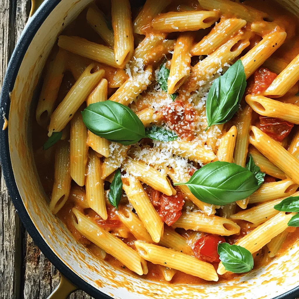 This dish shines because of its fresh and simple ingredients. Here’s what you need: - 8 oz (about 225g) penne pasta - 1 tablespoon olive oil - 4 cloves garlic, finely minced - 1 can (14 oz) diced tomatoes, undrained - 2 cups vegetable broth - 1 cup heavy cream (or coconut cream for a dairy-free option) - 1 teaspoon dried basil - Salt and pepper to taste - 1 cup fresh basil leaves, roughly chopped - ½ cup grated Parmesan cheese (or nutritional yeast for a vegan alternative) - Additional fresh basil leaves for garnishing Each ingredient plays a role. The penne pasta absorbs flavors. The garlic gives a warm touch. Diced tomatoes add sweetness and acidity. Vegetable broth forms the base. Heavy cream brings richness. Fresh basil adds a lovely aroma. You can tweak this recipe to fit your taste. Here are some optional ingredients: - Red pepper flakes for heat - Spinach or kale for added greens - Mushrooms for an earthy flavor - Cooked chicken or shrimp for protein - Lemon zest for brightness Feel free to add or skip these as you like. The dish remains creamy and delicious no matter what. Having the right tools makes cooking easier. Here are the must-haves: - A large pot for cooking - A wooden spoon for stirring - A chef’s knife for chopping - A cutting board for prep - Measuring cups for accuracy With these tools, you can whip up this pasta without a hitch. They help you work efficiently and enjoy the process. For the complete recipe, refer to the [Full Recipe]. To start making One-Pot Creamy Tomato Basil Pasta, gather your ingredients. You will need: - 8 oz (about 225g) penne pasta - 1 tablespoon olive oil - 4 cloves garlic, finely minced - 1 can (14 oz) diced tomatoes, undrained - 2 cups vegetable broth - 1 cup heavy cream (or coconut cream for a dairy-free option) - 1 teaspoon dried basil - Salt and pepper to taste - 1 cup fresh basil leaves, roughly chopped - ½ cup grated Parmesan cheese (or nutritional yeast for a vegan alternative) - Additional fresh basil leaves for garnishing Now, measure everything out. This keeps the cooking process smooth and fun. 1. Heat the olive oil in a large pot over medium heat. 2. Add the minced garlic and sauté for 1-2 minutes. Be careful not to brown the garlic; it should smell sweet. 3. Next, pour in the undrained diced tomatoes, vegetable broth, and dried basil. Stir gently to combine. 4. Increase the heat to bring it all to a gentle simmer. 5. Add the penne pasta to the pot. Cover it and cook for 10-12 minutes. Stir now and then to keep the pasta from sticking. 6. Once the pasta is al dente, stir in the heavy cream (or coconut cream). Season with salt and pepper. Let it simmer for 2-3 more minutes. This thickens the sauce and makes it creamy. When the pasta is ready, remove the pot from the heat. Stir in the chopped fresh basil and grated Parmesan cheese. Mix well until everything is creamy and delicious. Before serving, taste it. Adjust with more salt or pepper if needed. Serve the creamy pasta warm and top each bowl with extra fresh basil leaves and a sprinkle of Parmesan cheese. Enjoy your meal! For the full recipe, check out the complete instructions above. To make your pasta creamy, start with the right cream. I like heavy cream, but coconut cream works too. It gives you a nice, rich taste. Adding it at the end makes the sauce silky. Make sure to stir it well into the pasta. This keeps it from clumping. Another trick is to let the pasta absorb some broth before adding cream. This helps the sauce cling to the pasta. For extra creaminess, stir in some grated cheese. Parmesan melts easily and adds flavor. One common mistake is overcooking the pasta. You want it al dente, or firm to the bite. If you cook it too long, it can turn mushy. Stirring occasionally helps, so the pasta cooks evenly. Another mistake is skipping salt. Always season your broth and cream. This brings out the flavors of the tomatoes and basil. Finally, don’t forget to taste as you go. Adjust salt and pepper to suit your taste. To boost flavor, add fresh herbs at the end. Chopped basil adds a bright note. You can also add a splash of lemon juice for brightness. If you want more texture, toss in some sautéed veggies. Spinach or bell peppers work well. They add color and nutrition too. For those who love heat, a pinch of red pepper flakes can spice things up. It gives your dish a little kick without overpowering the flavors. Explore the [Full Recipe] for all the details! {{image_4}} You can easily make this dish dairy-free or vegan. Swap heavy cream for coconut cream. This adds a rich flavor. Use nutritional yeast instead of Parmesan cheese. It gives a cheesy taste without dairy. Add a pinch of salt to enhance the flavor. This way, everyone can enjoy the creamy goodness. Want to add some protein? Try cooked chicken or shrimp. They both mix well with the pasta. You can also use chickpeas or lentils for a plant-based option. Just add them in when you combine the cream. This adds texture and makes the meal more filling. Adding veggies boosts health and flavor. In spring, mix in fresh peas or asparagus. In summer, try diced zucchini or bell peppers. For fall, roasted butternut squash or spinach works great. In winter, add kale or broccoli. Just toss them in during the last few minutes of cooking. This keeps the veggies vibrant and adds a pop of color. After you enjoy your one-pot creamy tomato basil pasta, it's important to store any leftovers right. Allow the pasta to cool to room temperature first. Then, transfer it to an airtight container. Store it in the fridge for up to three days. Make sure to keep it sealed tightly to prevent drying out. When you're ready to eat the leftovers, reheating is simple. You can use a microwave or a stovetop. For the microwave, place the pasta in a bowl. Add a splash of water or broth to keep it moist. Heat it in short bursts, stirring in between. If using the stovetop, warm it in a pan over low heat, stirring gently. You may also want to add a bit of cream to restore the sauce's creaminess. If you want to save some pasta for later, freezing is a great option. Portion the cooled pasta into freezer-safe containers. Leave some space at the top, as it will expand when frozen. It can last up to two months in the freezer. To reheat, let it thaw in the fridge overnight. Then, follow the reheating instructions above. Enjoy a quick meal whenever you need it! For the full recipe, check out the details above. I recommend using penne pasta. It holds sauce well, adding flavor to every bite. Other good options include rigatoni or fusilli. These shapes trap the sauce nicely. This keeps your dish creamy and delicious. Yes, you can! Use coconut cream for a dairy-free option. It gives a rich taste without dairy. You can also use a mix of vegetable broth and cashew cream for a lighter sauce. This will keep your pasta creamy and satisfying. To change servings, simply multiply the ingredients. For example, if you want to serve six, increase everything by 1.5 times. If you want fewer servings, cut the amounts in half. Just remember to keep the same cooking time, so your pasta cooks evenly. For the full recipe, check out the One-Pot Creamy Tomato Basil Pasta. In this article, you learned how to make creamy tomato basil pasta. We covered key ingredients, easy steps to cook, and ways to customize it. I shared tips for perfect texture and flavor. You also discovered variations like dairy-free options and protein add-ins. Lastly, we talked about storing leftovers to enjoy later. This dish is simple, fun, and packed with flavor. I hope you feel inspired to try it! Enjoy cooking!