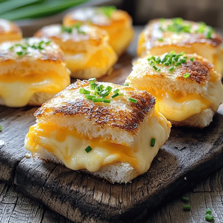 - 8 slices of bread (white or whole wheat) - 4 slices of sharp cheddar cheese - 4 slices of Gruyère cheese - 1 tablespoon Dijon mustard - ¼ teaspoon garlic powder - Fresh chives for garnish - Salt and pepper to taste When making mini grilled cheese sandwiches, the ingredients play a key role in taste and texture. I love using a mix of sharp cheddar and Gruyère cheese. The cheddar adds a bold flavor, while the Gruyère brings a lovely creaminess. You can use white or whole wheat bread, depending on your preference. Dijon mustard is optional but adds a nice kick if you want to spice things up. Garlic powder can also enhance the flavor, giving your bites an extra layer of goodness. For garnishing, fresh chives not only add color but also a fresh taste. Make sure to season your cheese with salt and pepper. This small step makes a big difference in flavor. I recommend using unsalted butter for grilling. It brings a rich taste and helps achieve that perfect golden crust. For the full recipe, check out the details above. Enjoy crafting these tasty bites! Preheat your skillet or griddle over medium heat. This step is key. It ensures a perfect grill. A hot skillet helps create that crispy crust we all love. Butter one side of each slice of bread. Use softened butter for easy spreading. Next, take four slices and spread Dijon mustard on the unbuttered side. This adds a nice kick! Now, layer sharp cheddar and Gruyère cheese on top. Don’t be shy with the cheese; the more, the better! Season with garlic powder, salt, and pepper if you like. Finally, place the remaining slices of bread on top, buttered side facing out. Carefully place your sandwiches in the preheated skillet. Grill for about 3 to 4 minutes. You want a lovely golden brown color and melted cheese. Once you see that, flip the sandwiches with a spatula. Grill the other side for another 3 to 4 minutes. Remove them from the skillet and let them cool for a minute. Then, slice each sandwich into quarters. Serve your Cheesy Bliss Bites warm and enjoy! For the full recipe, check out the detailed instructions above. To get that perfect golden crust, start with softened butter. This helps you spread it easily on the bread. Make sure you cover the bread evenly. If you miss spots, some parts will burn. Also, keep your heat at medium. Too high, and the bread will burn before the cheese melts. For a truly gooey filling, mix different cheeses. Sharp cheddar gives a bold taste, while Gruyère melts beautifully. You can even add mozzarella for extra stretchiness. The right cheese blend makes your mini sandwiches amazing. These mini grilled cheese sandwiches are perfect for any snack. They are great for parties too! Serve them warm with sides like tomato soup or a fresh salad. You can even make a platter with different cheese blends for fun. {{image_4}} You can change the cheese in your mini grilled cheese sandwiches. Swap sharp cheddar for mozzarella or pepper jack. Mozzarella gives a great stretch, while pepper jack adds a spicy kick. Try mixing cheeses for a unique taste. Combining Gruyère with sharp cheddar also adds depth. Enjoy experimenting with your favorites! Want to boost flavor? Add sliced tomatoes or cooked bacon. Tomatoes bring freshness and moisture. Bacon adds a crunchy, savory bite that pairs well with cheese. You can also add avocado slices for creaminess. Each add-in transforms your sandwich into something special. Herbs and spices can elevate your sandwiches. Try mixing garlic powder or smoked paprika into the butter. Fresh herbs like basil or thyme can also add a burst of flavor. Spread these on the bread before grilling to infuse every bite. A little creativity can make a big difference! For the full recipe, check out the Cheesy Bliss Bites 🥪 section. Store your mini grilled cheese sandwiches in an airtight container for up to 3 days. This keeps them fresh and tasty. If you have leftovers, make sure the container seals well to avoid moisture loss. For the best texture, reheat the sandwiches in a skillet. Heat the skillet over medium heat. Place the sandwiches in, and cook until they are warm and crispy again. This method revives the crunchiness that makes grilled cheese delightful. You can freeze assembled sandwiches before cooking them. Wrap each sandwich tightly in plastic wrap. Then, put them in a freezer bag. This way, you can enjoy delicious mini grilled cheese sandwiches whenever you want. Just take them out, cook them straight from the freezer, and enjoy! Yes, gluten-free bread works well for this recipe. It gives you a tasty option if you avoid gluten. Many brands offer good flavors and textures. Just pick one you enjoy, and you’re all set! Opt for whole grain bread and lower-fat cheeses. Whole grain adds fiber and nutrients. Using lower-fat cheese cuts calories but keeps the taste. You can also add veggies like spinach or tomatoes for extra health. Tomato soup or a fresh salad are great accompaniments. Tomato soup complements the cheese perfectly. A fresh salad adds crunch and freshness to your meal. Both options balance flavors and textures well. Yes, bake in a preheated oven at 375°F for a crispy outcome. Simply place the sandwiches on a baking sheet. Bake until the bread is golden and the cheese melts. This method is easy and allows for larger batches. You now have all the steps to make mini grilled cheese sandwiches. With just a few ingredients, you can create a tasty snack or party treat. Keep the tips in mind for a perfect golden crust and gooey cheese. Don't hesitate to try new cheese or add-ins for unique flavors. Whether you store them in the fridge or freeze them for later, these sandwiches are always a hit. Enjoy your tasty treats any time!