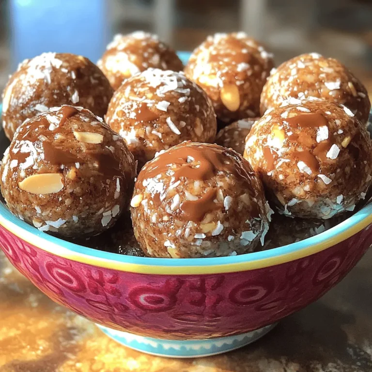 To make Almond Joy Energy Balls, you need a few simple ingredients. Each one adds flavor and nutrition. Here is the list of what you'll need: - 1 cup pitted dates - 1 cup unsweetened shredded coconut - 1/2 cup almond butter - 1/2 cup rolled oats - 1/4 cup almonds, roughly chopped - 2 tablespoons cocoa powder - 1 tablespoon honey or maple syrup (optional for sweetness) - 1 teaspoon vanilla extract - A pinch of salt These ingredients work together to create a tasty and healthy snack. Dates provide natural sweetness and fiber. Shredded coconut gives a chewy texture and a hint of tropical flavor. Almond butter adds creaminess and healthy fats. Rolled oats bring a nice heartiness, while almonds offer crunch. Cocoa powder gives a rich chocolate flavor. You can choose honey or maple syrup for extra sweetness, based on your taste. A touch of salt helps balance all the flavors. With the Full Recipe, you can enjoy making this delicious snack at home. 1. Start by placing the pitted dates into your food processor. Pulse them until they become a sticky paste. Make sure there are no chunks left. 2. Next, add the almond butter, rolled oats, shredded coconut, cocoa powder, vanilla extract, and a pinch of salt to the date paste. If you want it sweeter, add honey or maple syrup now. 3. Blend the mix until all ingredients combine well. The texture should be sticky and hold together when pressed. If it feels dry, add a bit of water or extra dates. 1. With a spatula, gently fold in the chopped almonds. They add a nice crunch to each bite. 2. Now, use your hands to shape the mixture into small balls. Aim for about the size of a tablespoon. Make sure each ball is compact. 3. Transfer the energy balls to a parchment-lined baking sheet or plate. Space them out to keep them from sticking. 1. To set the energy balls, refrigerate them for at least 30 minutes. This helps them firm up. 2. For presentation, serve them in a bright bowl. Sprinkle some extra shredded coconut or cocoa powder on top. They look great and taste even better! Follow the [Full Recipe] for detailed steps and enjoy this tasty snack! To get the right texture, pulse your dates well. You want a smooth, sticky paste. If it feels dry, add a little water or more dates. This helps everything stick together. Adjusting sweetness is easy. Taste your mixture before shaping the balls. If you want it sweeter, add honey or maple syrup. Just mix it in and taste again. For substituting ingredients, you can switch almond butter with peanut butter. If you don’t have almonds, try walnuts or pecans. The recipe is flexible, so feel free to experiment! For pairing ideas, serve these energy balls with a glass of almond milk or yogurt. They also go well with fresh fruit. You can enjoy them as a snack or after a workout. To make your presentation creative, place the energy balls in a colorful bowl. You can sprinkle extra coconut or cocoa powder on top. This makes them look fun and tasty! {{image_4}} You can switch up the nuts in Almond Joy Energy Balls for a new twist. - Cashew or Peanut Butter: Use cashew butter for a creamy texture. Peanut butter adds a rich flavor. Both options work well and change the taste a bit. - Other Nut Types: Try hazelnuts or walnuts for more crunch. Each nut brings its unique flavor and texture. Boost the taste of your energy balls with fun additions. - Adding Spices or Extracts: A pinch of cinnamon or nutmeg gives warmth. Vanilla or almond extract can add depth. Experiment with different spices to find your favorite mix. - Incorporating Superfoods: Chia seeds or flaxseeds can pack in more health benefits. They add fiber and omega-3s, making your snack even better for you. You can still enjoy these energy balls with some easy swaps. - Gluten-Free Options: Use certified gluten-free oats for safe snacking. This keeps the recipe safe for those with gluten sensitivities. - Vegan Substitutions: Replace honey with maple syrup for a vegan-friendly option. This way, everyone can enjoy these tasty treats. Feel free to explore these variations to make the Almond Joy Energy Balls your own! For the full recipe, check out the [Full Recipe]. - Refrigerator Storage: Keep your Almond Joy Energy Balls in an airtight container. They stay fresh for up to a week in the fridge. This cool storage helps maintain their texture and flavor. - Freezing Instructions: For longer storage, freeze the energy balls. Place them in a single layer on a baking sheet. Once frozen, transfer them to a freezer bag. They can last for up to three months in the freezer. - How Long They Last: When stored properly, these energy balls can last about 7 days in the fridge. In the freezer, they are good for about 3 months. - Signs of Spoilage: Look for any off smells or changes in texture. If they feel dry or hard, it’s best to throw them out. Fresh energy balls should be soft and chewy. Yes, you can. Dried fruit like figs or apricots work well. They add sweetness and moisture. However, remember that each fruit has a unique taste. Adjust the other ingredients to match the new flavor. To reduce sweetness, cut back on dates or sweeteners. You can also add extra oats or coconut. This change will keep the energy balls tasty while lowering the sugar content. Absolutely! These energy balls are a healthy snack for kids. They offer energy without processed sugars. Plus, kids love the chocolate and coconut flavors. Just make sure they are not allergic to any ingredients. Yes, you can skip the cocoa powder. The energy balls will still taste great. They will have a lighter color and a different flavor. You may want to add extra coconut or nuts for texture. For the full recipe, check the instructions above. You can easily make Almond Joy Energy Balls using simple ingredients. We covered what you need, from dates to cocoa powder. Then, we walked through each step to create your energy balls, from mixing to shaping. I shared tips to ensure perfect texture and flavor. We explored tasty variations to suit your needs, including allergy-friendly options. Finally, I provided storage advice so your energy balls stay fresh. Enjoy making these healthy snacks, and feel free to experiment. They are tasty, fun, and great for any time!