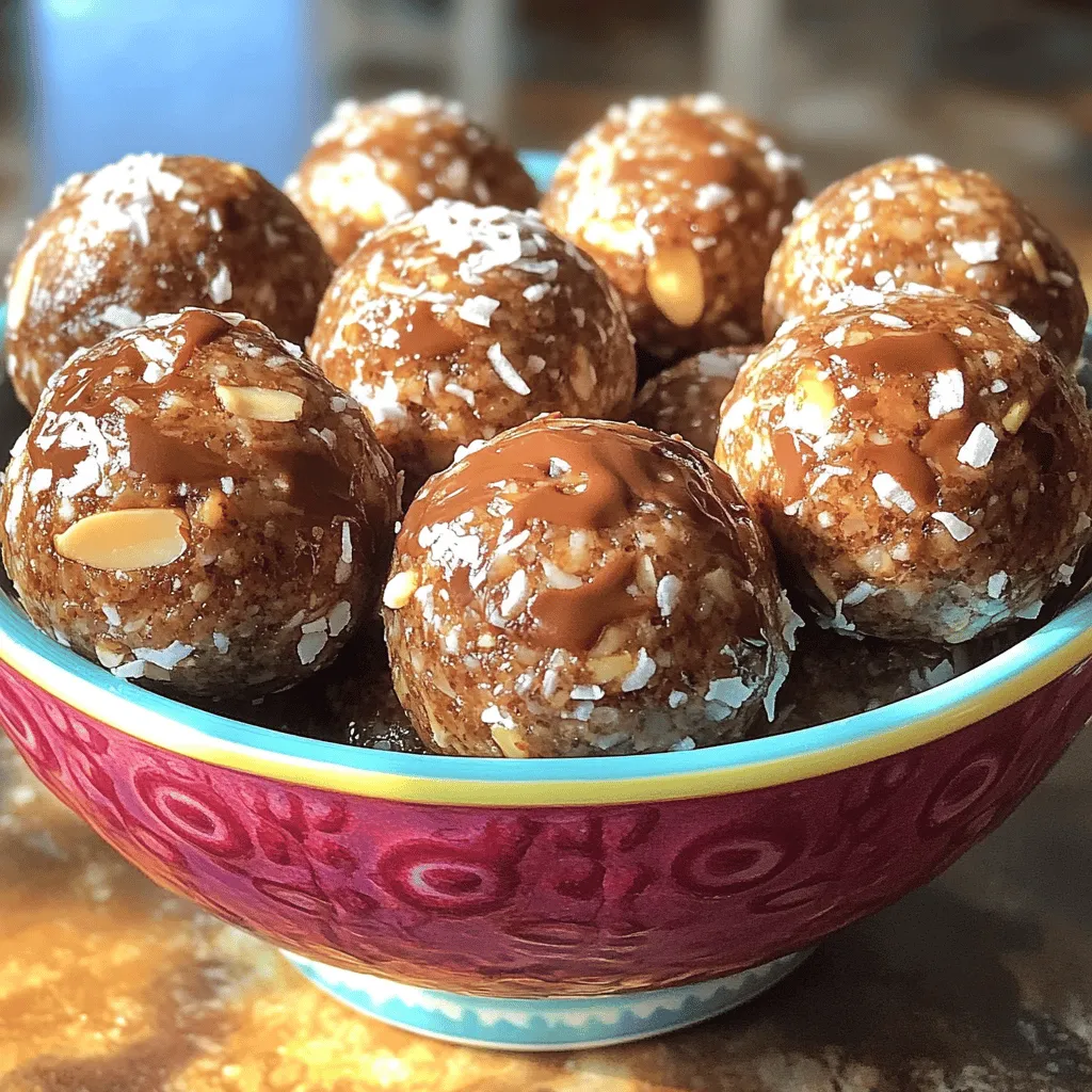 To make Almond Joy Energy Balls, you need a few simple ingredients. Each one adds flavor and nutrition. Here is the list of what you'll need: - 1 cup pitted dates - 1 cup unsweetened shredded coconut - 1/2 cup almond butter - 1/2 cup rolled oats - 1/4 cup almonds, roughly chopped - 2 tablespoons cocoa powder - 1 tablespoon honey or maple syrup (optional for sweetness) - 1 teaspoon vanilla extract - A pinch of salt These ingredients work together to create a tasty and healthy snack. Dates provide natural sweetness and fiber. Shredded coconut gives a chewy texture and a hint of tropical flavor. Almond butter adds creaminess and healthy fats. Rolled oats bring a nice heartiness, while almonds offer crunch. Cocoa powder gives a rich chocolate flavor. You can choose honey or maple syrup for extra sweetness, based on your taste. A touch of salt helps balance all the flavors. With the Full Recipe, you can enjoy making this delicious snack at home. 1. Start by placing the pitted dates into your food processor. Pulse them until they become a sticky paste. Make sure there are no chunks left. 2. Next, add the almond butter, rolled oats, shredded coconut, cocoa powder, vanilla extract, and a pinch of salt to the date paste. If you want it sweeter, add honey or maple syrup now. 3. Blend the mix until all ingredients combine well. The texture should be sticky and hold together when pressed. If it feels dry, add a bit of water or extra dates. 1. With a spatula, gently fold in the chopped almonds. They add a nice crunch to each bite. 2. Now, use your hands to shape the mixture into small balls. Aim for about the size of a tablespoon. Make sure each ball is compact. 3. Transfer the energy balls to a parchment-lined baking sheet or plate. Space them out to keep them from sticking. 1. To set the energy balls, refrigerate them for at least 30 minutes. This helps them firm up. 2. For presentation, serve them in a bright bowl. Sprinkle some extra shredded coconut or cocoa powder on top. They look great and taste even better! Follow the [Full Recipe] for detailed steps and enjoy this tasty snack! To get the right texture, pulse your dates well. You want a smooth, sticky paste. If it feels dry, add a little water or more dates. This helps everything stick together. Adjusting sweetness is easy. Taste your mixture before shaping the balls. If you want it sweeter, add honey or maple syrup. Just mix it in and taste again. For substituting ingredients, you can switch almond butter with peanut butter. If you don’t have almonds, try walnuts or pecans. The recipe is flexible, so feel free to experiment! For pairing ideas, serve these energy balls with a glass of almond milk or yogurt. They also go well with fresh fruit. You can enjoy them as a snack or after a workout. To make your presentation creative, place the energy balls in a colorful bowl. You can sprinkle extra coconut or cocoa powder on top. This makes them look fun and tasty! {{image_4}} You can switch up the nuts in Almond Joy Energy Balls for a new twist. - Cashew or Peanut Butter: Use cashew butter for a creamy texture. Peanut butter adds a rich flavor. Both options work well and change the taste a bit. - Other Nut Types: Try hazelnuts or walnuts for more crunch. Each nut brings its unique flavor and texture. Boost the taste of your energy balls with fun additions. - Adding Spices or Extracts: A pinch of cinnamon or nutmeg gives warmth. Vanilla or almond extract can add depth. Experiment with different spices to find your favorite mix. - Incorporating Superfoods: Chia seeds or flaxseeds can pack in more health benefits. They add fiber and omega-3s, making your snack even better for you. You can still enjoy these energy balls with some easy swaps. - Gluten-Free Options: Use certified gluten-free oats for safe snacking. This keeps the recipe safe for those with gluten sensitivities. - Vegan Substitutions: Replace honey with maple syrup for a vegan-friendly option. This way, everyone can enjoy these tasty treats. Feel free to explore these variations to make the Almond Joy Energy Balls your own! For the full recipe, check out the [Full Recipe]. - Refrigerator Storage: Keep your Almond Joy Energy Balls in an airtight container. They stay fresh for up to a week in the fridge. This cool storage helps maintain their texture and flavor. - Freezing Instructions: For longer storage, freeze the energy balls. Place them in a single layer on a baking sheet. Once frozen, transfer them to a freezer bag. They can last for up to three months in the freezer. - How Long They Last: When stored properly, these energy balls can last about 7 days in the fridge. In the freezer, they are good for about 3 months. - Signs of Spoilage: Look for any off smells or changes in texture. If they feel dry or hard, it’s best to throw them out. Fresh energy balls should be soft and chewy. Yes, you can. Dried fruit like figs or apricots work well. They add sweetness and moisture. However, remember that each fruit has a unique taste. Adjust the other ingredients to match the new flavor. To reduce sweetness, cut back on dates or sweeteners. You can also add extra oats or coconut. This change will keep the energy balls tasty while lowering the sugar content. Absolutely! These energy balls are a healthy snack for kids. They offer energy without processed sugars. Plus, kids love the chocolate and coconut flavors. Just make sure they are not allergic to any ingredients. Yes, you can skip the cocoa powder. The energy balls will still taste great. They will have a lighter color and a different flavor. You may want to add extra coconut or nuts for texture. For the full recipe, check the instructions above. You can easily make Almond Joy Energy Balls using simple ingredients. We covered what you need, from dates to cocoa powder. Then, we walked through each step to create your energy balls, from mixing to shaping. I shared tips to ensure perfect texture and flavor. We explored tasty variations to suit your needs, including allergy-friendly options. Finally, I provided storage advice so your energy balls stay fresh. Enjoy making these healthy snacks, and feel free to experiment. They are tasty, fun, and great for any time!