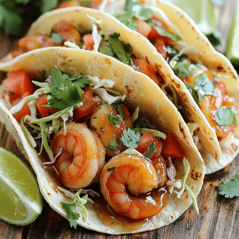 Cooking honey garlic shrimp tacos is simple and fun. Here’s what you need: - 1 pound shrimp, peeled and deveined - 3 tablespoons honey - 2 tablespoons soy sauce - 3 cloves garlic, finely minced - 1 tablespoon fresh lime juice - 1 teaspoon fresh ginger, finely grated - 1 tablespoon extra virgin olive oil - 8 small corn or flour tortillas - 1 cup shredded green cabbage - ½ cup diced tomatoes - ¼ cup chopped fresh cilantro - Lime wedges for serving - Salt and freshly cracked black pepper to taste Optional garnishes can add a nice touch. Consider these: - Fresh cilantro - Avocado crema - Salsa You can find the full recipe [here](#). Enjoy making these delicious tacos! In a medium bowl, whisk together honey, soy sauce, minced garlic, lime juice, and grated ginger. This mix will give your tacos a sweet and savory kick. I love how simple it is to make this sauce. You can set it aside while you cook the shrimp. First, heat a skillet over medium-high heat and add olive oil. The oil should shimmer when it's ready. Then, add the shrimp and season them with salt and black pepper. Cook the shrimp for about 2-3 minutes. Watch closely as they turn pink and opaque. Next, pour the honey garlic sauce over the shrimp. Use a spatula to coat them well. Cook for another 2-3 minutes until the shrimp are fully cooked and glazed. They should reach 120°F inside. Remove the skillet from heat once done. While your shrimp are cooking, warm the tortillas. You can do this in a skillet over medium heat. Heat them for about 30 seconds on each side. If you prefer, you can microwave them. Wrap them in a clean, damp paper towel and microwave for 15 seconds. This makes them soft and easy to fold. Now comes the fun part! Place a good amount of honey garlic shrimp in the center of each tortilla. Top them with shredded cabbage, diced tomatoes, and fresh cilantro. The colors make the tacos look inviting. Serve with lime wedges on the side for extra zest. Enjoy your meal! For the complete recipe, check out the [Full Recipe]. To know when shrimp are fully cooked, look for a pink color. Shrimp should also curl slightly. When cooked, they feel firm but not tough. The recommended cooking time is about 4 to 6 minutes total. Cook them for 2 to 3 minutes on each side. To add spice, try a pinch of cayenne pepper or some diced jalapeños. For a touch of acid, lime juice enhances the dish nicely. You can also pair sauces like sriracha for heat or a creamy avocado sauce for balance. This adds depth to your honey garlic shrimp tacos. For a great presentation, stack the tacos neatly on a colorful platter. Use lime wedges around the tacos for a pop of color. Garnish with fresh cilantro, which adds a bright green touch. Consider topping with sliced radishes or diced avocados for extra flair. These small details can make your meal visually stunning! For the full recipe, check out the [Full Recipe]. {{image_4}} If you want to switch things up, consider using chicken or tofu. Chicken breast works well and cooks quickly. Simply cut it into bite-sized pieces, season, and cook just like the shrimp. For a plant-based option, use firm tofu. Press the tofu to remove water, then cube it. Cook the tofu until golden, then add the honey garlic sauce. Both options keep the dish flavorful and satisfying. You can add spices or herbs to change the flavor. Try adding some cumin or smoked paprika for a warm taste. Fresh herbs, like cilantro or parsley, can brighten the dish. For a sweet and spicy twist, mix in some sriracha or chili flakes with your honey garlic sauce. This adds a kick that pairs well with the shrimp. Toppings can transform your tacos. Sliced avocado adds creaminess and richness. You can also use radishes for a crunchy bite. If you want extra creaminess, consider sour cream or a yogurt-based sauce. These toppings balance the sweetness of the shrimp and enhance the overall flavor. Get creative and mix and match to find your favorite combination! Check out the Full Recipe for more details! To keep your honey garlic shrimp tacos fresh, place leftovers in an airtight container. You can refrigerate them for up to three days. Avoid letting the shrimp sit out at room temperature for too long. When it's time to reheat, use a skillet over low heat. This helps keep the shrimp juicy and warm without making them tough. Stir gently to heat evenly. Yes, you can freeze cooked shrimp! However, it's best to freeze them plain, without the sauce. Store them in a freezer-safe container for up to three months. To freeze tacos, wrap each one tightly in plastic wrap, then place them in a freezer bag. When you’re ready to enjoy, thaw them in the fridge overnight. Heat the shrimp and tortillas separately before assembling. This method helps maintain the taste and texture. For shrimp tacos, I recommend using corn tortillas. They have a nice flavor and texture. Corn tortillas are gluten-free and hold the shrimp well. If you prefer a softer bite, flour tortillas are also great. They are more pliable and can wrap around the filling easily. Choose whichever you enjoy more! Yes, you can make the honey garlic sauce ahead of time. Just mix the honey, soy sauce, garlic, lime juice, and ginger in a bowl. Store it in the fridge for up to a week. This saves time when you are ready to cook. Just remember to give it a good stir before using! These tacos pair well with several side dishes. Consider serving them with a fresh salad or a side of rice. Black beans add a nice touch, too. You can also serve some chips and salsa for a fun crunch. Lime wedges are a must to squeeze on top! The spice level in these tacos is mild. The honey garlic sauce is sweet and savory. If you want to add heat, you can sprinkle on some chili flakes or add jalapeños. Adjust the spice to suit your taste. Enjoy the balance of flavors! In this post, I shared a tasty recipe for honey garlic shrimp tacos. You learned about the ingredients and how to make the sauce and cook shrimp. Tips helped you perfect the shrimp and suggested ways to present your dish. I also offered variations and storage options for leftovers. These tacos are simple and fun to make. You can enjoy a burst of flavor by trying different toppings or proteins. Dive in, get creative, and enjoy your meal!