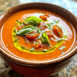 - 2 pounds ripe tomatoes, halved - 1 medium onion, coarsely chopped - 4 whole garlic cloves, unpeeled - 2 tablespoons extra virgin olive oil - 1 teaspoon balsamic vinegar - 1 teaspoon sea salt - ½ teaspoon freshly ground black pepper - 1 teaspoon dried basil - 1 cup vegetable broth Ripe tomatoes are the star of this soup. Their sweetness shines through when roasted. I like to use a mix of colors for a vibrant look. The onion adds depth, while the garlic gives a warm flavor. Olive oil helps roast the veggies beautifully, and balsamic vinegar adds a hint of tang. Salt and pepper balance the flavors, and dried basil brings a lovely herb note. Vegetable broth gives the soup its body. - ½ cup heavy cream (optional, for a creamy texture) - Fresh basil leaves, for garnish You can add heavy cream for a rich texture. It makes the soup smooth and velvety. Fresh basil leaves are perfect for garnish. They add a pop of color and fresh aroma. If you want a lighter soup, skip the cream. You can also use other herbs if you like. - Baking dish - Blender - Saucepan You will need a baking dish to roast the vegetables. A blender turns the roasted mix into a smooth soup. Finally, a saucepan heats it up before serving. These tools are simple, but they make a big difference in creating this comforting dish. For the full recipe, check the details above. - Preheat your oven to 400°F (200°C). - Gather your ripe tomatoes, onion, and garlic for roasting. - Halve the tomatoes and coarsely chop the onion. - Keep the garlic cloves whole and unpeeled. - Place the halved tomatoes, chopped onions, and whole garlic cloves in a baking dish. - Drizzle 2 tablespoons of extra virgin olive oil and 1 teaspoon of balsamic vinegar over the veggies. - Sprinkle with 1 teaspoon of sea salt, ½ teaspoon of freshly ground black pepper, and 1 teaspoon of dried basil. - Toss the vegetables gently to coat them well. - Roast the vegetables for 25-30 minutes until the tomatoes are soft and charred. - Once roasted, let the vegetables cool for a few minutes. - Squeeze the soft garlic out of its skins and discard the skins. - Transfer the roasted mixture to a blender. - Add 1 cup of vegetable broth and blend until smooth. - If you want a creamy texture, add ½ cup of heavy cream and pulse briefly. - Pour the blended soup into a saucepan. Heat it over low to medium heat until warm. - Taste and adjust the seasoning if needed. - Serve your soup hot, garnished with fresh basil leaves for a lovely finish. For more details, check the Full Recipe. Choosing the right tomatoes Use ripe tomatoes for the best taste. Look for tomatoes that feel heavy and smell sweet. Varieties like Roma or heirloom give great flavor. They hold up well during roasting, enhancing the soup's richness. Balancing acidity Tomatoes can be acidic. To balance this, add a touch of sugar or a splash of balsamic vinegar. This small change makes a big difference. It helps create a smooth, well-rounded flavor. How to achieve optimal roasting Roast your tomatoes at 400°F (200°C) for about 25-30 minutes. This high heat helps to caramelize the sugars. Spread the tomatoes, onions, and garlic in a single layer. Avoid overcrowding to ensure even roasting. A little char brings out the best flavors. Garnishing with fresh basil Fresh basil adds color and aroma. Tear the leaves and sprinkle them on top just before serving. This simple step makes your soup look and taste gourmet. Serving suggestions with bread Serve your soup with crusty bread. A slice of toasted baguette is perfect. You can also drizzle olive oil on the bread for extra flavor. This pairing makes a comforting meal that everyone will enjoy. For more on making this dish, check the Full Recipe. {{image_4}} You can enhance your soup with fresh herbs. Add basil, oregano, or thyme for a tasty twist. Fresh basil gives a bright flavor. Just chop it finely and mix it in before serving. You can also use dried herbs if fresh ones are not available. They add depth but use less, as dried herbs are stronger. Want some heat? Add chili flakes or diced peppers for a spicy kick. Start with a small amount and taste as you go. This way, you can control the heat level. A little spice can really wake up the flavors of the tomatoes. Try using jalapeños or serranos for a fresh, spicy option. For a vegan soup, swap heavy cream for coconut milk. Coconut milk adds a rich, creamy texture without dairy. This gives your soup a unique flavor. You may also use cashew cream for a nutty taste. Blend soaked cashews with water until smooth, then mix it in. You will love how rich and satisfying it feels! For the full recipe, check out the complete guide to making this delightful soup. To store your roasted tomato soup in the refrigerator, let it cool first. Then, pour it into an airtight container. Make sure to seal it well to keep out air. This way, it stays fresh for up to five days. When you are ready to eat, just take it out and reheat. Freezing roasted tomato soup is easy and perfect for later use. Start by letting the soup cool completely. Then, transfer it to freezer-safe bags or containers. Leave some space at the top, as the soup will expand when frozen. Label each container with the date. You can keep it in the freezer for up to three months. When it's time to enjoy your soup again, reheating it right is key. The best method is to use a saucepan over low heat. Stir it often to help it warm evenly. If the soup seems too thick, add a splash of vegetable broth or water. This will keep the flavor strong and delicious. You can also microwave it in short intervals, stirring in between. Yes, you can use canned tomatoes. They save time and are always ripe. However, fresh tomatoes give better flavor. Canned tomatoes may lack the sweetness of fresh ones. If you use them, choose high-quality canned types. Drain excess liquid to avoid a watery soup. The soup lasts about four days in the fridge. Store it in an airtight container. This keeps it fresh and tasty. If you want to keep it longer, consider freezing it. Yes! Adding protein can make the soup heartier. You can mix in shredded chicken for richness. Beans like cannellini or chickpeas also work well. Both options will enhance the soup's texture and flavor. This blog covers easy roasted tomato soup made with ripe tomatoes, onion, and garlic. I shared simple steps to roast, blend, and enhance your soup. You can customize it with cream or herbs for extra flavor. Remember, the right tomatoes and roasting techniques matter. Store leftovers wisely and enjoy this dish again. No matter how you choose to make it, roasted tomato soup can satisfy you any time. Enjoy your cooking adventure!