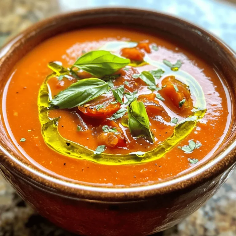 - 2 pounds ripe tomatoes, halved - 1 medium onion, coarsely chopped - 4 whole garlic cloves, unpeeled - 2 tablespoons extra virgin olive oil - 1 teaspoon balsamic vinegar - 1 teaspoon sea salt - ½ teaspoon freshly ground black pepper - 1 teaspoon dried basil - 1 cup vegetable broth Ripe tomatoes are the star of this soup. Their sweetness shines through when roasted. I like to use a mix of colors for a vibrant look. The onion adds depth, while the garlic gives a warm flavor. Olive oil helps roast the veggies beautifully, and balsamic vinegar adds a hint of tang. Salt and pepper balance the flavors, and dried basil brings a lovely herb note. Vegetable broth gives the soup its body. - ½ cup heavy cream (optional, for a creamy texture) - Fresh basil leaves, for garnish You can add heavy cream for a rich texture. It makes the soup smooth and velvety. Fresh basil leaves are perfect for garnish. They add a pop of color and fresh aroma. If you want a lighter soup, skip the cream. You can also use other herbs if you like. - Baking dish - Blender - Saucepan You will need a baking dish to roast the vegetables. A blender turns the roasted mix into a smooth soup. Finally, a saucepan heats it up before serving. These tools are simple, but they make a big difference in creating this comforting dish. For the full recipe, check the details above. - Preheat your oven to 400°F (200°C). - Gather your ripe tomatoes, onion, and garlic for roasting. - Halve the tomatoes and coarsely chop the onion. - Keep the garlic cloves whole and unpeeled. - Place the halved tomatoes, chopped onions, and whole garlic cloves in a baking dish. - Drizzle 2 tablespoons of extra virgin olive oil and 1 teaspoon of balsamic vinegar over the veggies. - Sprinkle with 1 teaspoon of sea salt, ½ teaspoon of freshly ground black pepper, and 1 teaspoon of dried basil. - Toss the vegetables gently to coat them well. - Roast the vegetables for 25-30 minutes until the tomatoes are soft and charred. - Once roasted, let the vegetables cool for a few minutes. - Squeeze the soft garlic out of its skins and discard the skins. - Transfer the roasted mixture to a blender. - Add 1 cup of vegetable broth and blend until smooth. - If you want a creamy texture, add ½ cup of heavy cream and pulse briefly. - Pour the blended soup into a saucepan. Heat it over low to medium heat until warm. - Taste and adjust the seasoning if needed. - Serve your soup hot, garnished with fresh basil leaves for a lovely finish. For more details, check the Full Recipe. Choosing the right tomatoes Use ripe tomatoes for the best taste. Look for tomatoes that feel heavy and smell sweet. Varieties like Roma or heirloom give great flavor. They hold up well during roasting, enhancing the soup's richness. Balancing acidity Tomatoes can be acidic. To balance this, add a touch of sugar or a splash of balsamic vinegar. This small change makes a big difference. It helps create a smooth, well-rounded flavor. How to achieve optimal roasting Roast your tomatoes at 400°F (200°C) for about 25-30 minutes. This high heat helps to caramelize the sugars. Spread the tomatoes, onions, and garlic in a single layer. Avoid overcrowding to ensure even roasting. A little char brings out the best flavors. Garnishing with fresh basil Fresh basil adds color and aroma. Tear the leaves and sprinkle them on top just before serving. This simple step makes your soup look and taste gourmet. Serving suggestions with bread Serve your soup with crusty bread. A slice of toasted baguette is perfect. You can also drizzle olive oil on the bread for extra flavor. This pairing makes a comforting meal that everyone will enjoy. For more on making this dish, check the Full Recipe. {{image_4}} You can enhance your soup with fresh herbs. Add basil, oregano, or thyme for a tasty twist. Fresh basil gives a bright flavor. Just chop it finely and mix it in before serving. You can also use dried herbs if fresh ones are not available. They add depth but use less, as dried herbs are stronger. Want some heat? Add chili flakes or diced peppers for a spicy kick. Start with a small amount and taste as you go. This way, you can control the heat level. A little spice can really wake up the flavors of the tomatoes. Try using jalapeños or serranos for a fresh, spicy option. For a vegan soup, swap heavy cream for coconut milk. Coconut milk adds a rich, creamy texture without dairy. This gives your soup a unique flavor. You may also use cashew cream for a nutty taste. Blend soaked cashews with water until smooth, then mix it in. You will love how rich and satisfying it feels! For the full recipe, check out the complete guide to making this delightful soup. To store your roasted tomato soup in the refrigerator, let it cool first. Then, pour it into an airtight container. Make sure to seal it well to keep out air. This way, it stays fresh for up to five days. When you are ready to eat, just take it out and reheat. Freezing roasted tomato soup is easy and perfect for later use. Start by letting the soup cool completely. Then, transfer it to freezer-safe bags or containers. Leave some space at the top, as the soup will expand when frozen. Label each container with the date. You can keep it in the freezer for up to three months. When it's time to enjoy your soup again, reheating it right is key. The best method is to use a saucepan over low heat. Stir it often to help it warm evenly. If the soup seems too thick, add a splash of vegetable broth or water. This will keep the flavor strong and delicious. You can also microwave it in short intervals, stirring in between. Yes, you can use canned tomatoes. They save time and are always ripe. However, fresh tomatoes give better flavor. Canned tomatoes may lack the sweetness of fresh ones. If you use them, choose high-quality canned types. Drain excess liquid to avoid a watery soup. The soup lasts about four days in the fridge. Store it in an airtight container. This keeps it fresh and tasty. If you want to keep it longer, consider freezing it. Yes! Adding protein can make the soup heartier. You can mix in shredded chicken for richness. Beans like cannellini or chickpeas also work well. Both options will enhance the soup's texture and flavor. This blog covers easy roasted tomato soup made with ripe tomatoes, onion, and garlic. I shared simple steps to roast, blend, and enhance your soup. You can customize it with cream or herbs for extra flavor. Remember, the right tomatoes and roasting techniques matter. Store leftovers wisely and enjoy this dish again. No matter how you choose to make it, roasted tomato soup can satisfy you any time. Enjoy your cooking adventure!