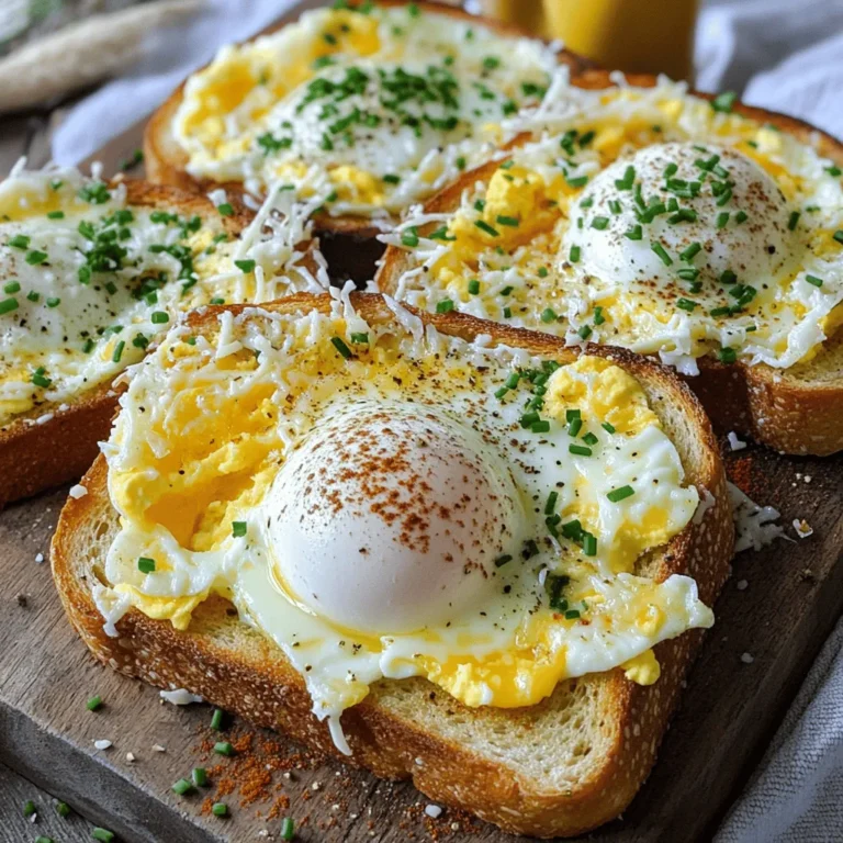 - 4 slices of hearty bread (e.g., sourdough, whole grain) - 4 large eggs - 1 cup shredded mozzarella cheese - 1/2 cup grated Parmesan cheese - 1/2 teaspoon garlic powder - 1/2 teaspoon dried oregano - 1/4 teaspoon red pepper flakes (optional) - Salt and black pepper to taste - 2 tablespoons fresh chives or parsley (garnish) - 2 tablespoons olive oil or melted butter Creating Cheesy Baked Egg Toast is simple. You need just a few ingredients. Start with four slices of hearty bread. Sourdough or whole grain works great. You will also need four large eggs. Eggs give the dish its creamy texture. Next, grab a cup of shredded mozzarella cheese. This cheese melts beautifully and adds a rich taste. You will also need half a cup of grated Parmesan cheese. It adds a salty kick. Don't forget garlic powder and dried oregano. These spices bring out the flavor. If you like heat, add red pepper flakes, but it's optional. Season with salt and black pepper to your taste. Finally, you will need fresh chives or parsley for garnish. These herbs add color and freshness. Use olive oil or melted butter to brush the bread. This helps it get nice and crispy. You can find the Full Recipe to guide you through the preparation. - Preheat oven to 375°F (190°C). - Line a baking sheet with parchment paper. - Cut an 'X' shape in the center of each bread slice. - Drizzle olive oil or melted butter on the bread. - Crack eggs into the wells of the bread slices. - Mix cheeses and seasonings, then spoon over eggs. - Bake for 15-20 minutes until eggs are set and cheese is bubbly. This method makes the perfect Cheesy Baked Egg Toast. Follow the steps in the Full Recipe for best results. - Use fresh, quality ingredients for better flavor. Fresh eggs and bread make a huge difference. - Adjust cooking time for desired yolk consistency. Bake less for runny yolks or more for firmer ones. - Pair with mixed greens or sliced avocado. This adds freshness and color to your plate. - Offer hot sauce or fresh herbs for extra flavor. A dash of spice can elevate your toast. - Serve on a rustic wooden board. This adds charm and makes your dish look inviting. - Garnish with additional herbs for a pop of color. Chives or parsley create a beautiful finish. Each of these tips helps you create a delicious and attractive Cheesy Baked Egg Toast. For the complete recipe, check out the [Full Recipe]. {{image_4}} Cheesy Baked Egg Toast is great for changing up flavors. You can substitute mozzarella with other cheeses. Try cheddar for a sharp taste or pepper jack for a spicy kick. For extra creaminess, add cream cheese. This will make your toast even richer and more delicious. You can mix in cooked bacon or sausage for protein. This adds heartiness to your dish. If you like veggies, include spinach or tomatoes. These will give your toast a fresh, vibrant look and taste. Seasonal herbs or vegetables can elevate your dish. In spring, use fresh chives or asparagus. During fall, try adding pumpkin or squash for a festive touch. You can also incorporate festive flavors during holidays, like adding cranberries or sage. Don't hesitate to experiment! For the full recipe, check out the [Full Recipe]. To store leftovers, let the Cheesy Baked Egg Toast cool first. Place each piece in an airtight container. You can also use a zip-top bag. If you have multiple pieces, layer parchment paper between them. This helps prevent sticking. The best way to reheat is in the oven. Preheat to 350°F (175°C). Place the toast on a baking sheet. Heat for about 10 minutes or until warm. This keeps the bread crispy. If you want a runny yolk, cover the toast with foil for part of the time. You can freeze Cheesy Baked Egg Toast, but it’s best to freeze before baking. Wrap each piece in plastic wrap, then in foil. This keeps them fresh for up to three months. When ready to eat, thaw in the fridge overnight and bake as usual. For Cheesy Baked Egg Toast, I love using hearty bread. Here are some great options: - Sourdough: Its tangy flavor and sturdy texture work well. - Whole grain: This adds a nutty taste and good nutrition. - Ciabatta: It’s light, airy, and provides a nice crust. - French baguette: This adds a crispy edge and soft inside. Each type of bread holds the egg and cheese well, making each bite delicious. Yes, you can prepare Cheesy Baked Egg Toast ahead of time. Here’s how: - Assemble the toast without baking. - Place it on a baking sheet and cover with plastic wrap. - Store it in the fridge for up to 24 hours. When you’re ready to bake, just remove the wrap and pop it in the oven. This saves time and still tastes fresh. You can easily swap some ingredients if needed. Here are my suggestions: - Cheese: Use cheddar or pepper jack for different flavors. - Herbs: Basil or thyme can replace oregano for a twist. - Bread: Gluten-free bread works well if you need it. - Eggs: You can use egg whites for a lighter version. These substitutions keep the dish tasty while fitting your needs. For the full recipe, check back to the main section! This recipe for Cheesy Baked Egg Toast is simple and tasty. You have learned about the main ingredients, step-by-step instructions, and useful tips. You can make it your own by adding different ingredients or adjusting flavors. Storing and reheating are easy as well. I hope you feel inspired to try this dish. Enjoy your cooking and share it with friends for a fun meal!