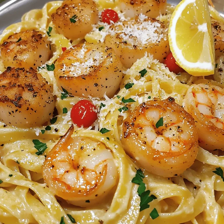 - 8 oz spaghetti or fettuccine - 1 lb shrimp, peeled and deveined - 1 lb scallops, patted dry - 3 tablespoons olive oil - 4 cloves garlic, minced - 1 cup cherry tomatoes, halved - 1/2 cup heavy cream - Juice of 1/2 lemon - 1 teaspoon red pepper flakes (adjust to taste) - Salt and black pepper, to taste - 1/4 cup fresh parsley, chopped - Grated Parmesan cheese, for serving This dish starts with simple yet fresh ingredients. You can use either spaghetti or fettuccine; both work well. The shrimp and scallops offer a sweet and briny taste, making the dish feel special. Fresh cherry tomatoes add a burst of flavor and color, while garlic gives it that warm, homey feel. For the sauce, heavy cream makes it rich and smooth. A splash of lemon juice brightens everything up. Red pepper flakes give a bit of heat, but you can adjust them to your taste. To finish, a sprinkle of fresh parsley and Parmesan cheese adds a lovely touch. To see how to combine these ingredients into a delightful meal, check out the Full Recipe. - Step 1: Bring a large pot of salted water to a rolling boil. Add the spaghetti or fettuccine. Cook it according to the package instructions until it is al dente. - Step 2: Reserve 1 cup of the pasta water, then drain the pasta and set it aside. - Step 3: In a large skillet, heat 2 tablespoons of olive oil over medium-high heat. Once the oil is shimmering, carefully add the scallops in a single layer. Sear them for 2-3 minutes on each side until they turn golden brown and opaque. - Step 4: Remove the scallops from the skillet and set them aside on a plate. - Step 5: In the same skillet, add the remaining tablespoon of olive oil. Once hot, add the minced garlic. Sauté for about 30 seconds, stirring constantly until it is fragrant. - Step 6: Add the halved cherry tomatoes and sprinkle in the red pepper flakes. Cook for 3-4 minutes, stirring occasionally, until the tomatoes soften and begin to burst. - Step 7: Reduce the heat to medium-low. Pour in the heavy cream, stirring well to combine. Add the lemon juice, then season with salt and black pepper to taste. Simmer gently for about 2-3 minutes until the sauce thickens slightly. - Step 8: Return the seared scallops to the skillet. Add the cooked pasta and the shrimp to the skillet. Toss everything together. Add reserved pasta water a little at a time until the sauce coats the pasta to your liking. - Step 9: Adjust the consistency as needed with the reserved pasta water. - Step 10: Continue to cook the mixture for another 2 minutes, or until the shrimp turn pink and are cooked through. Ensure everything is heated evenly. - Step 11: Divide the pasta mixture among shallow bowls. Top each serving with a sprinkle of fresh parsley and grated Parmesan cheese, if desired. Enjoy this delightful dinner option! You can find the full recipe here, Shrimp & Scallop Delight Pasta. - Use high-quality scallops for the best flavor. Fresh scallops enhance the dish. - Ensure the skillet is hot before adding scallops to avoid sticking. A hot skillet creates a nice crust. - Add a splash of white wine for extra depth of flavor. It gives a nice tang. - Adjust red pepper flakes for desired spice level. This lets you control the heat. - Use shallow bowls for serving. These create an elegant look. - Garnish with lemon twists or extra parsley for color. This adds a fresh touch to your plate. For more details on crafting this dish, check the Full Recipe. {{image_4}} You can switch the shrimp and scallops for other proteins. Chicken works great in this dish. Simply cut it into bite-sized pieces and cook it until it's no longer pink. If you love seafood, lobster is another tasty option. For a fun mix, add mussels or clams. They bring a tasty briny flavor to your pasta. The type of pasta you choose can change the dish. Whole wheat pasta is a healthy swap, offering more fiber. Gluten-free pasta is another choice for those with dietary needs. You can also try different shapes like penne or linguine. Each shape holds the sauce in a unique way, giving you a new taste each time. To change the sauce, consider using coconut milk instead of heavy cream. This makes the dish lighter and adds a hint of sweetness. Another fun twist is to add pesto. The fresh herbs in pesto give a bright flavor that complements the seafood. You can find the full recipe to explore these variations further. Store any leftovers in an airtight container. Keep them in the fridge for up to 3 days. When you want to enjoy them again, reheat gently on the stove or in the microwave. This keeps the flavors intact and the pasta nice. If you want to save leftovers longer, you can freeze them. Portion out the pasta and seafood before freezing. They will stay good for up to 2 months. When you're ready to eat, thaw them overnight in the fridge. This helps maintain the texture and taste. To keep your pasta from drying out, add a splash of water or broth when reheating. This adds moisture back into the dish. Stir often to ensure even heating. This way, every bite remains delicious and warm. Enjoy your Shrimp Scallop Pasta again with all its flavors! Spaghetti and fettuccine are excellent choices for compatibility with the sauce. Spaghetti offers a classic feel, while fettuccine gives a nice, creamy texture. Both noodles hold the sauce well, making each bite flavorful. When you choose either, make sure to cook them al dente for the best results. This way, the pasta stays firm and complements the tender seafood. Yes, you can use frozen shrimp and scallops. Just ensure they are thawed properly before cooking for the best texture. Thaw them overnight in the fridge or use the cold water method. Place them in a bowl and cover with cold water for about 30 minutes. Avoid using hot water, as it can cook the seafood. Properly thawed ingredients keep their flavor and texture intact. To make this recipe dairy-free, substitute heavy cream with cashew cream or a plant-based alternative. Cashew cream adds a rich texture without dairy. Simply soak cashews in water for a few hours, then blend with water until smooth. You can also use almond or coconut cream as other options. These alternatives keep the dish creamy and delicious while meeting your dietary needs. A light white wine like Pinot Grigio or Sauvignon Blanc complements the dish beautifully. These wines enhance the flavors without overpowering the seafood. Their crisp acidity balances the richness of the sauce. Pour a glass alongside your meal for an enjoyable dining experience. You can even use a splash of wine in the sauce for added depth. This blog post covered a tasty shrimp and scallop pasta dish. You learned about the ingredients, cooking steps, and tips to make it shine. Remember, you can switch proteins or pasta types for a twist. Don't shy away from trying new flavors in the sauce. I believe great meals come from experimenting. Enjoy making this dish, and impress your family or friends. Your kitchen adventures are just beginning!