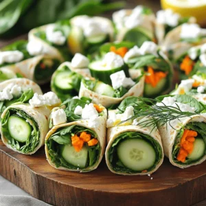 For my healthy spinach and feta wraps, I gather the following ingredients: - 4 large whole wheat tortillas - 2 cups fresh spinach, thoroughly washed and roughly chopped - 1 cup feta cheese, crumbled - 1 medium cucumber, finely diced - 1 medium carrot, grated - 1/4 of a red onion, thinly sliced - 1/2 cup hummus, either store-bought or homemade - 1 tablespoon extra virgin olive oil - 1 tablespoon freshly squeezed lemon juice - Salt and freshly cracked pepper to taste - Fresh dill for garnish (optional) These wraps are not just tasty; they are also good for you. Each wrap provides a healthy dose of fiber from the whole wheat tortillas and spinach. The feta cheese adds protein and calcium. Spinach is rich in vitamins A, C, and K. Cucumber and carrot bring hydration and crunch. Overall, these wraps are low in calories yet high in nutrients, making them a great choice for a light meal. You can enhance your wraps with some simple garnishes. Try fresh dill for a pop of flavor and color. You could also add a squeeze of lemon juice on top or serve with a side of yogurt dip. If you want more crunch, slice some radishes and sprinkle them on. These little touches will make your meal even better! To start, gather a small bowl and your ingredients. Combine 1 tablespoon of extra virgin olive oil, 1 tablespoon of freshly squeezed lemon juice, salt, and pepper. Whisk these ingredients together until they blend smoothly. This dressing adds flavor and ties the whole wrap together. Set it aside for now. Next, take a large mixing bowl and add 2 cups of fresh spinach, chopped roughly. Then, add 1 medium cucumber, diced finely. Grate 1 medium carrot and slice 1/4 of a red onion thinly. Toss all these vegetables gently. This helps mix the colors and flavors nicely. Now, it’s time to put everything together. Take one large whole wheat tortilla and spread about 2 tablespoons of hummus on it. Leave an inch of space around the edges. In the center, add a scoop of your mixed vegetables and feta cheese. Make sure not to overfill for easy wrapping. Fold in the sides and roll from the bottom to the top. Repeat this with the rest of the tortillas. For a lovely touch, cut each wrap in half diagonally and arrange them on a platter. If you like, sprinkle some fresh dill on top for extra flair. You can find the complete preparation in the Full Recipe. To keep your spinach and feta wraps fresh, start with quality ingredients. Use fresh spinach and crumbled feta, as they make a big difference. Wash the spinach well to remove dirt and grit. Store any leftover wraps in an airtight container. This keeps them crisp and tasty for later. One common mistake is overfilling the wraps. This makes them hard to roll. Aim for a good balance of filling. Also, avoid using soggy tortillas. They can tear easily and make a mess. Lastly, don’t forget to season your filling. A little salt and pepper can enhance the flavors. Serve these wraps with a side of fresh fruit or a light salad. This adds color and nutrients to your meal. You can also slice the wraps into pinwheels for a fun twist. For dips, try yogurt or a creamy dressing. These add extra flavor and make your meal more exciting. For the full recipe, check out the detailed instructions above. {{image_4}} You can easily add proteins to your spinach and feta wraps. Grilled chicken or turkey slices work great. These proteins add flavor and make the wraps heartier. Simply cook the meat, slice it thin, and layer it with the filling. This change makes a filling meal for lunch or dinner. If you want a vegan option, you can skip the feta cheese. Instead, use avocado for creaminess. You can also add chickpeas for protein and texture. These swaps keep the wrap tasty and satisfying. With fresh veggies and a creamy spread, it stays delicious and healthy. Spice can enhance your wraps. Consider adding spices like cumin or paprika for warmth. Fresh herbs like basil or cilantro can also brighten the flavors. If you like heat, a few red pepper flakes will do the trick. Experiment with different spices to find your favorite mix. These tweaks keep your meal exciting and fresh every time. For the complete recipe, check the [Full Recipe]. To keep your Healthy Spinach and Feta Wraps fresh, wrap them tightly in plastic wrap or foil. This helps avoid air exposure, which can make them soggy. Store them in an airtight container in the fridge. If you have leftover filling, store it separately in a sealed container. You can make these wraps in advance. Prepare the filling and store it in the fridge. When you are ready to eat, spread the hummus on the tortillas and add the filling. This keeps the wraps fresh and prevents them from getting soggy. You can also pre-assemble the wraps and store them for quick meals. Most of the ingredients for these wraps last well in the fridge. Spinach stays fresh for about 5-7 days, while feta cheese can last 1-2 weeks. Tortillas usually last for a month if unopened. Keep an eye on your ingredients to ensure they remain fresh and tasty. To make Healthy Spinach and Feta Wraps, start by mixing your veggies. You need spinach, cucumber, carrot, and red onion. Toss these in a bowl. Next, add crumbled feta cheese and mix gently. Make a dressing with olive oil, lemon juice, salt, and pepper. Drizzle this over the veggie mix. Spread hummus on whole wheat tortillas and add the filling. Fold and roll each wrap tightly. For a nice touch, cut them in half and serve. Check the Full Recipe for all details. Yes, you can make these wraps ahead of time. They stay fresh in the fridge for up to two days. Just wrap them tightly in plastic or foil. To keep the tortillas from getting soggy, store the dressing separately. When ready to eat, drizzle the dressing on just before serving. If you want to substitute feta cheese, try goat cheese or ricotta. Both give a nice creamy texture. For a dairy-free option, use tofu that has been crumbled and seasoned. Nutritional yeast can also add a cheesy flavor without dairy. These wraps are great for meal prepping! They are easy to prepare in bulk. Just remember to keep the dressing separate to maintain freshness. You can pack them for lunch or a quick snack. They are healthy and will keep you satisfied. In this article, we covered how to make healthy spinach and feta wraps. We discussed the ingredients, step-by-step instructions, and helpful tips. You can add proteins or try vegan options for variety. Proper storage is key for freshness. Lastly, I answered common questions about prep and substitutions. With these tips, you can create tasty wraps that impress. Enjoy making and sharing your delicious wraps!