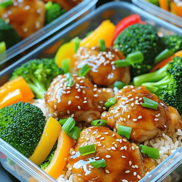 - Chicken: boneless skinless thighs - Sauces and Marinades: soy sauce, brown sugar, rice vinegar, sesame oil - Aromatics: garlic, ginger For this Easy Teriyaki Chicken Meal Prep, I use boneless skinless chicken thighs. They stay juicy and tender. You will also need some key sauces: soy sauce, brown sugar, rice vinegar, and sesame oil. These create a rich and sweet glaze. Don't forget the aromatics! Fresh garlic and ginger add a strong flavor. They make a big difference in the taste of your dish. - Rice: jasmine rice - Vegetables: broccoli, bell peppers - Garnishes: green onions, sesame seeds For a complete meal, I like using jasmine rice. It has a nice aroma and fluffy texture. Add some colorful veggies like broccoli and bell peppers. They bring crunch and nutrients. Lastly, sprinkle chopped green onions and sesame seeds on top. They enhance the dish's look and taste. This Easy Teriyaki Chicken Meal Prep is simple and delicious! You can find the Full Recipe for more details on how to make it. To start, you need to prepare the marinade. In a large bowl, mix together: - 1 cup low-sodium soy sauce - 1/2 cup brown sugar - 1/4 cup rice vinegar - 2 tablespoons sesame oil - 2 cloves garlic, minced - 1 tablespoon fresh ginger, minced Stir until the brown sugar dissolves. Next, coat the chicken pieces in the marinade. Make sure each piece is fully covered. Cover the bowl with plastic wrap and refrigerate for at least 30 minutes. For the best flavor, marinate for up to 2 hours. While the chicken marinates, rinse the rice. Place 2 cups of jasmine rice in a fine-mesh strainer. Rinse under cold water until it runs clear. This removes excess starch. In a medium pot, combine the rinsed rice with 2 cups of water. Bring to a boil over high heat. Once boiling, reduce the heat to low. Cover the pot and let it simmer for 15 to 20 minutes. The rice is done when it has absorbed all the water. Remove from heat and let it steam, covered, for 5 more minutes. Next, prepare the vegetables. Bring a pot of water to a boil. Add 2 cups of broccoli florets and 1 cup of sliced bell peppers. Cook for about 3 to 4 minutes. You want them bright and tender-crisp. Drain them in a colander and set aside. Now it's time to cook the chicken. Heat a large skillet or wok over medium-high heat. Add the marinated chicken along with all the marinade. Stir-fry the chicken for 8 to 10 minutes. Stir occasionally until the chicken is cooked through. The sauce will thicken and coat the chicken pieces nicely. To put your meal prep together, start with the cooked rice. Evenly distribute it among your meal prep containers. Next, add the cooked teriyaki chicken on top of the rice. Finally, layer the blanched broccoli and sliced bell peppers over each portion. After assembling, garnish each container with chopped green onions and sesame seeds. Let the meal prep containers cool completely at room temperature. Once cooled, seal them with lids. Store them in the refrigerator for up to 4 days. Enjoy your Easy Teriyaki Chicken Meal Prep whenever you need a quick meal! To enhance the taste of your teriyaki chicken, try different marinades. You can add pineapple juice for sweetness or Sriracha for spice. Both options add a fun twist to the dish. Use fresh herbs like cilantro or basil to give it a bright flavor. For juicy chicken, don't skip marinating. It makes a huge difference! Aim for at least 30 minutes, but let it sit for up to 2 hours. This allows the chicken to absorb all those tasty flavors. When cooking, make sure not to overcrowd the pan. This helps the chicken brown nicely. Having the right tools makes meal prep easy. A good cutting board and a sharp knife are must-haves. A large mixing bowl helps mix your marinade well. A good skillet or wok is key for cooking the chicken evenly. For storage, use airtight containers. Glass containers work best as they keep food fresh. Look for ones that are microwave-safe. This way, you can heat your meals quickly. To save time, prep your ingredients first. Chop your veggies and chicken before you start cooking. This step makes the process much smoother. Try batch cooking too! Make extra teriyaki chicken and freeze it. You can enjoy it later when you need a quick meal. Use your weekends for meal prep. This way, your weeknights stay stress-free. For the full recipe, refer back above. {{image_4}} You can switch the chicken for other proteins. Try pork, beef, or tofu for variety. Each protein gives a unique taste and texture. - Substitutes for chicken: Use boneless pork chops or beef strips. - Vegetarian options: Tofu absorbs flavors well. Tempeh is another great choice. Teriyaki sauce is delicious, but there are alternatives. Sweet and sour or hoisin sauce can add a different flair. - Teriyaki sauce alternatives: Try a homemade sauce with soy sauce, honey, and ginger. - Customizations for spice levels: Add chili paste or sriracha for heat. Adjust based on your taste. Seasonal veggies enhance flavor and nutrition. Fresh produce makes your meal prep even better. - Suggest adding seasonal vegetables: In spring, use asparagus or peas. In fall, add sweet potatoes or Brussels sprouts. - Using different rice types: Substitute jasmine rice with brown rice or quinoa for a health boost. Each grain adds its unique taste and benefits. For the complete recipe, refer to the [Full Recipe]. You can store Easy Teriyaki Chicken Meal Prep in the fridge for up to 4 days. To keep it fresh, place it in airtight containers. Make sure to let the meal cool down completely before sealing them. This helps prevent moisture build-up, which can make your meal soggy. For longer storage, you can freeze the meal prep containers. Wrap each container tightly in plastic wrap before placing it in the freezer. When you’re ready to eat, take it out and thaw it overnight in the fridge. To reheat, microwave it for 3-5 minutes until hot. Stir halfway to heat evenly. Always check for signs of spoilage. If you see any discoloration or strange smells, do not eat it. The chicken should smell savory and good. It's best to follow food safety rules. If in doubt, throw it out! You can store Easy Teriyaki Chicken Meal Prep in the refrigerator for up to 4 days. Make sure to seal the containers tightly. For longer storage, you can freeze the meal prep. In the freezer, it lasts for about 3 months. When you are ready to eat, thaw it in the fridge overnight. Yes, you can use chicken breasts. They are leaner than thighs. This makes them cook faster and result in a different texture. Chicken breasts may also be less juicy. If you prefer a tender bite, thighs work best with teriyaki sauce. If you need a soy sauce substitute, try tamari for gluten-free options. Coconut aminos also work for low-sodium choices. Both will give you a similar umami flavor in your meal prep. To add heat, consider using red pepper flakes or sriracha. You can mix these into the marinade. If you want a fresh kick, add sliced jalapeños when cooking the chicken. This will give your dish a nice spicy boost. Yes! You can use carrots, snap peas, or zucchini. These vegetables pair well with teriyaki chicken. Just be sure to chop them to a similar size for even cooking. Enjoy experimenting with your favorite veggies! In this post, we explored making Easy Teriyaki Chicken Meal Prep. We covered essential ingredients like chicken, sauces, and vegetables. I shared step-by-step directions for marinating, cooking, and assembling your meal. Tips for flavor and storage were also included. Meal prepping saves time and ensures tasty meals. With the right ingredients and methods, you can enjoy delicious teriyaki chicken throughout the week. Get started, and let your kitchen creativity shine!
