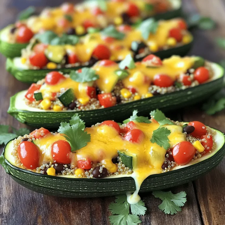 To make stuffed zucchini boats, you need fresh and tasty ingredients. Here’s what you will need: - 4 medium zucchinis - 1 cup cooked quinoa - 1 cup cherry tomatoes, halved - 1/2 cup red bell pepper, finely chopped - 1/2 cup corn kernels (fresh or frozen) - 1 cup black beans, rinsed and drained - 1 teaspoon ground cumin - 1 teaspoon chili powder - 1/2 teaspoon garlic powder - 1 cup shredded cheese (cheddar or mozzarella) - Salt and pepper to taste - 2 tablespoons olive oil - Fresh cilantro, chopped, for garnish Using these ingredients makes the dish flavorful and healthy. Quinoa adds protein, while black beans bring fiber. Zucchini is low in calories, making this meal light and satisfying. You can find the full recipe in the previous section. Enjoy the mix of fresh veggies and spices! - Preheat the oven to 375°F (190°C). - Rinse and slice the zucchinis, scoop out seeds. - Coat the zucchini with olive oil, salt, and pepper. Start by warming your oven. This step helps cook our zucchini evenly. Next, rinse the zucchinis to remove dirt. Slice them in half lengthwise to create boats. Use a spoon to scoop out the seeds. Make sure to leave enough flesh so the zucchini stays firm. Finally, drizzle olive oil on the cut sides. Sprinkle salt and pepper for extra taste. - Combine quinoa, vegetables, spices, and beans in a bowl. - Mix thoroughly to blend flavors. In a large bowl, add the cooked quinoa. Toss in halved cherry tomatoes, chopped red bell pepper, corn, and black beans. Then, add the spices: ground cumin, chili powder, and garlic powder. Mixing everything well is key. This helps all the flavors come together nicely. - Fill zucchini boats with the mixture. - Top with cheese, cover with foil, and bake. - Remove foil and bake until golden and tender. Take the quinoa mixture and spoon it into each zucchini boat. Press down gently to pack it inside. Then, sprinkle shredded cheese on top of each boat. Cover the baking sheet with aluminum foil to keep moisture in. Bake for 20 minutes. After that, take off the foil. Bake for another 10 to 15 minutes until the cheese is golden and bubbly. The zucchinis should also be tender. For the full recipe, check the main section. Enjoy your tasty stuffed zucchini boats! - Choose firm zucchinis for the best results. Soft zucchinis can fall apart. - Avoid over-scooping to maintain structure. Keep some flesh for support. - Experiment with spices or add fresh herbs. Basil and oregano work well. - Drizzle with balsamic glaze for added flavor. This adds a sweet touch. - Adjust baking time based on zucchini size. Smaller zucchinis need less time. - Broil briefly for extra crispiness on top. This makes the cheese melt nicely. For a full recipe, check out the delightful stuffed zucchini boats that I love to make! {{image_4}} Stuffed zucchini boats are a fun dish. You can change them up in many ways. Here are some tasty options. If you want a meatless meal, try these swaps: - Replace black beans with cooked lentils. Lentils give a nice texture. - Use vegan cheese for a dairy-free version. It still melts and tastes great. For those who enjoy meat, consider these ideas: - Incorporate ground turkey or beef for a meaty filling. It adds richness and heartiness. - Use chickpeas for a different plant-based protein. They are filling and add fiber. Keeping it gluten-free? Here are some tips: - Ensure quinoa is labeled gluten-free. This helps avoid any issues. - Use grain-free fillings like cauliflower rice. It’s low in carbs and very tasty. Feel free to mix and match these ideas. Each variation can turn your stuffed zucchini boats into something new and exciting. For the complete recipe, check out the [Full Recipe]. Store your stuffed zucchini boats in an airtight container for up to 3 days. This helps keep them fresh and tasty. Make sure they cool down before you put them in the fridge. You can enjoy them again without losing flavor. Want to save some for later? You can freeze stuffed zucchini boats prior to baking. This gives them a longer shelf life. To use them, just thaw before baking. Adjust the cooking time as needed, since they start frozen. For the best texture, reheat in the oven. This keeps the zucchini firm and the cheese melty. If you’re in a hurry, you can use the microwave for quick warming. Just be careful not to overheat, or the zucchini might get mushy. Try these storage tips to enjoy your delicious stuffed zucchini boats later. You’ll find they taste just as good! For the full recipe, check out the delightful stuffed zucchini boats. Yes, prepare and store in the fridge before baking. This saves time on busy days. You can assemble the boats and cover them with plastic wrap. When ready, just pop them in the oven. Zucchini should be tender, and cheese should be bubbly and golden. Use a fork to check the zucchini's softness. The cheese will look melted and slightly browned. This means your dish is ready to eat! Pair with a side salad or garlic bread for a complete meal. A fresh salad adds crunch and balance. Garlic bread brings warmth and flavor. Both options complement the zucchini boats well. Absolutely! Use whatever vegetables and spices suit your taste. You can switch out the black beans for lentils or add spinach. Try different herbs for unique flavors, like basil or oregano. Yes, using low-carb fillings makes them suitable for a keto diet. Substitute the quinoa with cauliflower rice if you want fewer carbs. This keeps your meal delicious without sacrificing flavor. For the full recipe, check out the delightful stuffed zucchini boats section. Stuffed zucchini boats are easy and fun to make. We shared ingredients, preparation steps, and storage tips. You can customize the filling to fit your taste and diet. This dish is great for healthy meals or impressing guests. Remember, fresh ingredients bring out the best flavors. Now, try making these delicious zucchini boats for yourself and enjoy the rewarding taste of your hard work!