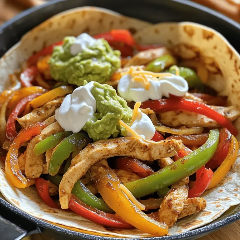 To make your easy chicken fajitas, you need the following main ingredients: - 2 large boneless, skinless chicken breasts, sliced into thin strips - 1 red bell pepper, thinly sliced - 1 green bell pepper, thinly sliced - 1 medium onion, thinly sliced - 3 cloves garlic, finely minced - 2 tablespoons extra-virgin olive oil - 1 tablespoon chili powder - 1 teaspoon ground cumin - 1 teaspoon smoked paprika - Sea salt and freshly cracked black pepper, to taste - Juice of 1 fresh lime - 8 small flour tortillas These ingredients come together to create a tasty and colorful dish. The chicken is the star, while the peppers and onions add crunch and sweetness. You can take your chicken fajitas to the next level with these optional toppings: - Creamy sour cream - Rich guacamole - Shredded cheese - Fresh salsa These toppings add flavor and texture, making each bite even more satisfying. Feel free to mix and match based on your taste. While the classic seasoning is great, you can try these variations: - Add cayenne pepper for extra heat. - Mix in taco seasoning for a different flavor. - Use lime zest for a citrusy kick. These small changes can make a big difference. You can explore flavors based on what you like or what you have on hand. For the full recipe, check out the detailed instructions above! Start by gathering your ingredients. You need the chicken, olive oil, garlic, and spices. Place the sliced chicken in a big bowl. Add the olive oil, minced garlic, chili powder, cumin, smoked paprika, lime juice, salt, and pepper. Mix it all well. Make sure every piece of chicken is coated. Let it sit for about 10 minutes. This helps the flavors blend. Heat a large skillet on medium-high. Once it’s hot, add the marinated chicken. Cook for 5 to 7 minutes. Stir occasionally. You want the chicken to turn golden. Check that it reaches an internal temperature of 165°F (75°C). When done, take the chicken out and set it aside on a plate. In the same skillet, add the sliced onions and bell peppers. Cook them for about 5 minutes. Stir them often. You want them to be tender with a little char. This adds great flavor. Once they are ready, return the chicken to the skillet. Mix everything together and let it cook for another 2 to 3 minutes. This helps all the flavors blend beautifully. While the chicken and veggies are cooking, warm the tortillas. You can do this in a skillet on low heat or in the microwave. Once warm, lay a tortilla flat. Spoon a good portion of the chicken and veggie mix into the center. Add your favorite toppings. Fold the tortilla over or roll it up. Now you have a tasty fajita! For a fun touch, serve them on a colorful platter with lime wedges and fresh cilantro. For the full recipe, check out the details above. Enjoy your meal! When making chicken fajitas, avoid overcooking the chicken. This can make it dry and tough. Cook it just until it reaches 165°F. Also, do not skip marinating the chicken. This step adds great flavor. Finally, don't overcrowd the pan. If you do, the chicken will steam instead of sear. Cook in batches if needed. To get the best chicken, use thin strips. This helps it cook evenly and quickly. After marinating, let the chicken sit at room temperature for about 10 minutes. This allows for even cooking. When the skillet is hot, add the chicken and don't move it too much. Let it sear for a good crust before stirring. To boost flavor, try adding lime juice or zest. This adds a vibrant kick. You can also mix in fresh herbs like cilantro or parsley. For a smoky touch, use smoked paprika. Experiment with different spices, like cayenne or chipotle powder. These can add heat and depth to your dish. For more ideas, check the Full Recipe for other seasoning blends. {{image_4}} You can easily make vegetarian fajitas. Simply swap the chicken for veggies. Use mushrooms, zucchini, or eggplant. They add great texture and flavor. You can also add more bell peppers or corn. Marinate the vegetables the same way as the chicken. This helps them soak up all the spices. Cook them in the skillet until they are tender. Serve with the same toppings for a fun twist. You can try different proteins for your fajitas. Shrimp is a quick and tasty option. Just cook it for a shorter time. Beef or pork works well too. Slice them thinly and season like the chicken. Tofu is another great choice for a plant-based option. It absorbs flavors well and is very filling. Each protein gives a unique flavor to your fajitas. If you want a low-carb option, skip the tortillas. Instead, use lettuce wraps. They are fresh and crunchy, perfect for holding the filling. You can also use cauliflower rice as a base. It adds a nice texture without the carbs. For gluten-free fajitas, choose gluten-free tortillas. Many brands offer delicious options. This way, everyone can enjoy your meal without worry. For more ideas on how to make your chicken fajitas shine, check the Full Recipe. After enjoying your chicken fajitas, you may have leftovers. To store them, place the chicken and veggies in an airtight container. Make sure to keep the tortillas separate. This way, they stay soft and do not get soggy. Leftover fajitas will stay fresh in the fridge for up to three days. When you are ready to eat your leftovers, reheating is simple. You can use a skillet over medium heat. Just add a splash of water to keep the chicken moist. Stir it often for about 5 minutes. For a quick option, use the microwave. Heat the fajitas in short bursts, checking every 30 seconds to avoid overcooking. If you want to save fajitas for later, freezing is a great option. Place the cooled chicken and veggies in a freezer-safe bag. Press out as much air as you can. You can freeze them for up to three months. When you are ready to use them, thaw overnight in the fridge. Then, reheat as mentioned above. Enjoy your easy chicken fajitas anytime with this storage info! For the full recipe, check out the details above. Yes, you can use frozen chicken for this recipe. Just remember to thaw it first. Thawing helps the chicken cook evenly. For best results, use the fridge or a microwave to thaw the chicken. Avoid cooking it straight from frozen, as it won’t cook properly. If you want to skip tortillas, try lettuce wraps. They are low in carbs and fresh. You can also use corn tortillas or whole wheat tortillas for a healthier option. For a fun twist, try using pita bread or even flatbreads. To spice up your fajitas, add more chili powder or some cayenne pepper. You can also use spicy salsa or fresh jalapeños for heat. Another option is to marinate the chicken in hot sauce before cooking. Adjust the spice level to your taste. Chicken fajitas shine with simple sides. Try black beans, corn salad, or Mexican rice. You can also serve them with a fresh green salad. Chips and guacamole make a great snack before the meal. Choose sides that balance the flavors of your fajitas. You can prep the chicken and veggies ahead of time. Marinate the chicken and slice the veggies. Store them in the fridge for up to 2 days. When you’re ready, just cook them together. This saves time and helps the flavors blend. For a full recipe, check out the detailed instructions above. You learned how to make easy chicken fajitas. We covered key ingredients, simple steps, and tips. I shared storage methods and answered common questions. Remember these points for tasty, fun meals. Your creativity can shine with optional toppings or variations. Enjoy the process and share your fajitas with others! You now have all the tools for a delicious, homemade dish.