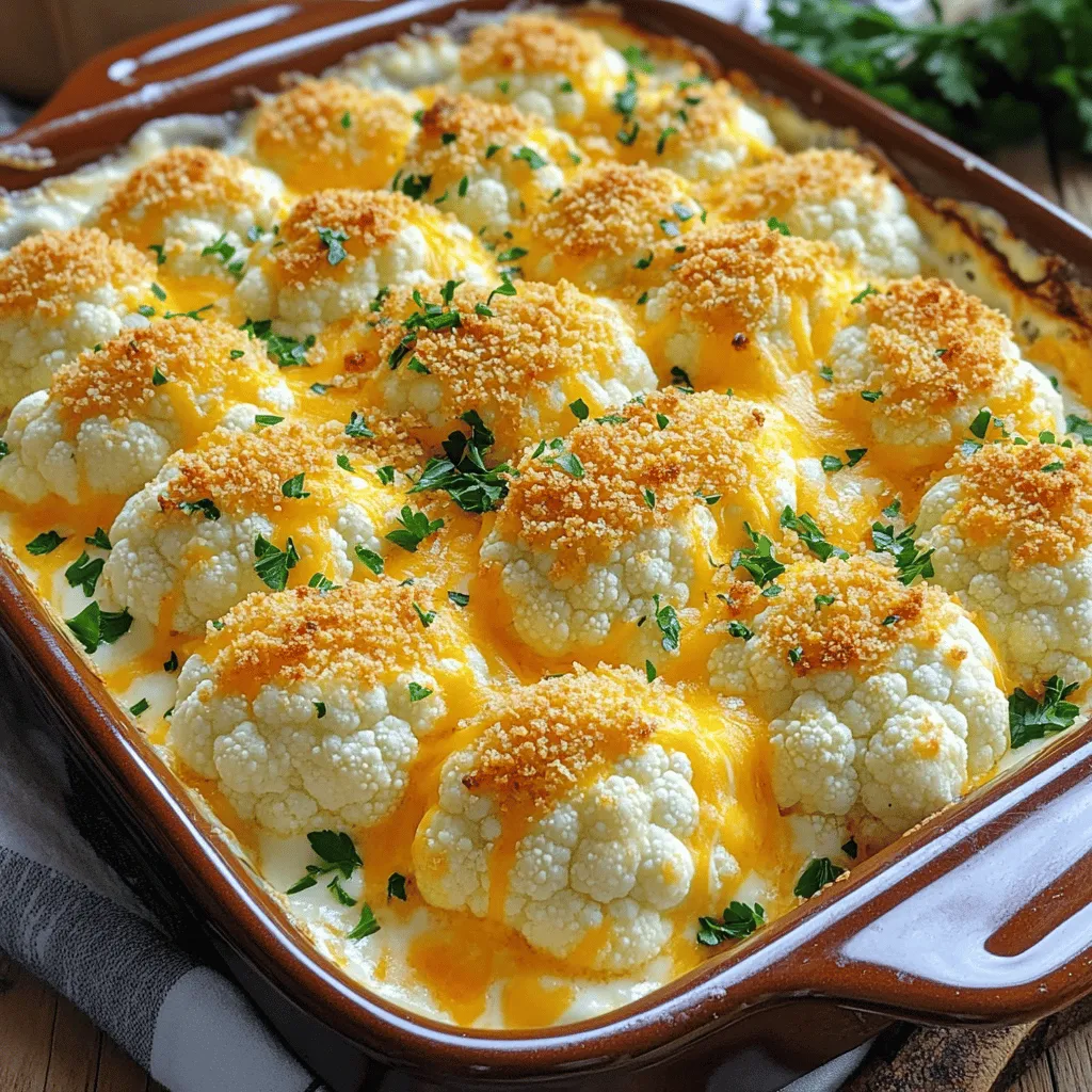 For this cheesy delight, you need: - 1 large head of cauliflower, cut into bite-sized florets - 2 cups shredded sharp cheddar cheese - 1 cup cream cheese, softened to room temperature - 1/2 cup sour cream - 1/2 cup whole milk - 1 teaspoon garlic powder - 1/2 teaspoon onion powder - 1/2 teaspoon smoked paprika - Salt and freshly ground black pepper, to taste These ingredients create a rich and creamy base that perfectly coats the cauliflower. If you want to add some crunch, consider these: - 1/2 cup breadcrumbs (for a crunchy topping) - 2 tablespoons freshly chopped parsley (for garnish) The breadcrumbs give a nice texture, while the parsley adds a fresh touch. You can easily swap some ingredients for different flavors: - Use gouda or mozzarella cheese instead of cheddar for a milder taste. - Greek yogurt can replace sour cream for a healthier option. - Almond milk works well in place of whole milk for a lighter version. These swaps keep the dish tasty while fitting your needs. You can find the full recipe above for detailed steps! Start by preheating your oven to 375°F (190°C). This helps the bake cook evenly. Next, fill a large pot with water. Add a generous pinch of salt and bring it to a rolling boil. Carefully add the cauliflower florets. Cook them for about 5 minutes until they are tender but still crunchy. Drain the florets well and let them cool slightly. In a big mixing bowl, combine the softened cream cheese, sour cream, and whole milk. Use a whisk or an electric mixer to blend these until smooth. Make sure there are no lumps. Next, add the garlic powder, onion powder, smoked paprika, salt, and pepper. Stir well to mix all the spices into the creamy mixture. Now gently fold in the drained cauliflower florets. Ensure each piece is well coated in the cheese sauce. Transfer the cheesy cauliflower mixture into a greased baking dish. Spread it out evenly; this helps it cook well. Now sprinkle the shredded cheddar cheese on top. If you want a crunchy topping, add the breadcrumbs as well. Place the baking dish in the preheated oven. Bake for 25-30 minutes, or until the cheese is bubbly and golden brown. Once baked, take it out and let it cool for a few minutes. Before serving, sprinkle fresh parsley on top for a touch of color and flavor. To get the best cheesy cauliflower bake, start with fresh cauliflower. Look for firm, bright florets. Cooking them briefly keeps them crunchy. Don’t overcook! Mix well to coat every piece in the creamy sauce. Use a baking dish that fits your cauliflower snugly. This helps it cook evenly. When you add cheese on top, go for a generous layer. This creates a nice, bubbly crust. Bake until golden brown, about 25-30 minutes. A perfect bake is all about timing and temperature! Serve this dish hot from the oven. It pairs well with grilled meats or a fresh salad. I like to add a sprinkle of extra parsley on top for color. You can also consider some hot sauce for a kick. If you have guests, serve it family-style in a large dish. This invites everyone to dig in. Enjoy it as a side or a main dish; it fits both! One mistake is overcooking the cauliflower. It should be tender but not mushy. Another mistake is not mixing the cheese sauce enough. You want it smooth with no lumps. Be careful with salt—too much can overpower the flavors. Finally, don’t skip the breadcrumbs if you like a crunchy topping. They add a nice texture that balances the creaminess. Follow these tips, and you’ll have a fantastic cheesy cauliflower bake! For more detailed steps, check the Full Recipe. {{image_4}} If you follow a keto diet, you can still enjoy this dish. Simply swap the breadcrumbs for crushed pork rinds or skip them altogether. This keeps the carbs low while still giving you that cheesy goodness. You can also use full-fat dairy products to maintain those creamy textures. The sharp cheddar cheese adds flavor without adding many carbs. For a gluten-free version, the recipe is almost perfect as is. Just ensure your cream cheese and sour cream are gluten-free. You can also replace breadcrumbs with gluten-free options, like almond flour or gluten-free panko. These alternatives will give you the crunch you crave without the gluten. Want a plant-based option? Replace the cream cheese and sour cream with cashew cream or silken tofu blended smooth. Nutritional yeast can add a cheesy flavor without dairy. You can also use plant-based milk and vegan cheese for a fully vegan experience. The cauliflower will still shine through, and you’ll enjoy the same rich taste. For more details and complete cooking instructions, check the Full Recipe. To store your Cheesy Cauliflower Bake, first let it cool. Place leftovers in an airtight container. You can keep it in the fridge for up to three days. Make sure to cover it well to prevent it from drying out. You can freeze this dish for longer storage. Cut it into portions for easy use. Wrap each portion tightly in plastic wrap, then place in a freezer bag. It can last up to three months in the freezer. Label the bags with the date. This way, you know when to use them. To reheat, take it out of the fridge or freezer. If frozen, let it thaw in the fridge overnight. Preheat your oven to 350°F (175°C). Place the cauliflower bake in an oven-safe dish. Cover it with foil to keep it moist. Heat for about 20-25 minutes until warm. You can remove the foil for the last few minutes for extra browning. Enjoy your cheesy goodness! Yes, you can. Frozen cauliflower works well in this bake. Just remember to thaw and drain it before mixing it with the cheese sauce. This helps avoid extra water in your dish. To add spice, you can mix in red pepper flakes or diced jalapeños. You could also use pepper jack cheese instead of cheddar for a nice kick. Another option is to add some hot sauce to the cheese sauce for extra heat. This dish pairs well with grilled chicken or fish for a complete meal. You can also serve it alongside a fresh salad or roasted veggies. It makes a great side for family dinners or holiday feasts. For more ideas, check out the Full Recipe for tips on creating a balanced plate. You've learned how to create a tasty Cheesy Cauliflower Bake. We covered main and optional ingredients, with simple swaps you can use. The step-by-step guide makes it easy to mix, bake, and serve this dish. I shared tips for a perfect bake and variations for special diets. Storing leftovers and reheating is also simple. With these insights, you can make a delicious, versatile meal. Enjoy cooking and impress others with your yummy Cheesy Cauliflower Bake!