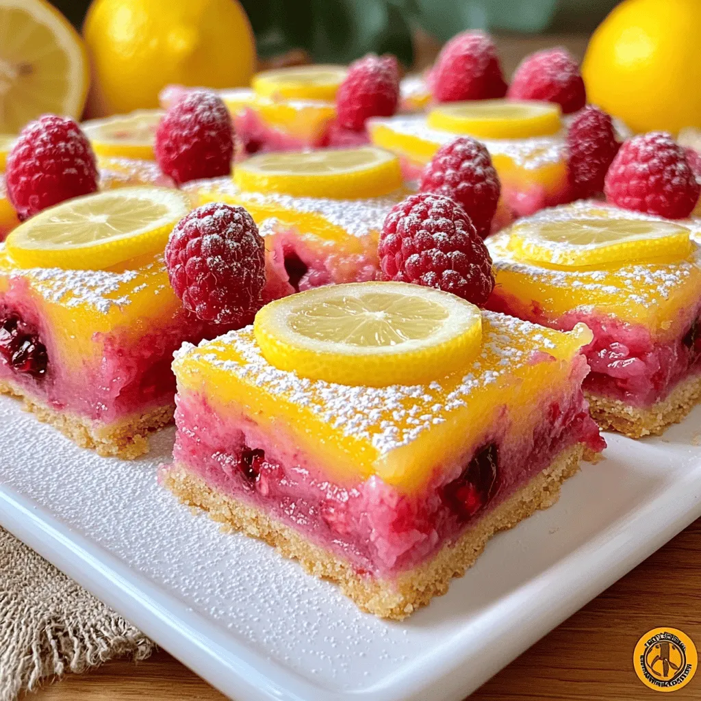 To make Raspberry Lemonade Bars, you will need a few simple ingredients. Here’s the list: - 1 cup all-purpose flour - 1/2 cup powdered sugar (plus extra for dusting) - 1/2 cup unsalted butter, softened to room temperature - 1/4 teaspoon salt - 2 large eggs - 1 cup granulated sugar - 1/4 cup freshly squeezed lemon juice - Zest of 1 lemon - 1 cup fresh raspberries - 1/2 teaspoon baking powder These ingredients work together to create a creamy filling and a buttery crust. The raspberries offer a burst of flavor, while the lemon adds a zesty kick. You can find most ingredients in your kitchen or local store. If you want to make it even easier, check the full recipe for more details. First, preheat your oven to 350°F (175°C). This step is key for even baking. Line an 8x8-inch pan with parchment paper. Leave some paper hanging over the sides. It helps to lift the bars out later. In a medium bowl, mix 1/2 cup of softened butter with 1/2 cup of powdered sugar. Use an electric mixer to cream them until light and fluffy. Next, add 1 cup of all-purpose flour and 1/4 teaspoon of salt. Mix until the dough looks crumbly. Press this mixture evenly into the bottom of your prepared pan. Now, place the crust in the oven and bake for 15 minutes. You want it to get a light golden brown color. When it's done, take it out and let it cool for a few minutes. In a large bowl, whisk together 2 large eggs and 1 cup of granulated sugar. Mix until it's smooth and slightly frothy. Then, add 1/4 cup of freshly squeezed lemon juice, the zest of 1 lemon, and 1/2 teaspoon of baking powder. Stir until well combined. Gently fold in 1 cup of fresh raspberries, being careful not to mash them. Pour the raspberry filling over the cooled crust. Spread it out evenly. Put the pan back in the oven and bake for 25-30 minutes. The filling should be set, and the edges should look lightly golden. After baking, let the bars cool at room temperature for about 30 minutes. Then, move the pan to the fridge and chill for at least 2 hours. This step helps the bars firm up. When the bars are chilled, lift them out of the pan using the parchment paper. Dust the top with extra powdered sugar for a sweet finish. Cut the bars into squares and enjoy your refreshing dessert! For the full recipe, check out the recipe section above. To make the crust just right, use softened butter. It mixes better with the sugar. Cream the butter and sugar until light and fluffy. This makes a tender crust. Press it firmly into the pan. This ensures it holds together after baking. Keep an eye on the baking time. You want it golden but not too dark. If you have leftovers, store them in an airtight container. They can last in the fridge for up to five days. To keep them fresh, make sure they are fully chilled before storing. You can also layer them with parchment paper to prevent sticking. Want to boost the flavor? Try adding a bit of lime juice. It gives a nice twist. You can also mix in other berries like blueberries or blackberries. They add color and taste. For a fun touch, sprinkle some lemon zest on top before serving. {{image_4}} You can easily swap some ingredients in this recipe. If you're out of all-purpose flour, use almond flour or oat flour. Both options work well. Instead of unsalted butter, you can try coconut oil. The taste will change, but it will still be delicious. If you don't have powdered sugar, make your own by blending granulated sugar until fine. This will give a smooth finish. While raspberries are tasty, you can try other fruits. Blueberries, strawberries, or even blackberries can add a new twist. Each fruit brings its own flavor. For a tropical vibe, add diced mango or pineapple. Just make sure to keep the amount similar to the raspberries. Want to make these bars vegan? Substitute eggs with flaxseed meal. Mix 1 tablespoon of flaxseed with 2.5 tablespoons of water. Let it sit for five minutes to thicken. For gluten-free bars, use a gluten-free flour blend. This will keep the texture but change the flavor slightly. You can still enjoy these bars without gluten or animal products. For more details, check the Full Recipe for ideas on how to make these changes. To keep your raspberry lemonade bars fresh, store them in an airtight container. Use parchment paper between layers to prevent sticking. They stay fresh for about 5 days at room temperature. If you want to keep them longer, the fridge is a great option. They can last up to 10 days when chilled. Just remember to cover them well to keep moisture out. You can freeze raspberry lemonade bars for later. To do this, cut the bars into squares first. Wrap each square tightly in plastic wrap. Then, place them in a freezer-safe bag or container. They can be frozen for up to 3 months. When you're ready to enjoy them, just thaw in the fridge overnight. They'll taste just as good as fresh! Raspberry Lemonade Bars last about 4 to 5 days in the fridge. Store them in an airtight container. They will stay fresh and tasty for your family or guests. If you want to keep them longer, you can freeze them. Just wrap them tightly in plastic wrap and foil. Yes, you can use frozen raspberries. They work great in this recipe. Just make sure to thaw and drain excess liquid before mixing them in. This helps to keep your bars from getting too soggy. Fresh raspberries are lovely, but frozen ones are just as good. Raspberry Lemonade Bars taste great with whipped cream or vanilla ice cream. You can also pair them with a scoop of lemon sorbet for a refreshing twist. Fresh mint leaves add a nice touch as well. These sides enhance the fruity flavors and make your dessert even better. To make the bars less sweet, reduce the granulated sugar by a quarter cup. You can also use less powdered sugar for dusting. Another option is to add more lemon juice. This adds tartness and balances the sweetness well. Adjusting sweetness is easy and personalizes the bars to your taste. You may find pre-made Raspberry Lemonade Bars at local bakeries or specialty dessert shops. Some grocery stores also sell them in the bakery section. If you prefer homemade, check out the Full Recipe for a simple guide to making your own delicious bars. You learned about making delicious Raspberry Lemonade Bars with simple steps and key ingredients. We covered how to create the crust, filling, and bake the bars to perfection. You also discovered helpful tips for storing leftovers and some fun variations. These treats are bright, fruity, and perfect for any occasion. I hope you enjoy making and sharing them with friends and family. Happy baking!