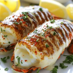 To make this dish, you will need: - 2 lobster tails - 4 tablespoons unsalted butter - 4 cloves garlic, minced - 1/2 cup heavy cream - 1/4 teaspoon paprika - 1/4 teaspoon red pepper flakes (adjust for spice) - Salt and pepper to taste You can elevate your dish with these extras: - Fresh parsley, finely chopped (for garnish) - Lemon wedges (for serving) If you lack an ingredient, try these swaps: - Use salted butter instead of unsalted. - Swap heavy cream for half-and-half for a lighter sauce. - Garlic powder can replace fresh garlic, but use less. - If you want a spicy kick, try cayenne pepper instead of red pepper flakes. This list covers everything you need to create creamy garlic butter lobster tails. For the full recipe, check out the complete cooking instructions. Start by preheating your oven to 400°F (200°C). This gets the oven hot and ready for your lobster tails. Next, grab your lobster tails. Use kitchen scissors to cut the top shell lengthwise. Be careful not to cut the meat underneath. Gently pull the lobster meat from the shell, keeping it attached at the base. This step helps with presentation. Lift the lobster meat above the shell for a stunning look. In a medium saucepan, melt 4 tablespoons of unsalted butter over medium heat. Once melted, add 4 minced garlic cloves. Sauté the garlic for about 1 minute. Watch closely; you don’t want it to brown. After the garlic is fragrant, slowly pour in 1/2 cup of heavy cream while stirring. Then add 1/4 teaspoon of paprika and 1/4 teaspoon of red pepper flakes. Season with salt and pepper to taste. Let the sauce simmer for 2-3 minutes until it thickens slightly. Place the lobster tails on a baking sheet, flesh side up. Pour the creamy garlic butter sauce generously over the lobster meat. Reserve a bit of sauce for later. Bake the lobster tails in the oven for about 12-15 minutes. The meat should look opaque and firm. For a nice golden finish, switch the oven to broil. Broil for an extra 1-2 minutes, but keep a close watch to avoid burning. Once done, remove the lobster tails, drizzle with the reserved sauce, and garnish with chopped parsley. Serve with lemon wedges for a fresh burst. For the full recipe, check the details above. When you choose lobster tails, look for firm shells. Fresh lobster tails should feel heavy for their size. The shell should have a slight shine, and there should be no strong odor. If possible, buy from a trusted fishmonger or grocery store. They can help you pick the best ones. To make the sauce rich and smooth, keep the heat low. Melt the butter gently to avoid burning. Add garlic and sauté just until fragrant. Then, slowly whisk in the cream. This helps it blend well. Taste and adjust with salt, pepper, and a little spice. If you want more heat, add more red pepper flakes. Presentation makes your dish pop. Serve the lobster tails on a big platter. Arrange lemon wedges around the tails for color. Sprinkle chopped parsley on top for a fresh look. For a final touch, drizzle the reserved sauce over the tails. This not only adds flavor but looks great too. For the full recipe, check out the details above. {{image_4}} You can change the flavor of your lobster tails by using different herbs and spices. Try adding fresh thyme or rosemary for a fragrant twist. A pinch of lemon zest can give a bright, fresh taste. If you like heat, consider using cayenne pepper or chili powder instead of red pepper flakes. Experimenting with these options can elevate your dish. Grilling or steaming lobster tails brings out their natural sweetness. For grilling, preheat your grill to medium heat. Brush the tails with garlic butter and grill for about 5-7 minutes. Turn them halfway through for even cooking. Steaming is another easy option. Place the tails in a steamer basket over boiling water. Steam for about 8-10 minutes until the meat turns opaque. Both methods keep the lobster juicy and tender. Pair your creamy garlic butter lobster tails with sides that complement their rich flavor. A fresh green salad with lemon vinaigrette offers a nice contrast. Garlic bread is also a perfect choice for soaking up that creamy sauce. For a heartier meal, serve with roasted vegetables or creamy mashed potatoes. These sides make your meal balanced and satisfying. After enjoying your creamy garlic butter lobster tails, store leftovers properly. First, let them cool down to room temperature. Then, place the lobster tails in an airtight container. This keeps them fresh and prevents odors from mixing. You can keep them in the fridge for up to 3 days. When you are ready to reheat, avoid the microwave if possible. Microwaving can make lobster rubbery. Instead, preheat your oven to 350°F (175°C). Place the lobster tails on a baking sheet and cover them with foil. Heat for about 10 minutes, or until warmed through. You can also reheat on the stovetop. Just use a pan over low heat and add a little butter to keep it moist. If you have more lobster tails than you can eat, freezing is a great option. Wrap each tail tightly in plastic wrap, then place them in a freezer bag. Remove as much air as you can before sealing. This helps prevent freezer burn. You can freeze lobster tails for up to 3 months. When you are ready to use them, thaw them in the fridge overnight before reheating. For the full experience, follow the full recipe! You can tell lobster tails are cooked when the meat turns opaque. It should feel firm to the touch. The internal temperature should reach 140°F (60°C). Once you see the color change, it's time to take them out. Avoid overcooking, as this can make the meat tough. Yes, you can use frozen lobster tails! Just make sure to thaw them first. Place them in the fridge overnight or run them under cold water for 30-60 minutes. Once thawed, you can follow the full recipe with no issues. This makes it easy to enjoy lobster tails at home. Creamy garlic butter lobster tails pair well with many sides. Here are some great options: - Garlic bread - Steamed asparagus - Roasted potatoes - A fresh green salad - Rice pilaf These sides add color and texture to your meal. Enjoy your delicious dish with these perfect accompaniments! You now know how to make creamy garlic butter lobster tails from start to finish. We covered all the key ingredients, step-by-step instructions, and helpful tips for the best results. Remember to be creative with flavors and cooking methods. Storing and reheating tips will keep your dish fresh too. Enjoy this delicious meal for special occasions or weeknight dinners. With these skills, you can impress anyone with your cooking!