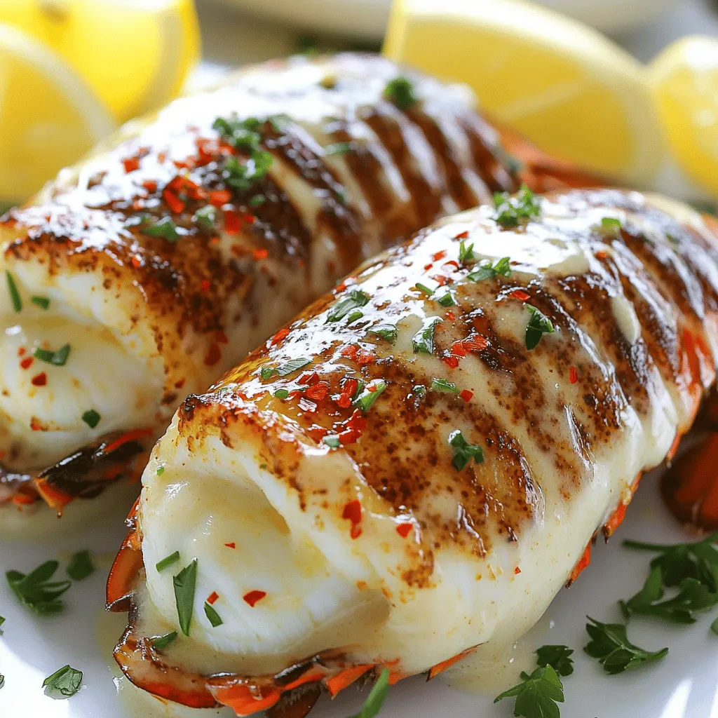 To make this dish, you will need: - 2 lobster tails - 4 tablespoons unsalted butter - 4 cloves garlic, minced - 1/2 cup heavy cream - 1/4 teaspoon paprika - 1/4 teaspoon red pepper flakes (adjust for spice) - Salt and pepper to taste You can elevate your dish with these extras: - Fresh parsley, finely chopped (for garnish) - Lemon wedges (for serving) If you lack an ingredient, try these swaps: - Use salted butter instead of unsalted. - Swap heavy cream for half-and-half for a lighter sauce. - Garlic powder can replace fresh garlic, but use less. - If you want a spicy kick, try cayenne pepper instead of red pepper flakes. This list covers everything you need to create creamy garlic butter lobster tails. For the full recipe, check out the complete cooking instructions. Start by preheating your oven to 400°F (200°C). This gets the oven hot and ready for your lobster tails. Next, grab your lobster tails. Use kitchen scissors to cut the top shell lengthwise. Be careful not to cut the meat underneath. Gently pull the lobster meat from the shell, keeping it attached at the base. This step helps with presentation. Lift the lobster meat above the shell for a stunning look. In a medium saucepan, melt 4 tablespoons of unsalted butter over medium heat. Once melted, add 4 minced garlic cloves. Sauté the garlic for about 1 minute. Watch closely; you don’t want it to brown. After the garlic is fragrant, slowly pour in 1/2 cup of heavy cream while stirring. Then add 1/4 teaspoon of paprika and 1/4 teaspoon of red pepper flakes. Season with salt and pepper to taste. Let the sauce simmer for 2-3 minutes until it thickens slightly. Place the lobster tails on a baking sheet, flesh side up. Pour the creamy garlic butter sauce generously over the lobster meat. Reserve a bit of sauce for later. Bake the lobster tails in the oven for about 12-15 minutes. The meat should look opaque and firm. For a nice golden finish, switch the oven to broil. Broil for an extra 1-2 minutes, but keep a close watch to avoid burning. Once done, remove the lobster tails, drizzle with the reserved sauce, and garnish with chopped parsley. Serve with lemon wedges for a fresh burst. For the full recipe, check the details above. When you choose lobster tails, look for firm shells. Fresh lobster tails should feel heavy for their size. The shell should have a slight shine, and there should be no strong odor. If possible, buy from a trusted fishmonger or grocery store. They can help you pick the best ones. To make the sauce rich and smooth, keep the heat low. Melt the butter gently to avoid burning. Add garlic and sauté just until fragrant. Then, slowly whisk in the cream. This helps it blend well. Taste and adjust with salt, pepper, and a little spice. If you want more heat, add more red pepper flakes. Presentation makes your dish pop. Serve the lobster tails on a big platter. Arrange lemon wedges around the tails for color. Sprinkle chopped parsley on top for a fresh look. For a final touch, drizzle the reserved sauce over the tails. This not only adds flavor but looks great too. For the full recipe, check out the details above. {{image_4}} You can change the flavor of your lobster tails by using different herbs and spices. Try adding fresh thyme or rosemary for a fragrant twist. A pinch of lemon zest can give a bright, fresh taste. If you like heat, consider using cayenne pepper or chili powder instead of red pepper flakes. Experimenting with these options can elevate your dish. Grilling or steaming lobster tails brings out their natural sweetness. For grilling, preheat your grill to medium heat. Brush the tails with garlic butter and grill for about 5-7 minutes. Turn them halfway through for even cooking. Steaming is another easy option. Place the tails in a steamer basket over boiling water. Steam for about 8-10 minutes until the meat turns opaque. Both methods keep the lobster juicy and tender. Pair your creamy garlic butter lobster tails with sides that complement their rich flavor. A fresh green salad with lemon vinaigrette offers a nice contrast. Garlic bread is also a perfect choice for soaking up that creamy sauce. For a heartier meal, serve with roasted vegetables or creamy mashed potatoes. These sides make your meal balanced and satisfying. After enjoying your creamy garlic butter lobster tails, store leftovers properly. First, let them cool down to room temperature. Then, place the lobster tails in an airtight container. This keeps them fresh and prevents odors from mixing. You can keep them in the fridge for up to 3 days. When you are ready to reheat, avoid the microwave if possible. Microwaving can make lobster rubbery. Instead, preheat your oven to 350°F (175°C). Place the lobster tails on a baking sheet and cover them with foil. Heat for about 10 minutes, or until warmed through. You can also reheat on the stovetop. Just use a pan over low heat and add a little butter to keep it moist. If you have more lobster tails than you can eat, freezing is a great option. Wrap each tail tightly in plastic wrap, then place them in a freezer bag. Remove as much air as you can before sealing. This helps prevent freezer burn. You can freeze lobster tails for up to 3 months. When you are ready to use them, thaw them in the fridge overnight before reheating. For the full experience, follow the full recipe! You can tell lobster tails are cooked when the meat turns opaque. It should feel firm to the touch. The internal temperature should reach 140°F (60°C). Once you see the color change, it's time to take them out. Avoid overcooking, as this can make the meat tough. Yes, you can use frozen lobster tails! Just make sure to thaw them first. Place them in the fridge overnight or run them under cold water for 30-60 minutes. Once thawed, you can follow the full recipe with no issues. This makes it easy to enjoy lobster tails at home. Creamy garlic butter lobster tails pair well with many sides. Here are some great options: - Garlic bread - Steamed asparagus - Roasted potatoes - A fresh green salad - Rice pilaf These sides add color and texture to your meal. Enjoy your delicious dish with these perfect accompaniments! You now know how to make creamy garlic butter lobster tails from start to finish. We covered all the key ingredients, step-by-step instructions, and helpful tips for the best results. Remember to be creative with flavors and cooking methods. Storing and reheating tips will keep your dish fresh too. Enjoy this delicious meal for special occasions or weeknight dinners. With these skills, you can impress anyone with your cooking!