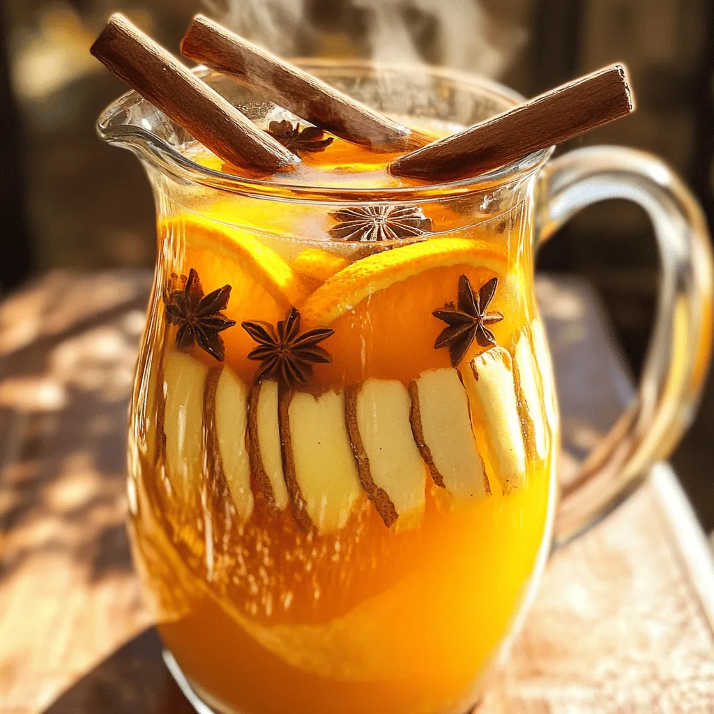 - 8 cups apple juice or cider - 1 cup water - 3 whole cinnamon sticks - 5 whole cloves - 3 star anise pods - 1 orange, thinly sliced - 1 tablespoon freshly grated ginger - 1/4 cup packed brown sugar (or to taste) - A pinch of ground nutmeg - Instant Pot - Fine-mesh sieve - Large pitcher or bowl To make spiced apple cider, you need a few basic items. First, apple juice or cider forms the base. This gives the drink its sweet and fruity flavor. Adding water helps balance the taste. Whole spices like cinnamon sticks, cloves, and star anise add warmth and depth. For an extra kick, fresh ginger can spice things up. Brown sugar sweetens the cider and enhances the flavors. If you want a hint of warmth, a pinch of nutmeg works well. You will need an Instant Pot for quick cooking. A fine-mesh sieve helps strain out the spices. Lastly, have a large pitcher or bowl ready to hold your delicious drink. Collect these ingredients and tools to create your cozy spiced apple cider. For the full recipe, don’t forget to check the complete instructions! First, pour 8 cups of apple juice or cider into your Instant Pot. Then, add 1 cup of water. This mix creates a rich base for your drink. Next, add the spices. Toss in 3 whole cinnamon sticks, 5 whole cloves, and 3 star anise pods. These spices give the cider its warm flavor. Then, add 1 thinly sliced orange, 1 tablespoon of freshly grated ginger, and 1/4 cup of packed brown sugar. If you like, add a pinch of ground nutmeg for extra warmth. Stir well to blend everything together and dissolve the sugar. Now, seal the Instant Pot. Make sure the steam release valve is set to the sealing position. Select the Manual or Pressure Cook setting. Set the timer for 10 minutes. Once cooking is done, do a natural release for about 10 minutes. This step allows flavors to blend well. After that, use a quick release to vent any steam left. Carefully remove the lid. Stir the cider to mix the spices again. Next, strain the mixture through a fine-mesh sieve into a large pitcher or bowl. This removes the solid spices. Now, taste the cider. You can adjust the sweetness by adding more brown sugar if you want. Serve the spiced apple cider warm. Garnish with extra cinnamon sticks or fresh orange slices for a nice touch. Enjoy your cozy drink! For the complete recipe, check out the Full Recipe. To make the best spiced apple cider, I have a couple of key tips. First, allow your cider to naturally release pressure after cooking. This process helps the flavors meld together, giving you a richer taste. It may take an extra 10 minutes, but it’s worth it. Next, be mindful of your sweetness levels. Start with 1/4 cup of brown sugar, but taste as you go. Every apple juice or cider has a different sweetness. Adjust it to fit your taste. You might find you want more or less sugar. When it comes to serving, presentation matters. Use a clear pitcher to show off the beautiful colors of your cider. Add a few cinnamon sticks and orange slices as garnish. It adds a festive touch. Pair your cider with snacks for a cozy gathering. Cheese and crackers work well. You can also serve it with warm pastries or spiced nuts. The flavors complement each other nicely. There are a few common mistakes to watch out for. First, avoid overcooking the spices. Too much time can make them taste bitter. Stick to the 10-minute cooking time. Second, don't forget to strain your cider properly. If you skip this step, you’ll end up with bits of spice floating around. Use a fine-mesh sieve to catch all the solid pieces. This gives you a smooth, enjoyable drink. {{image_4}} You can add fun flavors to your spiced apple cider. Try different fruits like pears or cranberries for a twist. You can also use spices like cardamom or allspice to enhance the taste. For sweetness, experiment with honey or maple syrup. Each option gives a unique touch to your drink. To make a spiked apple cider, add your favorite alcohol. Bourbon or rum pairs well with the warm spices. Simply pour a shot into your cup before serving. This creates a cozy drink for chilly nights. For a lighter option, try adding apple brandy for a fruity kick. You can change your spiced apple cider for different seasons. For Halloween, add black food coloring for a spooky look. Garnish with gummy worms for fun. In winter, mix in peppermint extract for a festive taste. In the summer, chill the cider and serve it over ice with fresh mint. Adjust the spices to suit the warmer months. Store your spiced apple cider in an airtight container. Glass jars work well. Place it in the refrigerator right after it cools. This keeps it fresh and tasty. Your cider will last about five days in the fridge. If you want it longer, consider freezing. To reheat, you can use the Instant Pot or the stove. If you use the Instant Pot, set it to the sauté mode. Heat it for about five minutes. If you use the stove, warm it in a pot over medium heat. Stir it often to keep flavors even. Make sure not to boil it, as that can change the taste. Yes, you can freeze spiced apple cider! Pour it into freezer-safe containers, leaving some space at the top. This allows for expansion. When you want to enjoy it, move it to the fridge to thaw overnight. You can also thaw it in a pot over low heat. Stir it well before serving to mix the flavors. You can make spiced apple cider on the stove. Start by combining apple juice, water, and spices in a large pot. Heat the mixture over medium heat. Bring it to a simmer, then reduce the heat. Let it simmer for about 30 minutes. This lets the flavors blend well. Stir often to avoid sticking. When done, strain out the spices, and enjoy your warm cider! To make spiced apple cider sugar-free, skip the brown sugar. Use a sugar substitute instead. Options include stevia or monk fruit. Add these sweeteners to taste. You can also use naturally sweet apples or apple juice. This keeps the flavor but cuts out the sugar. If you don’t have apple juice or cider, use pear juice. It has a similar flavor and sweetness. You may also try white grape juice for a different taste. Adjust the spices to balance the new flavor. It’s fun to experiment! Yes, you can use dried spices! If you choose dried spices, use less. Dried spices are stronger than whole ones. For example, use 1 teaspoon of ground cinnamon instead of a stick. Add the dried spices to the pot at the start. Check out the Full Recipe for more tips on using spices. This blog post guides you on making delicious spiced apple cider. You learned about the core ingredients, including apple juice and spices. The Instant Pot simplifies the cooking process. I shared tips for enhancing flavor and common mistakes to avoid. Enjoy experimenting with variations and serving your cider with friends. Use this recipe for festive gatherings or cozy nights in. Keep your cider fresh and tasty with proper storage. You now have everything you need for a flavorful experience. Happy brewing!