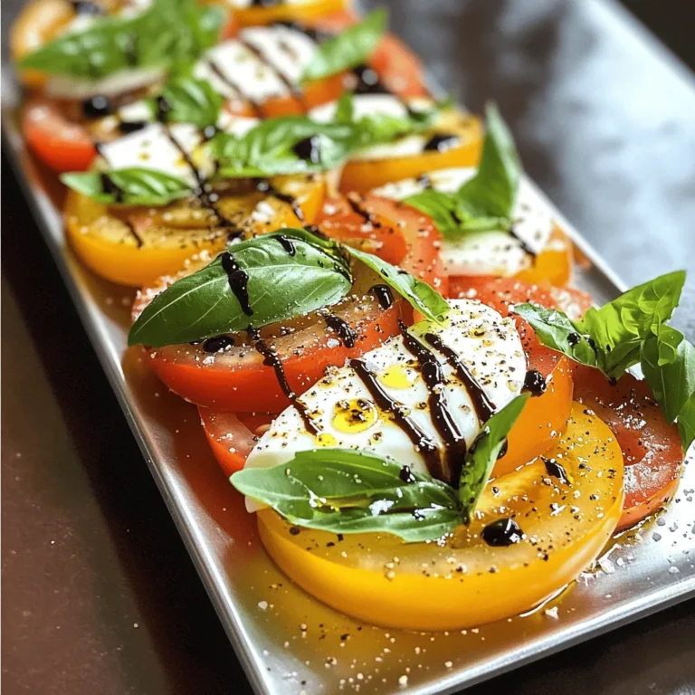 - Ripe heirloom tomatoes - Fresh buffalo mozzarella - Fresh basil leaves - Balsamic vinegar - Extra virgin olive oil - Salt and freshly cracked black pepper - Honey (optional) Pour balsamic vinegar into a saucepan. If you want it sweeter, add honey now. This is an optional step, but it can add a nice touch. Heat the balsamic mixture over medium heat until it starts to boil. Once it boils, reduce the heat to low. Let it simmer for 10–15 minutes. Stir it occasionally. You want it to thicken enough to coat the back of a spoon. Now it’s time to slice. Cut the heirloom tomatoes and buffalo mozzarella into thick rounds. You can stack them in a circular pattern or arrange them in a straight line. This choice will make your dish look stunning! Tear fresh basil leaves and tuck them between the layers of tomato and mozzarella. This adds great flavor and a pop of color to your salad. Once you have arranged everything, drizzle extra virgin olive oil over the salad. This will bring out the fresh flavors. Carefully drizzle the cooled balsamic reduction on top. This step adds richness and depth to the dish. Finally, sprinkle a bit of salt and freshly cracked black pepper over the entire salad. Adjust the amount to suit your taste. You can find the full recipe [here](insert-link). Selecting ripe heirloom tomatoes is key to a great Caprese salad. Look for tomatoes that feel heavy for their size and have a slight give when you press them. Their color should be bright, and the skin should be smooth. Ripe heirloom tomatoes offer sweet, rich flavors that shine through in this dish. Fresh mozzarella is another important ingredient. Choose buffalo mozzarella if you can. It has a creamy texture and rich taste that adds depth to your salad. Always buy mozzarella that is stored in water or whey. This helps keep it moist and fresh. To tell when your balsamic reduction is done, watch for its thickness. It should coat the back of a spoon when it’s ready. This usually takes about 10 to 15 minutes of simmering. Remember to stir it occasionally to prevent burning. If you have excess balsamic reduction, store it in a sealed jar in the fridge. It can last up to a month. You can use it on other salads or as a glaze for meats and veggies. Plating your Caprese salad in an elegant way can impress your guests. Use a large white platter to show off the vibrant colors of the tomatoes and mozzarella. Arrange the slices in a circular pattern for an attractive display. For garnishing, fresh basil leaves are perfect. Tuck a few whole leaves or small sprigs on top for a pop of color and flavor. Drizzle some extra virgin olive oil around the edges of the platter for a stunning finish. This Caprese Delight truly looks as good as it tastes! You can switch up the cheese in your Caprese salad. Try using burrata instead of mozzarella. Burrata is creamy and rich, adding a new layer of taste. You can also use cherry tomatoes instead of large heirloom ones. Cherry tomatoes offer a burst of sweetness. They are fun to eat and bring color to your plate. Want to make your salad heartier? Add grilled chicken or shrimp. These proteins blend well with the salad's fresh flavors. For vegetarians, consider adding chickpeas or grilled zucchini. These options keep the dish delicious and filling without meat. To amp up the taste, consider adding capers or olives. These ingredients give a salty, savory touch to your dish. You can also sprinkle in some nuts like pine nuts or walnuts. Nuts add a nice crunch and contrast to the soft cheese and tomatoes. They also boost the salad's nutrition. Explore these variations to make your Caprese salad unique and tasty. For the full recipe, check out the Caprese Delight with Balsamic Drizzle. {{image_4}} To keep your Caprese salad fresh, store leftovers in an airtight container. Place a paper towel inside to absorb moisture. This method helps prevent sogginess. Refrigerate and enjoy within three days for the best taste. Before eating, refresh the salad by adding a drizzle of olive oil. This brightens flavors and adds moisture. If you want to repurpose it, mix the salad into pasta or grain dishes. You can also use it as a topping for grilled chicken or fish. These options add variety and excitement to your meals. For a perfect dining experience, I recommend serving your Caprese salad with crusty bread. The bread soaks up the balsamic reduction and olive oil, adding a delightful texture. Antipasto also makes a great side. The salty meats and marinated veggies balance the fresh flavors of the salad. When it comes to wine, pair this dish with a crisp white, like Sauvignon Blanc. Its acidity enhances the salad's freshness. This salad shines at summer parties. Its bright colors and flavors bring joy to any table. It’s also perfect for picnics and barbecues. Just pack it in a sturdy container, and you’re ready to impress your friends. Serve it cold to keep everything fresh and tasty. When it comes to larger gatherings, adjust your servings. You can easily double or triple the recipe. Just make sure to keep the tomato and mozzarella ratios in mind. For smaller meals, you can scale it down. It’s easy to make just enough for two or four people. This flexibility makes it a great choice for any event. For the full recipe, check out the Caprese Delight with Balsamic Drizzle . To make a balsamic reduction, follow these steps: 1. Pour 1/4 cup of balsamic vinegar into a small saucepan. 2. If you like, add 1 teaspoon of honey for sweetness. 3. Place the saucepan on medium heat and bring it to a gentle boil. 4. Once boiling, lower the heat to low. 5. Let it simmer for 10–15 minutes. Stir occasionally. 6. Remove it from heat when it thickens enough to coat a spoon. 7. Allow it to cool before using it on your salad. This reduction adds a sweet and tangy kick to your Caprese salad. Yes, you can prepare Caprese salad ahead of time. Here are some tips: - Slice the tomatoes and mozzarella in advance. - Store them in separate containers to keep them fresh. - Wait to add the basil until just before serving. - Drizzle the balsamic reduction and olive oil right before serving. This way, your salad will taste fresh and vibrant. Caprese salad comes from Italy, specifically from the island of Capri. It became popular in the 20th century. The salad features simple ingredients: ripe tomatoes, fresh mozzarella, and basil. These ingredients reflect the colors of the Italian flag: red, white, and green. The dish remains a favorite for its fresh flavors and bright colors. To check if your tomatoes are ripe, look for these signs: - They should feel slightly soft when you gently squeeze them. - The color should be deep, bright red or yellow. - There should be a sweet, earthy smell near the stem. Using ripe tomatoes ensures your Caprese salad has the best flavor. This blog post explored the delicious Caprese salad. We discussed fresh ingredients, like heirloom tomatoes and buffalo mozzarella. I shared step-by-step instructions for making a balsamic reduction. We also covered tips for choosing the best items and presenting your salad beautifully. Incorporating variations, storage tips, and serving ideas helps you enjoy this dish in many ways. Remember, fresh ingredients and good preparation make all the difference. Now, you can create a bright and tasty Caprese salad for any occasion!