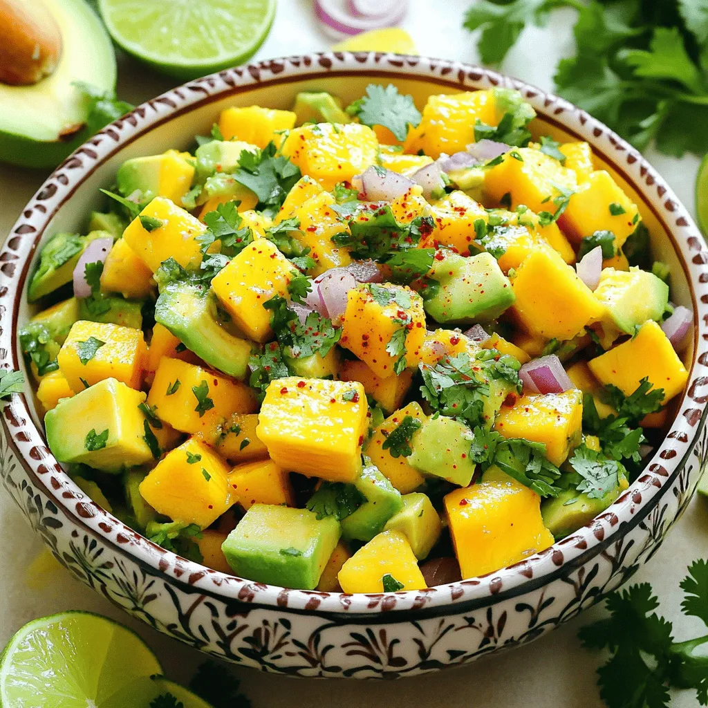To make a fresh and tasty Mango Avocado Salsa, you'll need: - 1 ripe mango, diced into small cubes - 2 ripe avocados, diced into bite-sized pieces - 1/2 red onion, finely chopped for a sweet crunch - 1 small red chili, deseeded and finely minced for a hint of heat - 1 small yellow bell pepper, diced for a pop of color - 2 tablespoons fresh cilantro, chopped for a fresh herbal note - Juice of 1 lime, freshly squeezed for acidity - 2 tablespoons extra virgin olive oil for richness - Salt and freshly ground black pepper to taste These ingredients create a perfect balance of sweet, savory, and spicy flavors. The ripe mango and avocado provide creaminess, while the onion and chili add texture. You can tweak the salsa by adding optional ingredients: - A splash of apple cider vinegar for extra tang - Diced tomatoes for added juiciness - A pinch of cumin for a warm, earthy note - Finely chopped garlic for depth of flavor These additions can make your salsa unique and exciting. Feel free to experiment! Not all ingredients may be on hand. Here are some easy swaps: - Swap mango for peach or pineapple if you want a different fruit. - Use lime juice in place of lemon juice for a similar acidity. - If you lack fresh cilantro, parsley can work as a substitute. These substitutions can help you make a delicious salsa even if you’re missing a few items. Check out the Full Recipe for detailed instructions on how to bring all these ingredients together! First, gather all your ingredients. You need: - 1 ripe mango, diced into small cubes - 2 ripe avocados, diced into bite-sized pieces - 1/2 red onion, finely chopped - 1 small red chili, deseeded and minced - 1 small yellow bell pepper, diced - 2 tablespoons fresh cilantro, chopped - Juice of 1 lime, freshly squeezed - 2 tablespoons extra virgin olive oil - Salt and freshly ground black pepper Start by peeling the mango and avocados. Use a sharp knife to cut them into small cubes. It’s key to keep the pieces even in size. This helps the salsa mix well and look nice. In a large mixing bowl, add the diced mango, avocados, red onion, yellow bell pepper, and chili. Stir gently with a spoon. Be careful not to mash the avocado. The goal is to keep everything intact for a fresh bite. Next, sprinkle the chopped cilantro on top. This adds a great herbal taste to your salsa. Mix it in lightly to keep the colors vibrant. Now, take a small bowl. Whisk together the lime juice, olive oil, salt, and pepper. This dressing brings all the flavors together. Once it’s mixed, drizzle it over the salsa. Use a spatula to fold everything together gently. Taste your salsa now. If it needs more flavor, add salt, pepper, or lime juice. Let it rest for about 10 minutes. This time allows the flavors to blend perfectly. Serve the salsa in a colorful bowl. This makes it eye-catching. You can also garnish the top with additional cilantro leaves for a fresh look. Mango avocado salsa goes great with crispy tortilla chips. You can also use it as a topping for grilled fish. Enjoy making this fresh and tasty dish! To make great salsa, you need to balance the sweet, spicy, and tangy flavors. Start with sweet mango and creamy avocado. Add lime juice for tang and salt to enhance taste. If you want heat, include a red chili. Taste as you mix. Adjust the lime or salt until you find your perfect balance. Select ripe avocados and mangoes for the best flavor. A ripe avocado feels soft but not mushy when you press it. For mangoes, look for a slight give when squeezed. Their skin should have some color, but not too many dark spots. If you can’t find ripe fruit, let them sit at room temperature for a few days. This salsa shines as a dip with tortilla chips. It also works well as a topping for grilled chicken or fish. Try adding it to tacos for a fresh twist. You can even top a salad with it for extra flavor. Get creative with serving ideas. The vibrant colors and fresh taste make any dish pop! For the full recipe, check out Mango Avocado Salsa Delight. {{image_4}} To turn up the heat, add jalapenos. Chop one or two small jalapenos and mix them in. Adjust the amount based on your spice level. The heat from jalapenos pairs well with the sweet mango and creamy avocado. This salsa is great for those who love bold flavors! For a fruity twist, add fresh pineapple. Dice about a cup of pineapple and mix it in. This adds a juicy sweetness that brightens the salsa. Pineapple and mango complement each other well. This version is perfect for summer barbecues and tropical-themed parties. This salsa is naturally vegan and gluten-free. All the ingredients are plant-based and safe for gluten-free diets. If you want to add protein, consider black beans or chickpeas. These additions can make the salsa a more filling option. This makes it great for a light meal or snack. For the Full Recipe, use the basic ingredients and follow the steps. Enjoy these variations to keep your salsa fresh and exciting! To keep your mango avocado salsa fresh, store it in an airtight container. Make sure the container is clean and dry. Place the salsa in the fridge right after you make it. This helps maintain the bright colors and flavors. The salsa tastes best within a few hours of making it. However, it can last up to 2 days in the fridge. Just remember, the longer it sits, the more the avocado may brown. You can freeze mango avocado salsa, but it may change texture. If you want to freeze it, do so right after making it. Use a freezer-safe container and leave some space for expansion. The salsa can last in the freezer for about 3 months. When you thaw it, the avocado may become mushy. This won't hurt the taste, but it will change how it looks. Use thawed salsa for cooking or as a topping on dishes. If you have leftovers, store them properly to enjoy later. Cover the salsa well to avoid air exposure. Adding a little lime juice on top can slow browning. Use leftovers within 2 days for the best taste. If the salsa looks brown, you can still eat it. Just mix it up to blend the flavors. Enjoy your mango avocado salsa with chips or on tacos for a treat! For the full recipe, check out the detailed instructions above. Yes, you can make Mango Avocado Salsa ahead of time. I suggest making it a few hours before you serve it. The flavors will blend better as it sits. Just remember to add the avocado last. This keeps it fresh and green. Mango Avocado Salsa pairs well with many dishes. You can serve it with tortilla chips for a crunchy snack. It also tastes great on grilled chicken or fish. You can even use it as a topping for tacos or burritos. Mango Avocado Salsa lasts about two days in the fridge. After that, the avocado may brown and lose its appeal. Store it in a sealed container to keep it fresh longer. Absolutely! You can add other ingredients to boost flavor. Try adding black beans for protein or corn for sweetness. Chopped tomatoes or cucumber can add more crunch. Just keep the balance of flavors in mind. For the full recipe, check the section above. Mango avocado salsa is fresh and full of flavor. You learned about the key ingredients and how to prepare them. We discussed tips for balancing flavors and serving ideas. Variations like spicy or tropical add fun twists. Store your salsa properly to enjoy it longer. Making salsa in advance is easy and saves time. With these tips, you can create tasty dishes. Enjoy making your Mango Avocado Salsa!
