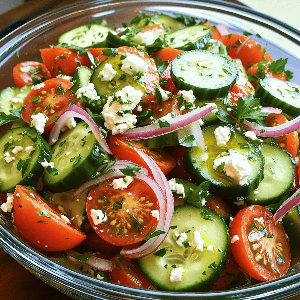 - 2 large cucumbers, peeled and diced into bite-sized pieces - 3 ripe tomatoes, diced into uniform chunks - 1 cup crumbled feta cheese, preferably Greek for added flavor - 1/4 red onion, thinly sliced into delicate rings - 1/4 cup fresh parsley, finely chopped for a burst of freshness - 3 tablespoons extra virgin olive oil for richness - 2 tablespoons red wine vinegar or apple cider vinegar for acidity - Salt and freshly ground pepper to taste - 1 teaspoon dried oregano for an herby essence - 1 teaspoon lemon zest to brighten the flavors You can easily swap some ingredients. Here are a few ideas: - For cucumbers, try zucchini or bell peppers for a crunch. - Use cherry tomatoes instead of larger ones for a sweeter taste. - Feta can be replaced with goat cheese or a dairy-free option. - If you don’t have red onion, use green onions for a milder flavor. - Fresh herbs like mint or basil can replace parsley for a new twist. - Cucumbers: Low in calories, high in water. They keep you hydrated. - Tomatoes: Packed with vitamins C and K. They boost heart health. - Feta Cheese: Provides protein and calcium for strong bones and muscles. - Red Onion: Contains antioxidants that can help fight inflammation. - Parsley: Rich in vitamins A, C, and K. It supports your immune system. - Olive Oil: Full of healthy fats that can lower bad cholesterol. - Vinegar: May aid digestion and help control blood sugar levels. - Salt and Pepper: Essential for flavor but use in moderation. - Dried Oregano: Known for its antimicrobial properties and flavor. - Lemon Zest: Adds vitamin C and brightens up the dish. This Cucumber Tomato Salad with Feta is not only simple to make but also packed with nutrients. You can find the full recipe above to create this refreshing dish! 1. First, grab a large mixing bowl. Add the diced cucumbers and tomatoes. Mix them well. 2. Next, gently fold in the crumbled feta and the sliced red onion. Be careful not to mash the feta. 3. In a small bowl, whisk together the olive oil, vinegar, salt, and pepper. Add the oregano and lemon zest. Mix until smooth. 4. Drizzle this dressing over the cucumber and tomato mix. Coat everything evenly. 5. Use a spatula or your hands to toss the salad. Make sure to keep the feta intact. 6. Then, fold in the chopped parsley for a fresh touch. 7. Let the salad sit for about 10 minutes. This helps the flavors mix well. 8. Serve it chilled or at room temperature, as you prefer. - Always mix gently. This keeps the feta from breaking too much. - Use a spatula for better control when tossing. - Layer the ingredients before mixing to ensure even distribution of flavors. - Letting the salad sit for 10 minutes allows flavors to blend. - For the best taste, prepare it shortly before serving. - If you make it early, store it in the fridge. Just be aware that the cucumbers may release water. For more details, check the Full Recipe. When making cucumber tomato salad with feta, avoid over-salting. Salt pulls moisture from the veggies, making them soggy. Cut cucumbers and tomatoes into uniform sizes, so they mix well. If you chop them too small, they may get mushy. Also, don't skip letting the salad rest. This step helps all the flavors blend better. To boost flavor, consider adding spices like cumin or paprika. Fresh herbs like basil or mint can also make a big difference. If you want a kick, try adding a pinch of red pepper flakes. For a zesty twist, squeeze fresh lime juice just before serving. Each of these choices can bring new life to your salad. Serve this salad with grilled chicken or fish for a full meal. It pairs nicely with pita bread or hummus on the side. You can also serve it over a bed of greens for extra crunch. If you want to impress guests, layer the salad in a clear bowl to show off its colors. For the full recipe, check out the Crispy Cucumber Tomato Feta Fiesta. {{image_4}} You can swap ingredients based on what’s fresh. In summer, add sweet corn for crunch. In fall, try roasted peppers for warmth. Seasonal swaps keep the salad exciting. Always choose ripe, in-season produce for the best flavor. Want a filling meal? Add protein. Grilled chicken or shrimp works great. For a vegetarian option, try chickpeas or lentils. These additions make the salad more satisfying. They also boost the protein content without losing freshness. To make this salad vegan, skip the feta. Use avocado for creaminess instead. You can also add nutritional yeast for a cheesy flavor. This keeps the salad light but packed with taste. It’s a great way to enjoy the dish while meeting dietary needs. For the complete recipe, check out the [Full Recipe]. To keep your Cucumber Tomato Salad with Feta fresh, place it in an airtight container. This helps prevent moisture loss and keeps the flavors intact. If you have leftovers, store them in the fridge right after serving. Avoid leaving the salad out at room temperature for too long. The salad stays fresh in the fridge for about 2 to 3 days. After that, the vegetables may become mushy, and the feta can lose its texture. If you notice any off smells or changes in color, it’s best to throw it away. Always check your salad before enjoying it again. You don’t need to reheat this salad. It tastes best cold or at room temperature. If the salad seems dry after a few days, add a splash of olive oil or vinegar to refresh the flavors. Toss gently to mix the dressing back in without breaking the feta. For the best experience, enjoy it soon after making it, following the Full Recipe. You can store Cucumber Tomato Salad with Feta in the fridge for up to three days. Keep it in an airtight container. The flavors may blend and change a bit over time, but it will still taste great. Yes, you can make this salad ahead of time. I suggest preparing the salad a few hours before serving. Just wait to add the dressing until you're ready to eat. This way, the veggies stay crisp and fresh. To impress your guests, serve the salad in a large, clear bowl. This lets the vibrant colors shine. Drizzle a little extra olive oil on top before serving. For a finishing touch, sprinkle more feta and parsley on top. It will look beautiful and taste delicious! For the full recipe, check out the details provided earlier. This blog post covered everything you need for a great Cucumber Tomato Salad with Feta. We discussed the important ingredients and their benefits. You learned step-by-step how to prepare your salad. I shared tips to avoid common mistakes and ways to enhance flavors. We also talked about tasty variations and how to store leftovers. Remember, this salad is both easy to make and delicious. Enjoy creating and sharing it with others!