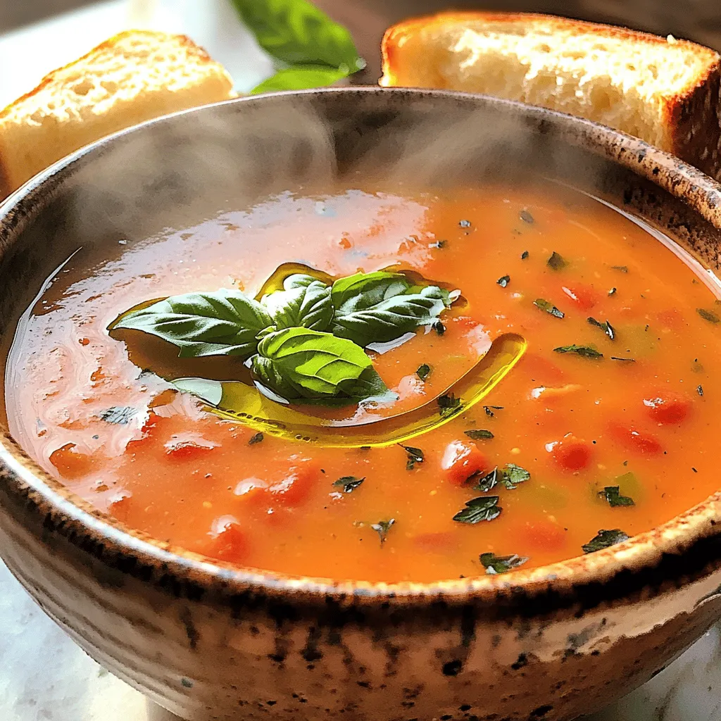 To make the best creamy tomato basil soup, you need fresh and simple ingredients. Here is what you'll need: - 2 tablespoons olive oil - 1 medium onion, finely chopped - 3 cloves garlic, minced - 2 cans (14.5 oz each) diced tomatoes, with juices - 2 cups vegetable broth - 1 cup heavy cream (or coconut cream for a dairy-free alternative) - 1 teaspoon dried oregano - 1 teaspoon sugar (to balance acidity) - Salt and black pepper to taste - 1/2 cup fresh basil leaves, chopped - Fresh basil leaves for garnish - Crusty bread or grilled cheese for serving (optional) These ingredients create a rich and creamy soup. Each one plays a key role in building flavor and texture. If you have dietary needs, you can swap some ingredients. Here are a few options: - Use coconut cream instead of heavy cream for a dairy-free version. - Substitute vegetable broth with chicken broth if you prefer. - For a low-sodium option, choose low-sodium canned tomatoes and broth. - You can replace sugar with maple syrup for a natural sweetener. These substitutions keep the soup tasty while catering to different diets. Garnishes can elevate your soup. Here are some ideas: - Add extra fresh basil leaves on top for a pop of color. - Drizzle olive oil for added richness. - Sprinkle parmesan cheese for a salty finish. - Serve with crusty bread or a grilled cheese for a comforting meal. These options let you customize your soup and make it even more enjoyable! Start by gathering all your ingredients. You will need olive oil, onion, garlic, diced tomatoes, vegetable broth, heavy cream, oregano, sugar, salt, black pepper, and fresh basil. Chop the onion and garlic finely. This helps them cook faster and blend well into the soup. Measure out the other ingredients, so you are ready to go. 1. Heat 2 tablespoons of olive oil in a large pot over medium heat. 2. Add the chopped onion and sauté for about 5 minutes. Cook until the onion is soft and clear. 3. Stir in 3 minced garlic cloves and cook for 1 more minute. You want it fragrant but not brown. 4. Pour in 2 cans of diced tomatoes with their juices and 2 cups of vegetable broth. Stir everything together. 5. Add 1 teaspoon of dried oregano and 1 teaspoon of sugar. Mix well. 6. Let the soup simmer uncovered for about 15 minutes. This helps the flavors blend nicely. 7. Use an immersion blender to purée the soup until smooth. If you don’t have one, blend in batches after cooling slightly. 8. Return the smooth soup to low heat. Gradually stir in 1 cup of heavy cream. Don’t let it boil. 9. Season with salt and black pepper to taste. 10. Finally, fold in 1/2 cup of chopped fresh basil leaves. This adds a fresh flavor. 11. Serve hot. Garnish with more fresh basil leaves. Enjoy with crusty bread or grilled cheese if you like. Using an immersion blender is easy and fun. Hold it steady while blending to avoid splashes. Start blending at the bottom, then move it up and down. This ensures a smooth texture. If your soup is too hot, let it cool a bit before blending. Always blend in small batches if you use a traditional blender. This keeps the mess down and prevents burns. For more tips, check the Full Recipe for the perfect creamy tomato basil soup. To make your creamy tomato basil soup truly shine, focus on fresh ingredients. Fresh basil adds a bright taste that dried herbs can't match. Always taste your soup before serving. Adjust with salt, pepper, or sugar to balance flavors. A splash of balsamic vinegar can also enhance the soup's depth. Many people rush the cooking process. Don't skip simmering; this helps flavors blend well. Avoid using low-quality tomatoes. They can make your soup taste flat. Be careful with the cream; adding it too fast can curdle it. Lastly, avoid overblending the soup. You want a smooth texture, not a watery one. Having the right tools can make a big difference. Here are my top picks: - Large pot: A sturdy pot helps with even cooking. - Immersion blender: This makes blending easy and safe. - Cutting board and knife: Sharp tools save time and effort. - Measuring cups and spoons: Precision is key for great flavor. These tools will help you create the best creamy tomato basil soup. For the full recipe, check the section above. {{image_4}} You can easily make this soup vegan. Swap heavy cream for coconut cream. This change gives you a rich texture without dairy. Use vegetable broth to keep it plant-based. You can also add a splash of lemon juice. This brightens the flavors and adds a fresh taste. This creamy tomato basil soup is naturally gluten-free. Use corn starch or rice flour to thicken it if needed. These options work well and keep the soup smooth. Always check labels on store-bought ingredients to ensure they are gluten-free. This way, you avoid any hidden gluten. Change up ingredients based on the season. In summer, use fresh tomatoes instead of canned ones. They provide a fresh and bright flavor. In the fall, add roasted red peppers for depth. You can also mix in seasonal herbs, like thyme, for a twist. This flexibility makes the soup fun to prepare. You can enjoy new flavors while sticking to the original recipe. For the full recipe, check out the Creamy Tomato Basil Bliss. After enjoying your creamy tomato basil soup, let it cool down. Pour the soup into an airtight container. This keeps it fresh for later. Store it in the fridge for up to three days. If you want to enjoy it longer, freezing is a great option. To freeze your soup, first let it cool completely. Use freezer-safe containers or bags for storage. Leave a little space at the top since soup expands when frozen. You can freeze the soup for up to three months. Just label the containers with the date for easy tracking. When you're ready to eat your soup, take it out of the fridge or freezer. If frozen, let it thaw overnight in the fridge. For quick reheating, use the stove. Pour the soup into a pot and heat over medium heat. Stir often until it's hot. You can also use a microwave for quick reheating, but make sure to stir midway for even heating. Enjoy your creamy tomato basil soup again! Check out the Full Recipe to recreate this delightful dish. You can swap heavy cream for coconut cream. This gives the soup a rich texture. Use the same amount. You can also add extra herbs for flavor. Nutritional yeast adds a cheesy taste too. This creamy tomato basil soup shines with crusty bread. A grilled cheese sandwich pairs perfectly. You can also sprinkle extra basil on top. For a twist, add a dollop of pesto. Serve it with a fresh salad for a complete meal. Yes, you can use fresh tomatoes! About 2 pounds of ripe tomatoes work well. Blanch and peel them first. Chop them into smaller pieces before adding. Fresh tomatoes add a bright flavor to the soup. You may need to adjust cooking time for freshness. To try the full recipe, check out the Creamy Tomato Basil Bliss section. This blog post covered essential ingredients and step-by-step instructions for making creamy tomato basil soup. We explored tips to enhance flavor, avoid common mistakes, and recommended tools for success. I've shared variations, including vegan and gluten-free options. Finally, we discussed storage and reheating methods to keep your soup fresh. With these insights, you can create delicious soup that suits many tastes and needs. Enjoy your cooking journey and make this recipe your own!
