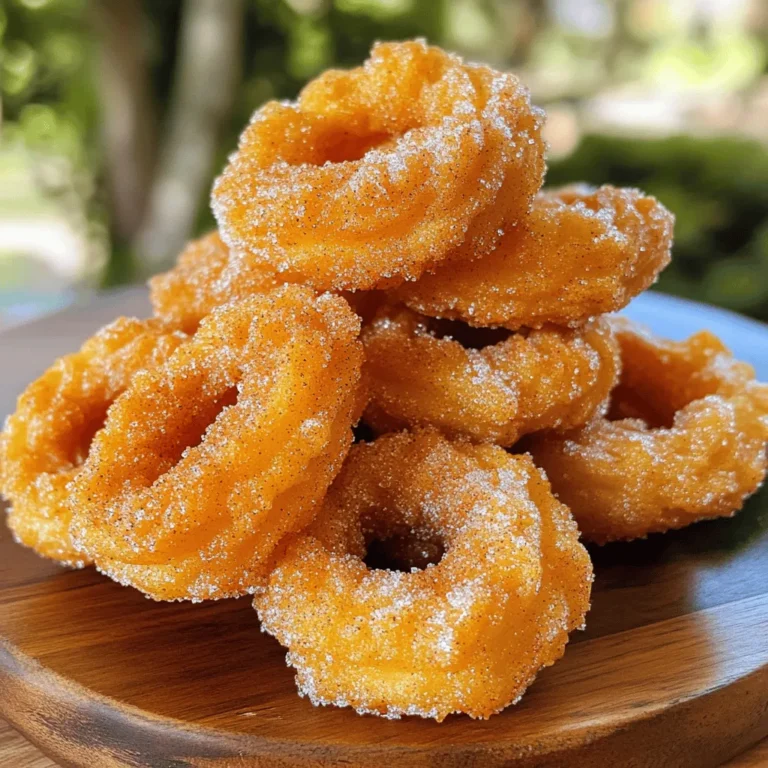 - 1 cup water - 2 tablespoons granulated sugar - 1/2 teaspoon salt - 2 tablespoons vegetable oil - 1 cup all-purpose flour - 2 large eggs - 1 teaspoon vanilla extract - 1 cup granulated sugar (for coating) - 2 teaspoons ground cinnamon - Oil for frying (enough for deep frying) To make the best cinnamon sugar churros, you need simple ingredients. Start with water, sugar, salt, and vegetable oil to form the base. The all-purpose flour gives the dough its structure. Eggs and vanilla extract add richness and flavor. For the sweet coating, you’ll mix granulated sugar with ground cinnamon. Lastly, you need oil for frying. Make sure you have enough oil to submerge the churros for even cooking. These ingredients are easy to find, and they come together to create a delicious treat you can't resist. For the full recipe, see the link above. First, you need to bring the water, sugar, salt, and oil to a boil. In a medium saucepan, combine: - 1 cup water - 2 tablespoons granulated sugar - 1/2 teaspoon salt - 2 tablespoons vegetable oil Stir the mix well, then heat it over medium heat. Once it reaches a rolling boil, remove it from heat. Next, mix in 1 cup of all-purpose flour. Stir with a wooden spoon until it forms a smooth dough. It should pull away from the sides of the pan easily. Let the dough cool for about 5 minutes. Then, add 2 large eggs and 1 teaspoon of vanilla extract. Mix until the dough is smooth and cohesive. Now it's time to fry! Heat oil in a deep frying pan or heavy pot. You need enough oil to submerge the churros, about 2-3 inches deep. The oil should be around 350°F (175°C). Carefully pipe strips of dough, about 6 inches long, directly into the hot oil. Use scissors to trim the dough as you pipe it. Fry the churros until they turn golden brown, about 2-3 minutes on each side. After frying, lift the churros out with a slotted spoon. Place them on a plate lined with paper towels to soak up excess oil. In a shallow dish, mix together 1 cup of granulated sugar and 2 teaspoons of ground cinnamon. While the churros are still warm, roll them in this cinnamon-sugar mixture. This step gives them their signature sweet and spicy flavor. For the best presentation, stack the churros in a tall glass or serve with warm chocolate sauce for dipping. Enjoy your delicious treat! For the full recipe, check out the detailed steps I shared earlier. To make great churros, dough consistency is key. You want a smooth and thick mixture. If your dough is too wet, your churros will fall apart. If it’s too dry, they won’t puff up. Here are some tips to help you achieve that crispy texture: - Use the right flour: All-purpose flour works best for churros. - Rest the dough: Let it cool for five minutes before adding eggs. This helps the dough hold its shape. - Pipe with care: Use a star-shaped nozzle to create ridges. This gives the churros a better crunch. - Fry in batches: Avoid overcrowding the pan. This keeps the oil temperature stable and helps them fry evenly. Frying churros can be fun, but safety is important. Hot oil can be dangerous if not handled properly. Here are some safety tips: - Use a deep pot: This helps prevent oil splashes. - Check oil temperature: Use a thermometer to ensure the oil is around 350°F (175°C) before frying. - Stay alert: Keep children away from the frying area. - Wear an apron: This protects you from any hot oil splatters. Common frying mistakes can lead to soggy churros. Make sure to avoid these: - Not waiting for the oil to heat: Always wait until it's hot enough to fry. - Piping too long: Keep churros around 6 inches to prevent them from becoming too thick. - Frying too long: Watch them closely to avoid burning. These tips will help you create delicious churros with the right texture and safety! For the full recipe, check out the link. {{image_4}} You can get creative with churros! One fun twist is chocolate-filled churros. To make these, pipe your dough into strips, then fill them with warm chocolate before sealing them shut. The chocolate oozes out when you take a bite, making it a rich treat. Another great option is pumpkin spice churros. Add pumpkin puree and pumpkin spice to your dough. This gives your churros a warm flavor that’s perfect for fall. If you need gluten-free churros, swap out regular flour for a gluten-free mix. It works just as well and keeps the taste delightful. For vegan churros, replace eggs with flaxseed meal mixed with water. Use plant-based milk instead of regular milk to keep it creamy. These options let everyone enjoy churros! To keep your churros fresh, store them in an airtight container. Place parchment paper between layers to prevent sticking. This method helps maintain their crispiness. Churros are best enjoyed within 1 to 2 days at room temperature. After that, they may lose their crunch and flavor. For long-term storage, you can freeze churros. Allow them to cool completely first. Then, place them in a single layer on a baking sheet and freeze for 1-2 hours. After freezing, transfer them to a freezer bag. Make sure to press out as much air as possible. Churros can be stored this way for up to 2 months. When you're ready to enjoy your churros again, reheat them. Preheat your oven to 350°F (175°C). Place the frozen churros on a baking sheet. Bake for about 10-12 minutes, or until they are heated through and crispy again. This method keeps them tasty and enjoyable. For the full recipe, check out the Crispy Cinnamon Sugar Churros section! To make churros crispy, follow these tips: - Heat oil properly: Ensure your oil is around 350°F (175°C). Too cool oil can make churros soggy. - Fry in small batches: This helps maintain the oil temperature. - Drain excess oil: Use a slotted spoon and place churros on paper towels right after frying. - Roll in sugar while warm: This adds a nice crunch and flavor. These steps help churros get that perfect, crispy exterior. You’ll enjoy the contrast with the soft center. Yes, churros can be made in advance. Here’s how: - Storage: Let them cool completely. Store in an airtight container at room temperature for up to two days. - Reheating: To enjoy them warm, heat in an oven at 350°F (175°C) for about 5-7 minutes. This keeps them tasty and fresh even when made ahead of time. Churros have a rich history. They likely originated in Spain. They are popular in many Spanish-speaking countries. - Churros were made by shepherds. They could easily cook them over an open fire. - In Mexico, churros are often enjoyed with hot chocolate. This treat is now loved worldwide. They symbolize comfort and joy in many cultures. You can find churros at: - Local bakeries: Many bakeries make fresh churros daily. - Food trucks: Look for trucks that specialize in sweets or desserts. - Popular chains: Places like Disneyland or fairs often sell churros. These spots are great for grabbing a sweet treat on the go. For the complete recipe of "Crispy Cinnamon Sugar Churros," check out the [Full Recipe]. In this blog post, we explored how to make delicious churros from scratch. We covered all the ingredients needed, detailed each step, and shared tips for perfect texture. Remember, safety while frying is key to enjoying your treat. Variations like chocolate-filled options can add fun twists. For storage, follow the best practices to enjoy churros later. With these insights, you can create tasty, crispy churros to share and enjoy. Just follow the steps, and you'll impress everyone with your skills. Happy frying!