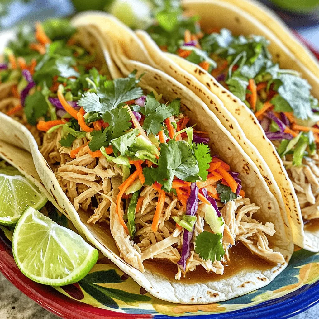 - 2 large chicken breasts - 1 cup chicken broth - 1 tablespoon taco seasoning - 8 small corn tortillas - 1 cup red cabbage, finely shredded - 1 cup green cabbage, finely shredded - 1 medium carrot, finely grated - ¼ cup mayonnaise - 1 tablespoon apple cider vinegar - 1 teaspoon honey - Fresh cilantro, roughly chopped - Lime wedges - Salt and freshly ground black pepper To make pulled chicken tacos with slaw, gather these ingredients. The chicken breasts and broth create a juicy base. Taco seasoning gives the chicken a bold flavor. Corn tortillas add the perfect touch for holding all the goodness. Next, for the slaw, red and green cabbage provide a crunchy bite. The carrot adds color and sweetness. Mayonnaise, apple cider vinegar, and honey mix to make a creamy dressing. This slaw will balance the spicy chicken. Don't forget the garnishes! Fresh cilantro brightens up the dish. Lime wedges add a zesty finish. Salt and pepper enhance all the flavors. For the full recipe, check out the detailed instructions. Happy cooking! To start, I place the chicken breasts in a slow cooker. I pour one cup of chicken broth over the chicken. Then, I sprinkle one tablespoon of taco seasoning on top. I make sure to rub the seasoning in well. Next, I cover the slow cooker. I set it to cook on low for 6 to 8 hours or on high for about 4 hours. The chicken is ready when it is very tender. It should shred easily with a fork. Once done, I remove the chicken and shred it using two forks. I mix the shredded chicken back into the broth for a flavor boost. While the chicken cooks, I prepare the crunchy slaw. I take a large mixing bowl and combine one cup of finely shredded red cabbage, one cup of finely shredded green cabbage, and one medium grated carrot. I stir them together until mixed well. In a smaller bowl, I whisk together ¼ cup of mayonnaise, one tablespoon of apple cider vinegar, one teaspoon of honey, and a pinch of salt and pepper. This creamy dressing adds great taste. I pour the dressing over the cabbage and carrot mix. Then, I toss everything until the veggies are evenly coated. I taste and adjust the seasoning if needed. Now, it’s time to assemble the tacos! I heat a dry skillet over medium heat. I place each small corn tortilla in the pan for about 30 seconds on each side. I want them soft and pliable for easy filling. To build the tacos, I lay a generous amount of pulled chicken onto each warm tortilla. I then add a hearty scoop of the crunchy slaw on top. For a finishing touch, I garnish the tacos with fresh chopped cilantro. I serve them with lime wedges on the side for a zesty squeeze. You can find the Full Recipe for more details and tips. - To ensure the chicken is tender, cook it low and slow. This method makes the meat juicy. - Use chicken broth to add depth to the flavor. It keeps the chicken moist and tasty. - For a flavor boost, rub the taco seasoning into the chicken. This helps the spices soak in well. - To achieve the perfect crunch, use fresh cabbage. Cut it just before serving for extra crispness. - Grate the carrot finely. It adds sweetness and texture to the slaw. - Adjust the seasoning to suit your taste. Add more honey for sweetness or vinegar for tang. - For presentation, serve the tacos on a bright platter. This makes them more appealing. - Garnish with lime wedges and fresh cilantro. The colors make the dish pop. - Consider serving with sides like rice or beans. A refreshing drink like lemonade pairs well too. For a complete guide, check out the Full Recipe for Pulled Chicken Tacos with Slaw. {{image_4}} You can switch up the meat in these tacos. Pulled pork or beef works great. Both options add rich flavor. If you're a vegetarian, consider using jackfruit. When cooked, jackfruit shreds nicely and takes on flavors well. This makes it a fun choice for pulled tacos. You can also change the dressing for your slaw. Try a yogurt-based dressing for a lighter twist. It adds creaminess without being too heavy. You might want to spice it up too. Adding chili powder or paprika can give your slaw an extra kick. Toppings can take your tacos to the next level. Slices of creamy avocado can add richness. Shredded cheese also makes a tasty addition. For those who like heat, try spicy salsa or hot sauce. Both will enhance the flavors in your tacos. To keep your pulled chicken and slaw fresh, follow these tips: - Chicken: Store leftover pulled chicken in an airtight container. It can last up to four days in the fridge. - Slaw: Place slaw in a separate container to keep it crunchy. It stays fresh for about three days. - Tortillas: Keep tortillas in a sealed bag. They can last a week in the fridge but are best used fresh. When it’s time to enjoy your leftovers, use these methods: - Chicken: Reheat chicken in a skillet over medium heat. Add a splash of broth to keep it moist. - Slaw: For slaw, avoid reheating. Instead, toss in a bit more dressing. This keeps the flavors bright and fresh. Freezing is a great way to save your pulled chicken for later: - Chicken: Cool the shredded chicken completely. Place it in a freezer-safe bag. It can last up to three months. - Slaw and Tortillas: Freeze slaw and tortillas separately. The slaw may lose crunch, so use it fresh if possible. Tortillas can stay good for up to two months in the freezer. For the full experience, check out the Full Recipe! You can tell the chicken is cooked when it is very tender. The meat should shred easily with a fork. If you see clear juices when you cut into it, that's a good sign. The internal temperature should reach 165°F (74°C). This ensures safety and perfect texture. Yes, you can use store-bought slaw mix. It saves time and is very convenient. However, fresh slaw offers better taste and crunch. Store mixes might lack flavor and freshness. If you choose store-bought, add some extra seasonings for a boost. You can serve many sides with pulled chicken tacos. Some tasty options are: - Rice and beans - Mexican street corn - Guacamole and chips - A fresh salad - Roasted vegetables These sides complement the flavors and add variety. The spice level of these tacos depends on the seasoning you use. The taco seasoning can be mild or spicy. If you want more heat, add hot sauce or jalapeños. If you prefer less spice, use a mild seasoning or skip the hot sauce. Adjusting heat makes it fun for everyone! This blog covered how to make delicious pulled chicken tacos. We discussed key ingredients like chicken broth, tortillas, and fresh slaw. I shared step-by-step instructions from cooking the chicken to assembling the tacos. Our tips helped ensure juicy chicken and crunchy slaw. You can also explore variations and learn how to store leftovers. Enjoy creating these flavorful tacos and make them your own. Happy cooking!