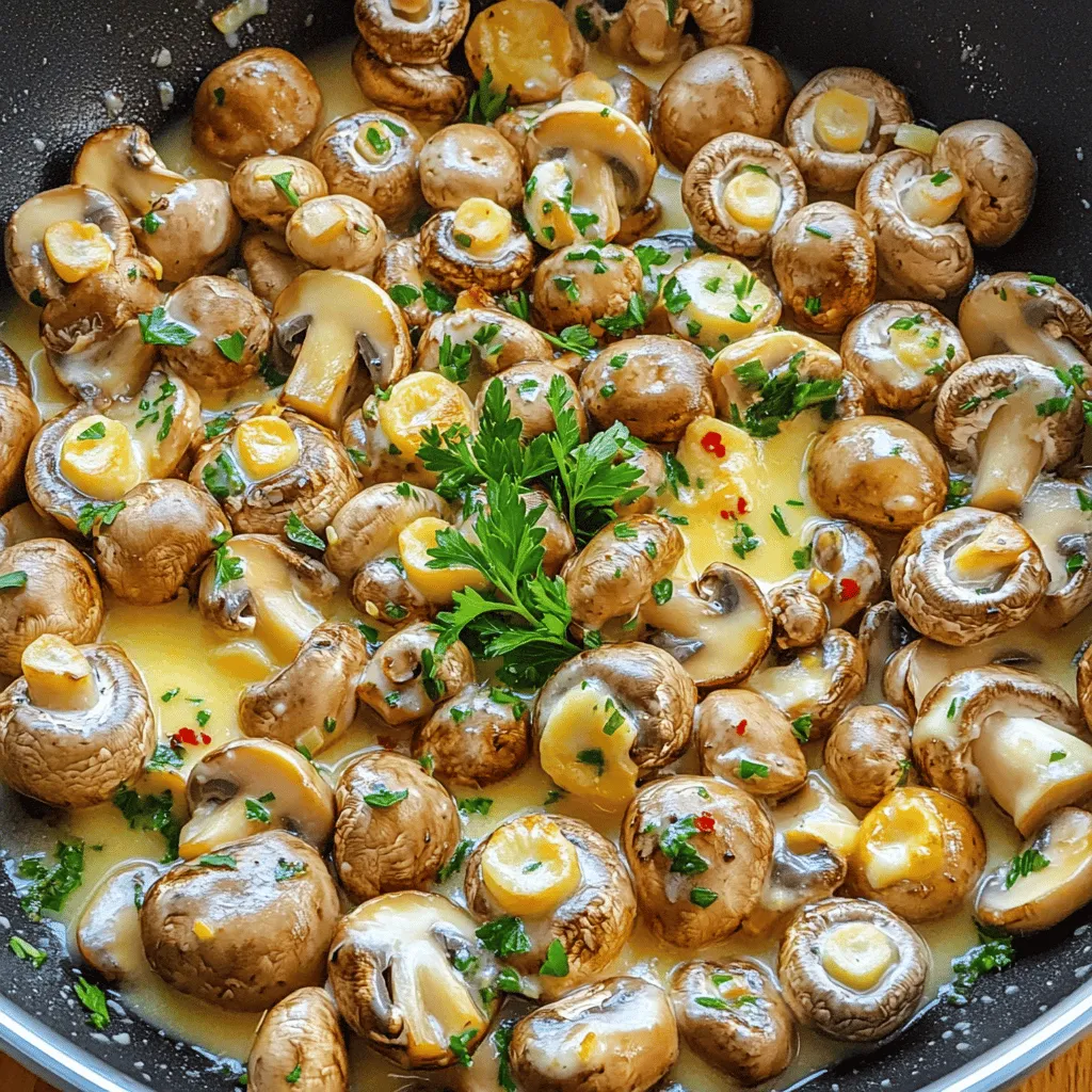 To make herbed garlic butter mushrooms, gather these key items: - 500g fresh mushrooms (button or cremini), thoroughly cleaned and sliced - 4 tablespoons unsalted butter - 3 cloves garlic, finely minced - 1 teaspoon dried thyme - 1 teaspoon dried rosemary - 1 teaspoon fresh parsley, finely chopped (plus extra for garnish) - 1/2 teaspoon crushed red pepper flakes (optional, for a kick) - Salt and freshly ground black pepper, to taste - Juice of half a fresh lemon You can add more flavor with these optional items: - 1/2 cup white wine for a rich taste - 1 tablespoon soy sauce for a savory touch - A sprinkle of Parmesan cheese for a cheesy finish Each ingredient brings its own health perks: - Mushrooms: These are low in calories and high in vitamins. They help boost your immune system. - Garlic: It has anti-inflammatory and antioxidant properties. Garlic may lower blood pressure and improve heart health. - Parsley: This herb is rich in vitamins A, C, and K. It also aids digestion and fights inflammation. - Lemon juice: It adds vitamin C and helps with the absorption of iron from the mushrooms. These ingredients not only create a delicious dish but also pack a nutritious punch. For the full recipe, check the details above! First, grab a large skillet and place it on medium heat. Add the unsalted butter and let it melt. You want it to foam and bubble, which takes just a minute or two. Once the butter is ready, add the minced garlic. Keep stirring for one to two minutes. This will release a lovely aroma, but be careful not to let it burn. Next, it's time to add the sliced mushrooms. Toss them in the garlic butter until they are fully coated. They should look shiny and glistening. Cook the mushrooms for about five to seven minutes. Stir them occasionally. You want them to turn a nice golden-brown and become tender. Now, sprinkle in the dried thyme, dried rosemary, and crushed red pepper flakes if you like a bit of heat. Keep sautéing the mushrooms while mixing in the herbs. This blends the flavors beautifully. Don't forget to season with salt and freshly ground black pepper to taste. This step brings out the natural taste of the mushrooms. To really elevate the dish, squeeze the juice of half a fresh lemon over the mushrooms. This adds a bright, zesty flavor. Stir gently to mix it all together. Finally, remove the skillet from heat and fold in the freshly chopped parsley. Make sure the parsley is evenly spread throughout. You can find the full recipe for these delicious herbed garlic butter mushrooms and impress your friends and family with your cooking skills. Choose fresh mushrooms for the best taste. Look for firm, smooth, and dry mushrooms. Button or cremini mushrooms work great. Avoid any with dark spots or a slimy feel. If possible, buy them from a local farmer's market. They often taste better and are fresher. Heat your skillet before adding butter. This helps the butter melt evenly. Swirl the pan to cover the base with butter. Add the garlic once the butter bubbles. Stir often to keep the garlic from burning. Then add the mushrooms. Stir them gently, so they cook evenly. Cook until they turn golden-brown and tender. Don't overcrowd the pan with mushrooms. This can cause steaming instead of sautéing. If you have too many, cook them in batches. Always use fresh garlic for the best flavor. Avoid using too much heat; this can burn the garlic. Finally, taste and season your dish as you go. This helps to balance flavors perfectly. {{image_4}} You can add other vegetables to your herbed garlic butter mushrooms. Try using bell peppers, zucchini, or spinach. These veggies add color and flavor. Just chop them into bite-sized pieces. Add them to the pan with the mushrooms. Sauté until they are tender. This mix can create a lovely side dish or even a main meal. For a creamy twist, add some heavy cream. After the mushrooms are cooked, pour in about half a cup of cream. Stir well to coat the mushrooms. Let it simmer for a few minutes. The cream will thicken and blend with the garlic butter. This version is rich and comforting. It pairs well with pasta or rice. You can use many herbs to change the flavor. Try basil for a sweet taste or oregano for a strong kick. Fresh dill gives a bright flavor, while sage adds earthiness. You can mix and match these herbs. Just remember to adjust the amounts to your taste. Each herb can give the dish a new life. To keep your herbed garlic butter mushrooms fresh, store them in an airtight container. Let them cool completely before sealing to avoid moisture build-up. Place the container in the fridge. If you use leftovers, they will stay tasty for later meals. When you want to enjoy your mushrooms again, reheat them in a skillet. Use medium heat and add a little butter if they seem dry. Stir gently until they warm up. You can also use a microwave, but be careful not to overheat them. These mushrooms last about 3 to 5 days in the fridge when stored properly. If you freeze them, they may last up to 2 months. Just remember, freezing can change their texture. For the best taste, enjoy them fresh or within a few days. For the full recipe, please refer to the section above. Yes, you can use frozen mushrooms. However, fresh mushrooms give the best flavor and texture. Frozen mushrooms lose some moisture when thawed, which can change the dish's taste. If using frozen, thaw them first and pat them dry. This helps avoid excess water in your dish. To make this dish vegan, swap the butter with a plant-based alternative. Many brands offer vegan butter that works well in this recipe. Ensure the vegetable broth or oil you choose is vegan too. This change keeps the rich taste while making it suitable for everyone. Herbed garlic butter mushrooms are versatile. They pair great with crusty bread, pasta, or rice. You can also serve them over steak or chicken for a hearty meal. Add them to salads for a tasty twist. Their rich flavor enhances many different dishes, making them a crowd-pleaser. For the full recipe, check out the instructions above. This blog post covered a tasty recipe for herbed garlic butter mushrooms. We explored key ingredients, cooking steps, and helpful tips. You learned how to enhance flavor and avoid common mistakes. We also shared fun variations for creativity. Remember, making meals with mushrooms is fun and simple. With the right techniques, you can impress everyone at your dinner table. Keep experimenting with your ingredients and enjoy the process!