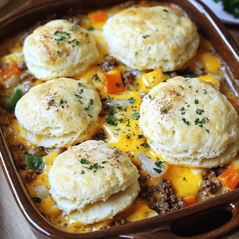- 1 lb ground beef - 1 small onion, diced - 2 cloves garlic, minced - 1 cup mixed vegetables (carrots, peas, corn) - 1 cup beef broth - 1 tablespoon Worcestershire sauce - 1 teaspoon smoked paprika - Salt and pepper, to taste - 1 cup cheddar cheese, shredded (divided) - 2 cups biscuit mix - 2 teaspoons garlic powder - 1 teaspoon dried parsley - 1 cup milk - 1/4 cup melted butter Gathering the right ingredients is key to making Cheddar Bay Ground Beef Cobbler. First, you need 1 pound of ground beef. It adds that rich flavor. You will also want a small onion, diced. This brings a sweet base to the dish. Fresh garlic is a must, so grab 2 cloves and mince them up. Next, include 1 cup of mixed vegetables. Think about carrots, peas, and corn. These add color and texture. You will also need 1 cup of beef broth. This keeps the filling moist and tasty. Worcestershire sauce adds depth, so don't skip the tablespoon of it. For a smoky touch, include 1 teaspoon of smoked paprika. Season with salt and pepper to your taste. Cheese lovers rejoice! You’ll need 1 cup of shredded cheddar cheese, divided. Now, for the biscuit topping, use 2 cups of biscuit mix. Mix in 2 teaspoons of garlic powder and 1 teaspoon of dried parsley for extra flavor. You’ll also need 1 cup of milk and 1/4 cup of melted butter to make the batter rich and luscious. With these ingredients, you are ready to create a dish that will delight your family and friends. For the full recipe, check the section above. - Preheat the oven to 400°F (200°C). - Gather all ingredients and tools needed. Before starting, make sure you have everything ready. This will help your cooking go smoothly. - Brown the ground beef in a skillet. - Add diced onion and minced garlic. In a large skillet, cook the ground beef over medium heat. Use a spatula to break it apart. Cook until it's brown, about 5-7 minutes. Next, stir in the diced onion and minced garlic. Cook for about 3 minutes until the onion turns soft and clear. - Add mixed veggies, broth, Worcestershire sauce, and spices. - Simmer and incorporate cheddar cheese. Now, mix in the veggies, broth, Worcestershire sauce, smoked paprika, salt, and pepper. Bring this mix to a gentle simmer. Let it cook for about 5 minutes. This warms everything up nicely. Now, take it off the heat and stir in half a cup of cheddar cheese until it melts into the mix. - Mix biscuit ingredients in a separate bowl. - Combine milk and melted butter for batter. In another bowl, combine the biscuit mix, garlic powder, and dried parsley. Next, pour in the milk and melted butter. Stir until just combined to form a soft batter. - Pour filling into the baking dish. - Add biscuit batter to the top and bake. Take a greased 9x13-inch baking dish and pour in the beef and veggie filling. Spread it out evenly. Then, drop spoonfuls of the biscuit batter over the filling. Make sure it covers most of it. - Add remaining cheddar cheese after baking. - Allow to cool and serve warm. Place the dish in the preheated oven. Bake for 20-25 minutes until the biscuit topping is golden brown. Once out of the oven, sprinkle the rest of the cheddar cheese on top. Put it back in the oven for 5 more minutes until the cheese melts and bubbles. Let it cool for a few minutes before serving. Enjoy this comfort dish warm, and feel free to add a salad or sour cream on top for extra flavor. For the full recipe, check out the details above! To make your Cheddar Bay ground beef cobbler even better, start with lean ground beef. This choice cuts down on extra fat and keeps the dish lighter. You can also switch up the veggies. Use what you like! Carrots, peas, or even bell peppers all work well in this recipe. Cheddar cheese gives a nice, rich flavor, but feel free to swap in other cheeses. Try mozzarella for a milder taste or pepper jack for a kick! If you want fewer calories, low-fat cheese is a great choice. It melts well and still adds good flavor. To make your biscuits fluffier, mix the batter gently. Overmixing can lead to tough biscuits. For the best coverage, drop spoonfuls of batter evenly over the filling. This ensures every bite has a good mix of beef and biscuit. Follow these tips to elevate your cobbler to the next level. For the complete recipe, check out the Full Recipe. {{image_4}} You can easily adjust this recipe to fit your diet. For a gluten-free option, use a gluten-free biscuit mix. This swap keeps the same texture and taste that we love. If you want a vegetarian meal, simply replace the ground beef with a plant-based crumble. It absorbs flavors just like beef, making it a great choice. To boost the flavor, try adding some spices. A pinch of cayenne can bring heat and excitement to your dish. If you like fresh tastes, add herbs like thyme or basil. Chopped parsley also brightens up the flavors and looks great on top. Feeling creative? You can give this dish a twist inspired by other cuisines. For an Italian flair, add marinara sauce and sprinkle mozzarella cheese on top. It will melt beautifully and blend with the beef. For a Southwest kick, mix in black beans and jalapeños. This adds a spicy, zesty flavor that will surprise your taste buds. With these variations, you can make Cheddar Bay Ground Beef Cobbler your own. Each option offers a new way to enjoy this classic dish. For the complete recipe, check out the [Full Recipe]. To store leftovers of Cheddar Bay Ground Beef Cobbler, let it cool first. Place the cobbler in a container with a tight lid. Use glass or plastic containers that seal well. This helps keep the dish fresh. You can store it in the refrigerator for about 3 to 4 days. If you want to save it for later, freezing is a great option. First, let the cobbler cool completely. Then, cut it into portions. Wrap each piece tightly in plastic wrap. Place the wrapped pieces in a freezer-safe bag or container. This will keep your cobbler fresh for up to 3 months. When you are ready to enjoy it, take it out of the freezer. Thaw it in the fridge overnight. For quick reheating, you can use the microwave. Place a portion on a microwave-safe plate. Cover it with a damp paper towel to keep it moist. Heat it for 1 to 2 minutes, checking it often. If you want to keep the topping crisp, use the oven. Preheat your oven to 350°F (175°C). Place the cobbler in an oven-safe dish. Cover it loosely with foil to prevent burning. Heat for about 15 to 20 minutes. This way, your cobbler stays warm and tasty. For the full recipe, check the detailed instructions above. Cheddar Bay Cobbler is a comforting dish that blends savory ground beef with a cheesy biscuit topping. The dish takes inspiration from the famous Cheddar Bay Biscuits served at Red Lobster. You get a warm, hearty filling made from ground beef, veggies, and cheese, all topped with fluffy biscuit dough. It's a true crowd-pleaser, perfect for family dinners or gatherings. Yes, you can prepare this dish in advance. Cook the ground beef and assemble the cobbler, but don’t bake it right away. Cover the dish and place it in the fridge. When you're ready to eat, bake it as directed. This way, you save time and still enjoy a fresh, hot meal. Absolutely! To make this recipe vegan, swap the ground beef for a plant-based substitute. You can use lentils or veggie crumbles. Replace the milk with a plant milk like almond or soy. Use vegan cheese instead of cheddar for that gooey topping. With these swaps, you can still enjoy a delicious cobbler. If you want to add heat, try adding chopped jalapeños to the beef mixture. You can also stir in cayenne pepper or hot sauce while cooking. For an extra kick, sprinkle red pepper flakes on top of the biscuit layer before baking. Spice it up to fit your taste! This cobbler pairs well with simple sides. A fresh green salad adds a nice crunch. You can also serve it with coleslaw for a tangy bite. For a creamier touch, add a dollop of sour cream on top of each serving. These sides balance the rich flavors of the cobbler nicely. This blog post covered how to make Cheddar Bay Ground Beef Cobbler, from ingredients to storage tips. You learned to prepare a tasty filling and a fluffy biscuit topping. You can also adapt this dish to fit different diets and spice levels. Cooking this recipe is fun and satisfying. Enjoy making it your own, and share it with friends and family. Happy cooking!