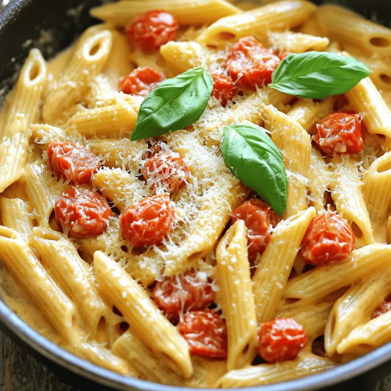 - 12 oz (340g) penne pasta and 2 tablespoons extra virgin olive oil - 4 cloves garlic, minced and 1 medium onion, finely chopped - 1 can (14 oz) diced tomatoes, with their juices and 2 cups vegetable broth - 1 cup heavy cream and 1 cup freshly grated Parmesan cheese - 1 teaspoon dried basil and 1 teaspoon dried oregano - Salt and freshly ground black pepper to taste To create this amazing One Pan Creamy Tomato Pasta, gather all your ingredients first. This method saves you time and keeps your kitchen organized. Start with the penne pasta. It cooks well and absorbs the sauce nicely. Use good quality olive oil for a rich taste and to help sauté the onion and garlic. You will need diced tomatoes along with their juices. They add flavor and body to the sauce. The vegetable broth brings a savory depth, making the dish feel hearty. For creaminess, the heavy cream is a must. It gives the pasta its rich texture. Lastly, Parmesan cheese adds a lovely umami kick that ties everything together. Don’t forget your seasonings! The dried basil and oregano elevate the dish with fresh, herbal notes. Adjust salt and pepper to your taste. Gather these ingredients, and you are ready to whip up a delicious meal with the Full Recipe! 1. Sautéing the onion and garlic: First, grab a large skillet. Add 2 tablespoons of olive oil. Heat it over medium heat until it's warm. Next, toss in the finely chopped onion. Cook this for about 3 to 4 minutes. Stir it often so it doesn’t burn. The onion should turn soft and clear. 2. Cooking the pasta with tomatoes and broth: Now, add 4 cloves of minced garlic to the skillet. Cook it for just 1 minute. Keep stirring so it stays fragrant. Then, pour in 1 can of diced tomatoes with their juices. Add 2 cups of vegetable broth, too. Stir in 12 ounces of penne pasta. Turn up the heat to boil it gently. Once it boils, turn down the heat and cover the pan. Let it simmer for 12 to 15 minutes. Stir a few times to keep it from sticking. The pasta should be al dente, and the liquid should soak in. 3. Finishing with cream and cheese: When the pasta is ready, stir in 1 cup of heavy cream. Add 1 teaspoon each of dried basil and oregano. Sprinkle in salt and pepper to taste. Mix until the sauce is creamy. Remove the skillet from the heat and fold in 1 cup of grated Parmesan cheese. Stir it in until it melts. Taste the pasta and adjust the seasonings if needed. Serve hot, topped with fresh basil leaves and extra cheese if you like. Enjoy your meal! - Ensuring perfect al dente pasta: Cook your penne pasta for about 12 to 15 minutes. Stir it every few minutes. This keeps it from clumping. Check the pasta a minute or two before the time is up. It should be firm but not hard. - Adjusting for creaminess and flavor: If you want a richer sauce, add more heavy cream. Start with half a cup and taste as you go. You can also add a bit more cheese for extra flavor. - Preventing sticking in the pan: Stir the pasta often while it cooks. This helps keep it from sticking. If you notice it sticking, add a splash of broth or water. This will help keep it loose. - Ideal pairings and sides: Serve this creamy tomato pasta with a fresh side salad. Garlic bread also pairs well. These sides enhance the meal without overwhelming it. - Garnishing ideas with fresh herbs: Top your pasta with fresh basil leaves. This adds a nice touch of flavor and color. You can also sprinkle extra Parmesan cheese on top for a lovely finish. For the full recipe, check out the [Full Recipe]. {{image_4}} You can change up the ingredients for One Pan Creamy Tomato Pasta. Here are some easy swaps: - Substitutes for heavy cream: If you want a lighter version, use half-and-half or coconut milk. Both give a creamy texture without the extra calories. You can also try Greek yogurt for a tangy twist. - Different pasta types or shapes: You can use any pasta you like! Try spaghetti, fusilli, or even whole wheat pasta. Just adjust the cooking time as needed. - Adding protein options like chicken or shrimp: For extra protein, add cooked chicken or shrimp. Sauté them until golden before adding the onions. This adds flavor and makes the dish heartier. Boost the taste of your creamy tomato pasta with these suggestions: - Infusing the sauce with additional spices: Add a pinch of red pepper flakes for heat or a dash of smoked paprika for a smoky flavor. Fresh herbs like thyme or parsley also work well. - Using fresh tomatoes or homemade sauce: Fresh tomatoes add a bright flavor. Use about 6-8 medium-sized ripe tomatoes, chopped. If you prefer, make your own sauce. Just simmer tomatoes with garlic and onions until thick. Feel free to mix and match these ideas to make your dish unique. Personalizing your pasta is part of the fun! For the full recipe, check out the One Pan Creamy Tomato Pasta details. To keep your One Pan Creamy Tomato Pasta fresh, follow these steps. First, let the pasta cool to room temperature. Then, transfer it to an airtight container. This helps prevent moisture loss and keeps flavors intact. Store it in the fridge. Your creamy pasta will last up to 3 days. After that, the texture may change, and flavors may fade. When it's time to enjoy your leftovers, you want to reheat them just right. There are a few great methods to do this. You can use a microwave or stovetop. If you use a microwave, heat in 30-second bursts. Stir between each burst to ensure even heating. If you prefer the stovetop, add a splash of water or broth in a pan. Heat gently over low heat, stirring often. To restore creaminess, you might want to add a little extra cream. This will help bring back that rich texture. Taste and adjust seasoning if needed. Enjoy your creamy pasta like it's fresh from the pan! How to make One Pan Creamy Tomato Pasta more healthy? To make this dish healthier, use whole grain penne pasta. Whole grain pasta has more fiber. You can also add fresh spinach or kale for extra nutrients. Swap heavy cream with a light version or use cashew cream for a lighter touch. Reducing the cheese amount can also cut calories without losing flavor. Can I make this recipe vegan-friendly? Yes, you can easily make this recipe vegan. Use plant-based pasta and replace heavy cream with coconut cream or a nut-based alternative. For cheese, use nutritional yeast or a vegan cheese option. This keeps the creamy texture and rich flavor without animal products. What can I serve with One Pan Creamy Tomato Pasta? This pasta pairs well with a simple green salad. A side of garlic bread is also great for soaking up the sauce. For added protein, serve with grilled chicken or shrimp. You can also add roasted vegetables for a colorful and healthy side dish. This blog post covers how to make delicious One Pan Creamy Tomato Pasta. You learned about the key ingredients, including pasta, tomatoes, and cream. You discovered easy steps for cooking and tips for perfect results. I shared variations to help you customize your dish. Additionally, you found storage tips to keep leftovers fresh. Cooking can be fun and rewarding. Enjoy your One Pan Creamy Tomato Pasta, and don't be afraid to experiment!