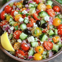 - 1 cup quinoa, thoroughly rinsed - 2 cups vegetable broth (or substitute with water) - 1 cup cherry tomatoes, halved - 1 cucumber, finely diced - ½ red onion, minced - 1 bell pepper (choose red or yellow), diced - 1 cup canned chickpeas, drained and rinsed - ½ cup black olives, pitted and sliced - ¼ cup fresh parsley, coarsely chopped The heart of this salad is quinoa. It’s a gluten-free grain packed with protein. Rinsing quinoa removes its bitter coating, called saponin. Cooking it in vegetable broth adds great flavor. Fresh vegetables bring color and crunch to the dish. Cherry tomatoes add sweetness, while cucumbers give a refreshing bite. Red onion and bell pepper add depth and vibrance. Canned chickpeas offer protein and fiber. Black olives bring a salty, briny taste. Fresh parsley adds a hint of brightness. - ¼ cup feta cheese, crumbled (optional) - 3 tablespoons high-quality olive oil - 2 tablespoons fresh lemon juice - 1 teaspoon dried oregano - Salt and freshly cracked pepper to taste You can add feta for a creamy, tangy finish. It pairs well with the other flavors. Fresh herbs like basil or mint can boost the taste, too. Dried oregano adds a classic Mediterranean touch. This salad is not just tasty; it’s also healthy. Each serving has about 250 calories. You get around 10 grams of protein and 7 grams of fiber. This makes it a filling and nutritious meal. Enjoy this salad as a light lunch or a hearty side dish. For the full recipe, check the complete guide. Start by rinsing the quinoa. Place 1 cup of quinoa in a fine strainer. Rinse under cold water for 1-2 minutes. This removes the bitter coating called saponin. Next, boil the quinoa. In a medium saucepan, combine the rinsed quinoa with 2 cups of vegetable broth or water. Bring it to a rolling boil over medium-high heat. Once it boils, reduce the heat to low. Cover the pot and let it simmer for about 15 minutes. The quinoa will look fluffy when done, and all liquid should be absorbed. Remove the pot from heat and let it cool completely. While the quinoa cools, grab a large mixing bowl. You will need fresh vegetables for the salad. Start by cutting cherry tomatoes in half. Dice the cucumber and bell pepper. Mince the red onion. You want all pieces small and even. This way, they mix well. Then, add the diced veggies to the bowl. Don't forget to drain and rinse the canned chickpeas. Toss these in too, along with sliced black olives and chopped parsley. Stir gently to mix everything. Now, let’s make the dressing. In a small bowl, combine 3 tablespoons of olive oil, 2 tablespoons of fresh lemon juice, and 1 teaspoon of dried oregano. Add a pinch of salt and fresh pepper. Use a whisk to mix until smooth. Taste it and adjust the seasoning. You want a bright, zesty flavor. Once the quinoa is cool, it’s time to combine everything. Add the quinoa to the bowl of veggies and chickpeas. Pour the dressing over the top. Use a gentle folding motion to mix everything. You want the flavors to blend well without mashing the ingredients. You can serve the salad right away or let it chill for about 30 minutes. Chilling helps the flavors meld better. For a pretty presentation, use a large bowl or individual plates. Garnish with extra parsley and a lemon wedge. This adds color and a fresh touch. Check out the Full Recipe for more details! - Overcooking quinoa: Quinoa cooks quickly. If you leave it too long, it becomes mushy. Always check for a fluffy texture and a tiny white tail when it’s done. - Imbalance in dressing flavors: If your dressing is too strong or too weak, it can ruin the salad. Taste as you go to find the right balance. - Ensuring perfect quinoa texture: Rinse quinoa well before cooking. This removes the bitter coating. Use two cups of liquid for every cup of quinoa. After cooking, let it rest for five minutes with the lid on. Fluff it gently with a fork. - Vegetable prep hacks: Cut vegetables into similar sizes. This helps them mix well and makes each bite enjoyable. Use a sharp knife for clean cuts. A good knife can speed up your prep time. - Fresh herbs and seasoning adjustments: Fresh herbs like parsley or mint brighten the salad. Add them just before serving for the best flavor. You can also try different spices like cumin for a unique twist. - Experimenting with different oils and vinegars: Swap olive oil for avocado or walnut oil for a change. Use balsamic or red wine vinegar to alter the taste. These small changes can make your salad stand out. For more ideas, check the Full Recipe. {{image_4}} You can make your Mediterranean quinoa salad more filling by adding protein. Grilled chicken is a great option. It adds a nice smoky flavor. Shrimp is another tasty choice. Just grill or sauté them lightly. If you prefer a plant-based option, try tofu. Marinate the tofu for added flavor before cooking. Using seasonal ingredients can enhance your salad. In summer, add fresh vegetables like zucchini and bell peppers. They bring a crisp texture and vibrant colors. In fall, consider roasted veggies like sweet potatoes or Brussels sprouts. Roasting adds depth and sweetness to the dish. This salad is naturally gluten-free, making it a safe choice for many. If you need to lower sodium, rinse canned chickpeas and olives. This simple step can cut down on salt. You can also use low-sodium vegetable broth in the quinoa. Adjusting the dressing can help too. Use fresh herbs for flavor without adding extra salt. For a complete guide to making this salad, check out the Full Recipe. To keep your Mediterranean quinoa salad fresh, use airtight containers. Glass containers work well because they do not stain. Make sure to let the salad cool before sealing. Store the salad in the fridge. In the fridge, this salad lasts about 3 to 5 days. Check for signs of spoilage. Look for a change in color or a sour smell. If anything seems off, it's best to throw it out. You can enjoy this salad cold or warm. If you want to reheat, use the microwave. Heat it in short bursts to avoid cooking the veggies. After reheating, check the taste. You might need to add a bit more lemon juice or olive oil for flavor. For the full recipe, refer back to the ingredients and instructions above. Yes, you can prepare this salad ahead of time. I recommend making it up to two days in advance. Store it in the fridge, covered. The flavors will blend nicely, making it even more delicious. Just remember to stir it again before serving. If you need a substitute for quinoa, try couscous or bulgur wheat. Both are great options that cook quickly. You can also use farro or brown rice for a different texture. Each grain adds a unique flavor while keeping the salad tasty. Yes, this salad is vegan-friendly. All the ingredients are plant-based. If you choose to skip the feta cheese, it remains fully vegan. You can also add more chickpeas or nuts for extra protein while keeping it vegan. To make this salad more filling, add protein options like grilled chicken, shrimp, or tofu. You can also toss in nuts or seeds for healthy fats. Adding more grains, like brown rice or farro, can help too. These additions will keep you satisfied longer. In summary, we've covered the essential ingredients, cooking steps, and storage tips for Mediterranean Quinoa Salad. This dish is packed with nutrients and can be modified to fit your taste. You can add proteins or seasonal veggies to make it your own. Enjoying this salad can boost your health while keeping your meals exciting. Great meals don’t have to be hard to make, and this salad proves that. With practice, you'll master it and impress your friends and family.