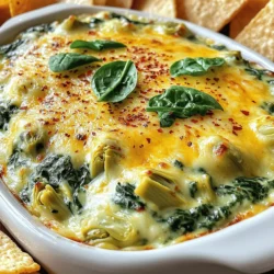 - Spinach - Artichoke Hearts - Garlic - Cream Cheese - Sour Cream - Mayonnaise - Mozzarella Cheese - Parmesan Cheese - Red Pepper Flakes - Salt and Pepper Fresh ingredients make the dip taste great. I love using spinach and artichoke hearts. Spinach adds a nice green color and a healthy punch. Canned artichoke hearts bring a unique taste that pairs well with spinach. Garlic is a must! It gives the dip a warm, savory flavor. Use fresh garlic for the best taste. It brings a richness that makes every bite special. For the creamy base, I use several dairy components. Cream cheese is the star here. It creates a smooth and lush texture. I mix in sour cream and mayonnaise for a tangy kick. Mozzarella cheese adds stretchiness while Parmesan cheese gives a salty bite. I often use a mix of both cheeses to balance flavors. Don’t forget the seasoning! A pinch of red pepper flakes gives a bit of heat. Adjust it to your taste. Salt and pepper are key for enhancing all the flavors. You can find the full recipe for this creamy delight below. - Preheat the Oven First, set your oven to 375°F (190°C). This heat level helps the dip bake evenly. - Make the Creamy Base In a large bowl, mix cream cheese, sour cream, and mayonnaise. Use a hand mixer or spoon. Blend until smooth and lump-free. - Combine Spinach and Artichokes Gently fold in chopped spinach and artichoke hearts. Add minced garlic and half the mozzarella and Parmesan cheese. Mix until well combined. - Season the Mixture Sprinkle in salt and pepper to taste. Be sure to taste as you season. This makes sure the flavors shine. - Transfer to Baking Dish Pour the creamy mixture into a greased baking dish. Spread it evenly with a spatula. - Baking Time and Temperature Bake for 20-25 minutes. Look for bubbling edges and melted cheese on top. This shows it's ready. This is just one part of crafting a delicious Spinach Artichoke Dip. For the full experience, check the Full Recipe. Balancing Seasonings To make your spinach artichoke dip shine, season it well. Start with salt and pepper to bring out the flavors. Taste as you go. If you like heat, add red pepper flakes. They give a nice kick without overpowering the dish. Choosing Fresh Ingredients Using fresh spinach and artichoke hearts makes a big difference. Fresh spinach adds a bright taste and vibrant color. If you use canned artichokes, drain them well. This keeps the dip from getting too watery. Mixing Techniques Mix the cream cheese, sour cream, and mayonnaise until smooth. Use a hand mixer for a creamy texture. Then, gently fold in the spinach and artichokes. This keeps the dip light and fluffy. Baking Tips for a Perfect Top For a golden top, sprinkle the remaining mozzarella and Parmesan cheese evenly. Bake until bubbly and golden brown. This will give you a nice crust that adds to the dip's flavor and looks great in a serving dish. Best Pairings Serve your dip hot with crunchy tortilla chips, toasted bread, or fresh veggie sticks. These add texture and make it fun to eat. You can also pair it with a light salad for a full meal. Presentation Tips Garnish your dip with a sprinkle of red pepper flakes or a few fresh spinach leaves. This adds color and makes it look appealing. Serve it in a nice dish to impress your guests. For a detailed guide, check the Full Recipe. {{image_4}} You can change the cheese in your dip to add new flavors. Try using gouda for a smoky touch or feta for a tangy twist. A blend of cheeses gives you a richer taste. For those who prefer a vegan option, swap cream cheese with cashew cheese or tofu. Nutritional yeast adds a cheesy flavor without dairy. Adding spices can make your dip stand out. Try garlic powder, onion powder, or paprika for extra flavor. Mixing in diced tomatoes or bell peppers gives a fresh crunch. These veggies not only taste great but also add color to your dish. If you want a lower-fat dip, use Greek yogurt instead of sour cream or mayonnaise. This choice keeps the creaminess while cutting calories. For gluten-free options, serve with rice crackers or veggie sticks instead of bread. These swaps let everyone enjoy the dip without worry. To keep your Spinach Artichoke Dip fresh, store any leftovers in an airtight container. Make sure the dip has cooled down before sealing it. Place it in the fridge. This will keep the flavors intact and the dip creamy. If you want to freeze the dip, use a freezer-safe container. Leave some space at the top, as the dip may expand. Wrap the container tightly with plastic wrap for extra protection. This way, you can enjoy it later! To reheat the dip, the oven is best. Preheat it to 350°F (175°C). Place the dip in an oven-safe dish. Cover it with foil to keep moisture in. Heat for about 15-20 minutes or until hot. Stir halfway through to ensure even heating. You can also use a microwave. Place the dip in a microwave-safe bowl. Heat it in short bursts, about 30 seconds at a time. Stir well between heating times. This helps keep the texture smooth and creamy. In the fridge, Spinach Artichoke Dip lasts about 3-5 days. Always check for signs of spoilage. If it smells off or has changed color, it's time to toss it. When frozen, the dip can last for about 2-3 months. After that, its quality may go down, even if it's safe to eat. To know if it’s spoiled, look for mold or a strange odor. Enjoy your creamy delight while it's at its best! To make this dip, gather your ingredients first. You will need fresh spinach, canned artichoke hearts, cream cheese, sour cream, mayonnaise, mozzarella cheese, Parmesan cheese, garlic, and seasoning. Mix cream cheese, sour cream, and mayonnaise in a bowl until smooth. Then, fold in the spinach, artichokes, garlic, and half of the cheeses. Add salt and pepper to taste. Transfer this mix to a baking dish, top with the remaining cheeses, and bake at 375°F for 20-25 minutes. For the full recipe, check out the details provided earlier. Yes, you can prepare this dip ahead of time. Make the dip as described and store it in the fridge. Just cover the dish tightly with plastic wrap. You can do this a day before your event. When you're ready, bake it straight from the fridge. Just be sure to add a few extra minutes to the baking time for even heating. This dip pairs well with several tasty options. Serve it with crispy toasted bread, crunchy tortilla chips, or fresh vegetable sticks, like carrots and bell peppers. You can also offer pita chips or crackers for a fun twist. Adding a garnish of red pepper flakes or fresh spinach leaves enhances its look and flavor. In this post, we explored how to make a delicious spinach artichoke dip. We covered fresh ingredients like spinach and artichokes, essential dairy components, and key seasonings. The step-by-step guide leads you from preparation to baking, ensuring you create the perfect creamy dip. I shared tips for flavor and texture, variations to try, and how to store leftovers. Enjoy your dip with great pairings, and remember, this tasty treat can always be customized. Now, get cooking and enjoy a flavorful dish that everyone will love!