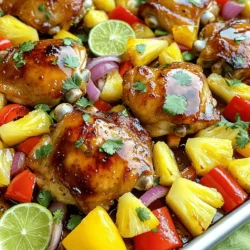 - 4 boneless, skinless chicken thighs - 1 cup fresh pineapple chunks (diced) - 1 red bell pepper (sliced into strips) - 1 yellow bell pepper (sliced into strips) - 1 red onion (cut into wedges) The main ingredients bring a burst of flavor to your meal. Chicken thighs are juicy and tender, which makes them perfect for this recipe. Fresh pineapple adds sweetness and a tropical vibe. Bell peppers add crunch and color, while the red onion gives a nice bite. - 2 tablespoons soy sauce - 2 tablespoons honey - 1 tablespoon sesame oil - 2 cloves garlic (minced) - 1-inch piece ginger (finely grated) The marinade is key to a great taste. Soy sauce gives umami and saltiness. Honey brings a touch of sweetness that balances everything. Sesame oil adds a nutty flavor, while garlic and ginger give a fresh, zingy kick. - Fresh cilantro (chopped, for garnish) - Lime wedges (for serving) Garnishing with fresh cilantro adds a bright flavor. Lime wedges give a zesty finish when squeezed over the dish. Together, these toppings enhance the dish’s tropical feel. You can find the Full Recipe to guide you through making this meal. - Preheat the oven: Start by preheating your oven to 425°F (220°C). This helps cook everything evenly. - Prepare the marinade: In a medium bowl, mix soy sauce, honey, sesame oil, minced garlic, grated ginger, black pepper, and salt. Whisk until smooth. - Best practices for marinating: Use a resealable bag or shallow dish. Place the chicken thighs in and pour half the marinade over them. Make sure each piece gets coated. - Recommended marination time: Let the chicken marinate at room temperature for at least 20 minutes or up to 2 hours in the fridge. This gives it great flavor. - Arranging chicken and vegetables on the sheet pan: Line a large baking sheet with parchment paper. Position the marinated chicken in the center. Surround it with pineapple chunks, red and yellow bell peppers, and onion wedges. Spread them out evenly for even cooking. - Tips for even cooking: Make sure to leave space between each piece. This allows hot air to circulate and cook everything well. - Optimal baking temperature: Bake the pan in the preheated oven at 425°F (220°C). - Cooking time and testing doneness: Bake for 25-30 minutes. The chicken is ready when it reaches 165°F (75°C). The veggies should be tender and slightly caramelized. Using a meat thermometer is key to perfect chicken. Aim for 165°F inside. It helps ensure your chicken is safe to eat. Also, broiling at the end adds crispiness. Set your oven to broil for 2-3 minutes. Watch closely so nothing burns. This step makes your meal look and taste great. To deepen flavor, marinate your chicken longer. Two hours in the fridge works well. If short on time, 20 minutes at room temperature is fine. Just make sure every piece of chicken gets coated. This method infuses the meat with taste. For serving, use a colorful platter. Arrange the chicken and veggies in an eye-catching way. Sprinkle extra cilantro on top for color. Lime wedges add a fresh touch. They make the dish look vibrant and inviting, perfect for sharing. This simple presentation can impress anyone at your table. For the full recipe, check out the Tropical Bliss Sheet Pan Hawaiian Chicken. {{image_4}} You can easily change the chicken in this recipe. If you prefer, use boneless chicken breasts instead of thighs. They cook faster and still taste great. If you want to try something different, use firm tofu or tempeh for a plant-based option. For veggies, swap bell peppers with zucchini or broccoli. They will roast nicely and add color to your dish. To spice things up, add red pepper flakes or chili powder. This will give your dish a nice kick. You can also try adding fresh herbs like basil or mint for a different twist. For a tropical touch, mix in mango or papaya chunks. They will add sweetness and freshness to your meal. If you need a gluten-free option, replace soy sauce with tamari or coconut aminos. Both are tasty and safe for gluten-free diets. For a vegan version, use jackfruit in place of chicken. It mimics the texture well and takes on the marinade's flavor. This dish can easily fit many different diets, making it versatile and fun. Don't forget to check the Full Recipe for more details! To keep your Sheet Pan Hawaiian Chicken fresh, store leftovers in the fridge. Use an airtight container. It can stay good for about 3 to 4 days. For best taste, eat it within this time. If you want to keep it longer, freezing is a great option. Place the chicken and veggies in freezer bags. Squeeze out the air before sealing. It can last up to 3 months in the freezer. When it's time to eat your leftovers, reheating properly is key. The best way to reheat is in the oven. Preheat your oven to 350°F (175°C). Place the chicken and vegetables on a baking sheet. Heat for about 15-20 minutes or until warmed through. You can also use the microwave for quick reheating. Just cover the dish to keep moisture in. Heat in short bursts to avoid overcooking. How long does your Sheet Pan Hawaiian Chicken stay fresh? In the fridge, it lasts about 3 to 4 days. If frozen, it remains safe for 3 months. After that, it may lose taste and texture. Always check for any signs of spoilage, like off smells or changes in color, before eating. Enjoy your meal without worry! Yes, you can use chicken breasts instead of thighs. Chicken breasts cook faster than thighs. If you choose breasts, watch the cooking time closely. They may need about 20-25 minutes in the oven. The key is to ensure they reach an internal temperature of 165°F. This keeps the meat juicy and safe to eat. To check if the chicken is fully cooked, use a meat thermometer. Insert it into the thickest part of the chicken. The temperature should read 165°F. If you don’t have a thermometer, cut the chicken to check for clear juices. If the juices run clear, it is done. Sheet Pan Hawaiian Chicken goes well with many sides. Here are some ideas: - Steamed rice or jasmine rice - Quinoa for a healthy twist - A fresh salad with lime vinaigrette - Grilled corn on the cob - Coconut rice for a tropical feel These sides will make your meal even more delicious and colorful! Yes, this dish is great for meal prep. You can make it ahead and store it in the fridge. Divide the chicken and veggies into meal prep containers. It will stay fresh for about 3-4 days. Reheat it in the oven or microwave for a quick meal. This makes it easy to enjoy healthy food all week! For the full recipe, check out the Tropical Bliss Sheet Pan Hawaiian Chicken. This recipe for Sheet Pan Hawaiian Chicken combines juicy chicken thighs with fresh pineapple, bell peppers, and a flavorful marinade. We discussed how to prep, marinate, and bake for the best results. I also shared tips for presentation and storage. In the end, this dish is easy to adapt, allowing for tasty variations. Whether you stick to the classic or experiment, enjoy creating a delicious meal. Happy cooking!
