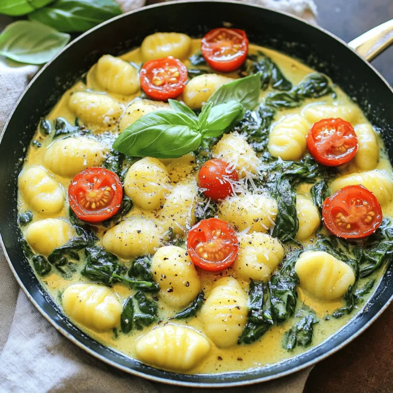 For 20-Minute One-Pan Spinach Gnocchi, gather these ingredients: - 1 package (16 oz) gnocchi (store-bought) - 2 cups fresh spinach, roughly chopped - 1 cup cherry tomatoes, halved - 1 cup vegetable broth - 2 tablespoons extra virgin olive oil - 3 cloves garlic, minced - 1 teaspoon red pepper flakes - 1/2 cup grated Parmesan cheese - Salt and black pepper to taste - Fresh basil leaves for garnish Fresh ingredients make a big difference. They boost flavor and nutrition. Fresh spinach adds bright color and a healthy touch. Cherry tomatoes bring sweetness and juiciness. Always choose the freshest items you can find. This makes your meal taste better. You can swap some ingredients if needed. Use frozen spinach if fresh isn’t available. Canned tomatoes can replace cherry tomatoes. For a vegan option, use nutritional yeast instead of Parmesan. Vegetable broth can be replaced with water. These swaps keep the dish tasty and fun. First, gather all your ingredients. You need gnocchi, fresh spinach, cherry tomatoes, vegetable broth, olive oil, garlic, red pepper flakes, Parmesan cheese, salt, and pepper. Chop the spinach and halve the cherry tomatoes. This makes cooking easier and faster. Use a large skillet for this dish. Heat the olive oil over medium heat. Add minced garlic and red pepper flakes. Sauté for about 30 seconds until the garlic smells good. Then, add the cherry tomatoes. Cook them for 3-4 minutes. You want them to soften and blister slightly. Next, pour in the vegetable broth. Bring it to a gentle simmer. Add the gnocchi, stirring well. Cook for 2-3 minutes until they float to the top. This shows they are done. Lower the heat and fold in the chopped spinach. Stir for another 1-2 minutes until the spinach wilts. Finally, sprinkle in the grated Parmesan cheese. Mix it until it melts into a creamy sauce. Taste and add salt and pepper as needed. Let it rest for a minute before serving. Watch for the gnocchi to float. This means they are cooked. The spinach should look bright green and wilted. The sauce should be creamy and cling to the gnocchi. If it looks thick and rich, you’re ready to serve. Enjoy this quick meal that looks great and tastes even better! For the full recipe, check out the full recipe link. To make your gnocchi burst with flavor, focus on fresh ingredients. Using fresh spinach and ripe cherry tomatoes makes a big difference. Sautéing garlic until it's golden brings out its best taste. Don’t skimp on the red pepper flakes; they add a nice kick. Always taste and adjust your seasoning for a balanced dish. A little extra Parmesan on top? Yes, please! This recipe is quick, but you can save even more time. Chop your spinach and tomatoes in advance. You can also pre-mince the garlic. Keep these in your fridge for easy access. Use store-bought gnocchi to skip the long cooking time. Prepare your ingredients while the skillet heats up. Multitasking makes this dish a breeze! For a creamy sauce, add the Parmesan cheese slowly. Mix it in well as it melts. If the sauce is too thick, add a splash of broth. Stir until it's smooth and creamy. Letting the dish sit for a minute off the heat helps the flavors meld. This trick gives you a perfect creamy texture every time. For the complete recipe, check out the Full Recipe. {{image_4}} You can make your 20-Minute One-Pan Spinach Gnocchi even heartier by adding protein. Chicken works great. Just cut it into bite-sized pieces. Cook it in the pan until golden brown before you add the garlic. Shrimp is another option. Toss them in after the tomatoes, cooking until they turn pink. If you prefer a plant-based option, use tofu. Cube the tofu and sauté it until crispy, then add it to the skillet with the spinach. This dish is easy to adapt for different diets. For a vegetarian version, stick with the original recipe. Just skip the meat and focus on the fresh veggies. If you need it gluten-free, choose gnocchi made from gluten-free flour. Many brands offer this option, and they taste great. Check the package for details to ensure it fits your needs. To boost flavor, don't shy away from herbs and spices. Fresh basil adds a nice touch. You can also try parsley or thyme for a different taste. If you like heat, add more red pepper flakes or try a splash of hot sauce. A squeeze of lemon juice at the end brightens the dish. It enhances the flavors of the spinach and tomatoes. These little changes make a big difference in taste. Explore these variations to make the dish your own! For the full recipe, check the complete guide. After enjoying your meal, cool any leftovers. Place them in a clean, airtight container. Store in the fridge for up to three days. This way, you keep the gnocchi fresh and tasty. To reheat, use a skillet on low heat. Add a splash of vegetable broth. Stir gently as it warms. This keeps the gnocchi creamy and prevents sticking. You can also use a microwave. Just cover the dish and heat in short bursts, stirring in between. You can freeze leftovers for later. Place cooled gnocchi in freezer-safe bags. Make sure to remove as much air as possible. They can last up to two months. When ready to eat, thaw in the fridge overnight. Reheat as mentioned above for best flavor. This meal is quick and easy. You can make it again with the full recipe anytime you want! This dish takes just 20 minutes to make. You’ll spend about 5 minutes prepping the ingredients. The cooking time fills the rest. It’s a quick meal for busy days or weeknights. You can have a tasty meal ready in no time. Yes, you can use frozen gnocchi. Just add the frozen gnocchi directly to the skillet. They will cook in the same way. The cooking time might be just a bit longer. Make sure to stir gently as they cook. This keeps them from sticking together. This gnocchi dish pairs well with many sides. Here are some ideas: - A fresh green salad with vinaigrette. - Garlic bread or crusty bread for dipping. - Roasted vegetables to add color and crunch. - A light soup like tomato or vegetable for warmth. These sides complement the flavors of the gnocchi well. You can mix and match based on what you have. Enjoying this meal with friends and family makes it even better. For the full recipe, check out the earlier section! This post covered how to make a simple, tasty one-pan spinach gnocchi dish. We explored key ingredients, cooking steps, and tips for great flavor. Remember, fresh ingredients make a big difference. Don’t forget to try different proteins and variations to fit your taste. Proper storage ensures your meal stays fresh for later. With these tips, you can enjoy a delicious meal any time. Now, get cooking and make something great today!