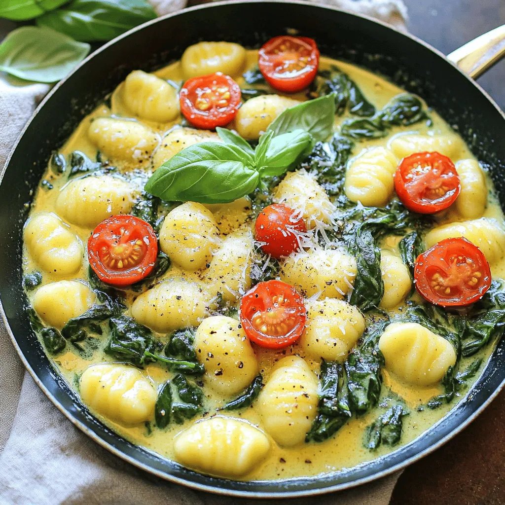 For 20-Minute One-Pan Spinach Gnocchi, gather these ingredients: - 1 package (16 oz) gnocchi (store-bought) - 2 cups fresh spinach, roughly chopped - 1 cup cherry tomatoes, halved - 1 cup vegetable broth - 2 tablespoons extra virgin olive oil - 3 cloves garlic, minced - 1 teaspoon red pepper flakes - 1/2 cup grated Parmesan cheese - Salt and black pepper to taste - Fresh basil leaves for garnish Fresh ingredients make a big difference. They boost flavor and nutrition. Fresh spinach adds bright color and a healthy touch. Cherry tomatoes bring sweetness and juiciness. Always choose the freshest items you can find. This makes your meal taste better. You can swap some ingredients if needed. Use frozen spinach if fresh isn’t available. Canned tomatoes can replace cherry tomatoes. For a vegan option, use nutritional yeast instead of Parmesan. Vegetable broth can be replaced with water. These swaps keep the dish tasty and fun. First, gather all your ingredients. You need gnocchi, fresh spinach, cherry tomatoes, vegetable broth, olive oil, garlic, red pepper flakes, Parmesan cheese, salt, and pepper. Chop the spinach and halve the cherry tomatoes. This makes cooking easier and faster. Use a large skillet for this dish. Heat the olive oil over medium heat. Add minced garlic and red pepper flakes. Sauté for about 30 seconds until the garlic smells good. Then, add the cherry tomatoes. Cook them for 3-4 minutes. You want them to soften and blister slightly. Next, pour in the vegetable broth. Bring it to a gentle simmer. Add the gnocchi, stirring well. Cook for 2-3 minutes until they float to the top. This shows they are done. Lower the heat and fold in the chopped spinach. Stir for another 1-2 minutes until the spinach wilts. Finally, sprinkle in the grated Parmesan cheese. Mix it until it melts into a creamy sauce. Taste and add salt and pepper as needed. Let it rest for a minute before serving. Watch for the gnocchi to float. This means they are cooked. The spinach should look bright green and wilted. The sauce should be creamy and cling to the gnocchi. If it looks thick and rich, you’re ready to serve. Enjoy this quick meal that looks great and tastes even better! For the full recipe, check out the full recipe link. To make your gnocchi burst with flavor, focus on fresh ingredients. Using fresh spinach and ripe cherry tomatoes makes a big difference. Sautéing garlic until it's golden brings out its best taste. Don’t skimp on the red pepper flakes; they add a nice kick. Always taste and adjust your seasoning for a balanced dish. A little extra Parmesan on top? Yes, please! This recipe is quick, but you can save even more time. Chop your spinach and tomatoes in advance. You can also pre-mince the garlic. Keep these in your fridge for easy access. Use store-bought gnocchi to skip the long cooking time. Prepare your ingredients while the skillet heats up. Multitasking makes this dish a breeze! For a creamy sauce, add the Parmesan cheese slowly. Mix it in well as it melts. If the sauce is too thick, add a splash of broth. Stir until it's smooth and creamy. Letting the dish sit for a minute off the heat helps the flavors meld. This trick gives you a perfect creamy texture every time. For the complete recipe, check out the Full Recipe. {{image_4}} You can make your 20-Minute One-Pan Spinach Gnocchi even heartier by adding protein. Chicken works great. Just cut it into bite-sized pieces. Cook it in the pan until golden brown before you add the garlic. Shrimp is another option. Toss them in after the tomatoes, cooking until they turn pink. If you prefer a plant-based option, use tofu. Cube the tofu and sauté it until crispy, then add it to the skillet with the spinach. This dish is easy to adapt for different diets. For a vegetarian version, stick with the original recipe. Just skip the meat and focus on the fresh veggies. If you need it gluten-free, choose gnocchi made from gluten-free flour. Many brands offer this option, and they taste great. Check the package for details to ensure it fits your needs. To boost flavor, don't shy away from herbs and spices. Fresh basil adds a nice touch. You can also try parsley or thyme for a different taste. If you like heat, add more red pepper flakes or try a splash of hot sauce. A squeeze of lemon juice at the end brightens the dish. It enhances the flavors of the spinach and tomatoes. These little changes make a big difference in taste. Explore these variations to make the dish your own! For the full recipe, check the complete guide. After enjoying your meal, cool any leftovers. Place them in a clean, airtight container. Store in the fridge for up to three days. This way, you keep the gnocchi fresh and tasty. To reheat, use a skillet on low heat. Add a splash of vegetable broth. Stir gently as it warms. This keeps the gnocchi creamy and prevents sticking. You can also use a microwave. Just cover the dish and heat in short bursts, stirring in between. You can freeze leftovers for later. Place cooled gnocchi in freezer-safe bags. Make sure to remove as much air as possible. They can last up to two months. When ready to eat, thaw in the fridge overnight. Reheat as mentioned above for best flavor. This meal is quick and easy. You can make it again with the full recipe anytime you want! This dish takes just 20 minutes to make. You’ll spend about 5 minutes prepping the ingredients. The cooking time fills the rest. It’s a quick meal for busy days or weeknights. You can have a tasty meal ready in no time. Yes, you can use frozen gnocchi. Just add the frozen gnocchi directly to the skillet. They will cook in the same way. The cooking time might be just a bit longer. Make sure to stir gently as they cook. This keeps them from sticking together. This gnocchi dish pairs well with many sides. Here are some ideas: - A fresh green salad with vinaigrette. - Garlic bread or crusty bread for dipping. - Roasted vegetables to add color and crunch. - A light soup like tomato or vegetable for warmth. These sides complement the flavors of the gnocchi well. You can mix and match based on what you have. Enjoying this meal with friends and family makes it even better. For the full recipe, check out the earlier section! This post covered how to make a simple, tasty one-pan spinach gnocchi dish. We explored key ingredients, cooking steps, and tips for great flavor. Remember, fresh ingredients make a big difference. Don’t forget to try different proteins and variations to fit your taste. Proper storage ensures your meal stays fresh for later. With these tips, you can enjoy a delicious meal any time. Now, get cooking and make something great today!