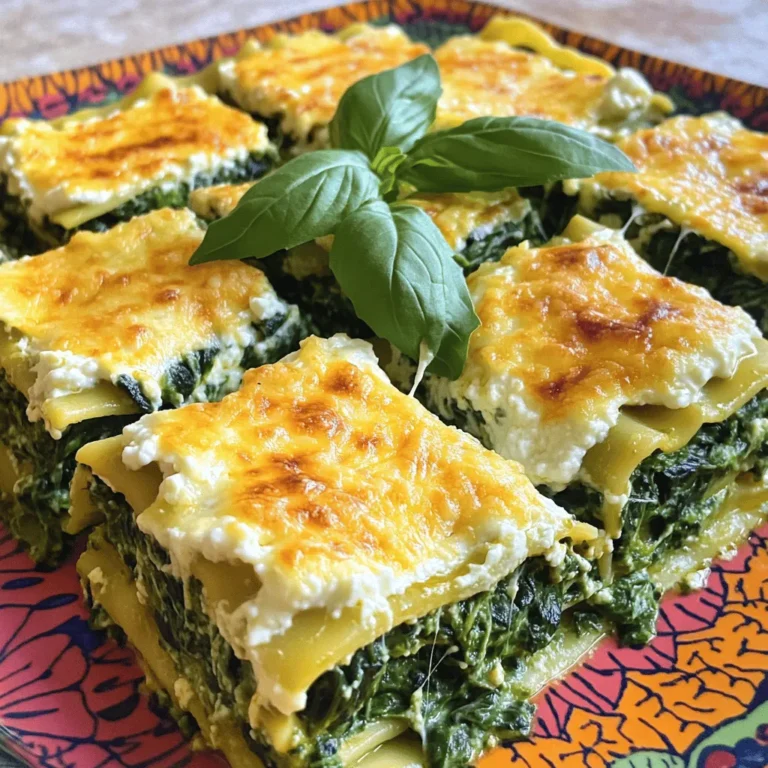 - 9 lasagna noodles - 2 cups ricotta cheese - 1 large egg - 3 cups fresh spinach, chopped - 1 cup mozzarella cheese, shredded - 1/2 cup Parmesan cheese, grated - 3 cups marinara sauce - 1 teaspoon dried oregano - 1/2 teaspoon black pepper - Salt, to taste - Olive oil, for sautéing It’s vital to use fresh and quality ingredients in your lasagna. Fresh spinach adds a nice color and taste. When picking spinach, look for leaves that are bright and firm. Avoid wilted or yellowing leaves, as they may not taste good. Choosing good cheeses makes a big difference too. Fresh ricotta has a creamy texture and mild flavor. It blends well with spinach and adds richness. Aged Parmesan adds a sharp taste. Always go for whole cheeses over pre-shredded options. They melt better and taste fresher. Each serving of this lasagna packs a punch. You get protein from the ricotta and mozzarella. The spinach adds vitamins A and C. Here’s a quick look at the caloric breakdown per serving: - Approx. 350 calories - High in calcium and iron This dish gives you a hearty meal while still being healthy. To start, you need to cook the lasagna noodles. Boil a large pot of water. Add salt for flavor. Cook the noodles until they are al dente, which means they should be firm but not hard. Follow the package instructions. Drain the noodles well. Lay them flat on a clean kitchen towel. This helps prevent them from sticking together. Next, let’s make the spinach filling. In a skillet, heat a small amount of olive oil over medium heat. Add the chopped spinach and sauté it. Stir often until the spinach wilts, which takes about 3-4 minutes. Remove it from heat and let it cool. In a mixing bowl, combine ricotta cheese, a large egg, the sautéed spinach, dried oregano, black pepper, and a pinch of salt. Mix it all well with a spatula or fork. Now it’s time to layer the lasagna. Start by spreading a thin layer of marinara sauce in the bottom of your baking dish. This helps prevent sticking and adds flavor. Place three lasagna noodles over the sauce. Next, spread half of the ricotta-spinach mixture evenly on top. Pour in one cup of marinara sauce and sprinkle half of the mozzarella cheese on top. Repeat this process. Add another three noodles, the rest of the ricotta-spinach mix, another cup of marinara, and the remaining mozzarella cheese. For the top layer, place the last three noodles. Cover them with the rest of the marinara sauce. Finally, sprinkle the grated Parmesan cheese over the top. This creates a delicious crust when baked. Enjoy making this hearty meal! For the full recipe, refer to the earlier section. Avoid overcooking the noodles. This will make them mushy and hard to work with. Cook them al dente; they will finish cooking in the oven. Skipping the rest time post-baking is another mistake. Let the lasagna cool for at least 10 minutes. This helps it set and makes slicing easier. Use aluminum foil effectively. Cover your dish tightly before baking to keep moisture in. Lightly spray the foil with cooking spray to prevent sticking. Check for doneness by looking for bubbling sauce and a golden top. If it looks undercooked, bake it a bit longer. For garnishing, add fresh basil leaves on top. This adds color and flavor. A light sprinkle of extra Parmesan cheese also enhances the look. Pair your lasagna with a fresh salad or garlic bread. A crisp side complements the rich flavors of the lasagna. {{image_4}} You can switch up your lasagna with alternative ingredients. Use gluten-free noodles if you want to avoid gluten. Many brands offer great options that taste wonderful. This way, everyone can enjoy your dish. You can also play with cheese. Try using cottage cheese instead of ricotta for a lighter taste. Goat cheese can add a tangy flavor that really pops. Mix and match to find your favorite blend. If you want a vegan lasagna, swap the ricotta with tofu. Blend firm tofu with a bit of lemon juice and nutritional yeast for a creamy, cheesy feel. You can also use cashew cheese for a rich taste. Add more veggies for extra nutrition. Try mushrooms, zucchini, or bell peppers. They add flavor and color to your dish. You can also include cooked lentils for protein, making it hearty and filling. Boost the flavor with herbs and spices. Fresh basil and thyme can brighten your dish. If you like heat, add red pepper flakes for a kick. Consider unique sauce variations too. Instead of marinara, try a white sauce or pesto. This will give your lasagna a fresh twist. Don't forget to layer in some garlic for an extra punch of flavor. For the complete recipe, check out the Full Recipe. After enjoying your classic lasagna with spinach, store leftovers in the fridge. Let the dish cool down first. Use a tight lid or plastic wrap to cover it. This keeps the moisture in and prevents it from drying out. When ready to reheat, slice the lasagna into portions. Place a slice on a plate and cover it with a damp paper towel. This helps keep it moist as it warms up in the microwave. You can freeze your lasagna to enjoy later. If you want to freeze it before baking, assemble it in a freezer-safe dish. Cover it well with foil and label it with the date. If you freeze it after baking, let it cool completely first. Then wrap it tightly in foil or plastic wrap. To thaw, move the lasagna to the fridge for at least 24 hours. Reheat it in the oven at 375°F (190°C) until hot throughout. In the fridge, your lasagna lasts about 3 to 5 days. If you freeze it, it can last up to 3 months. For best taste, eat it within this time. Just remember to check for any signs of freezer burn before you enjoy it. Yes, you can prepare this lasagna in advance. Here’s how: - Cook the lasagna noodles as per the recipe. - Prepare the spinach filling and layer the lasagna in your baking dish. - Instead of baking it right away, cover it tightly with plastic wrap or foil. - Store it in the fridge for up to 24 hours before baking. This way, flavors meld nicely. Just remember to adjust baking time. If it's cold from the fridge, it may need more time in the oven. Reheating lasagna can be tricky. You want to keep it moist and tasty. Here are some tips: - Preheat your oven to 350°F (175°C). - Place the lasagna in a baking dish and cover it with foil. - Heat for 20-30 minutes, until hot in the center. - If you like a crispy top, uncover it for the last 10 minutes. This method keeps the layers nice, soft, and gooey. Yes, there are good options if you need a change. Try these: - Cottage cheese: It gives a similar texture. - Cream cheese: This adds a richer taste but mix it well. - Tofu: Perfect for a vegan option. Blend it until smooth. Each option brings a unique touch to the lasagna while keeping it creamy. This lasagna pairs well with simple sides: - A fresh garden salad: Lettuce, tomatoes, and cucumbers work well. - Garlic bread: Crunchy and buttery bread complements the meal. - Roasted vegetables: Carrots and zucchini add nice colors and flavors. These sides balance the hearty lasagna and make the meal complete. For the full recipe and details, check out the Spinach Delight Lasagna. In this blog post, we explored making Classic Lasagna with Spinach. You learned about the ingredients, preparation steps, and tips for success. Fresh ingredients are key for great flavor and health benefits. Avoid common mistakes for the best results. Remember, there are many variations, so feel free to experiment. Finally, proper storage will keep your lasagna tasty for later. Enjoy creating this dish and share it with your loved ones!