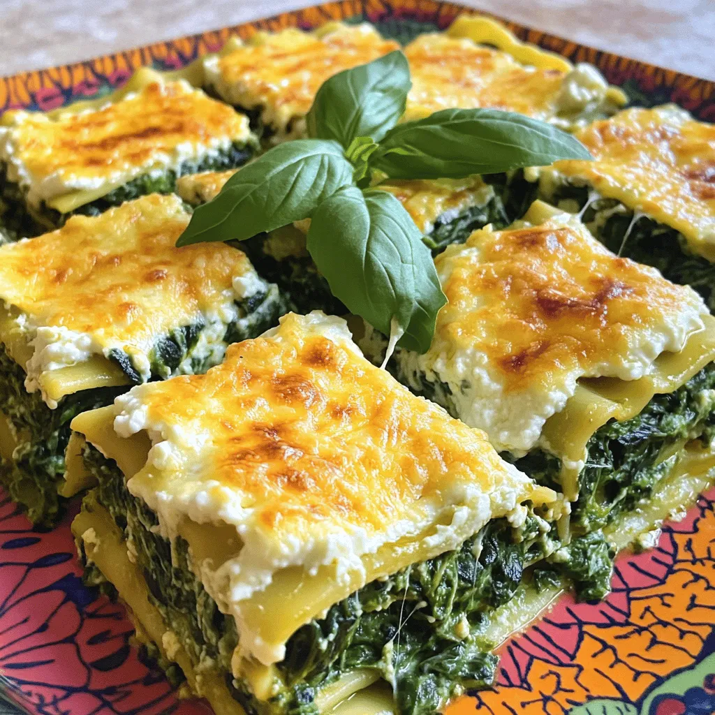 - 9 lasagna noodles - 2 cups ricotta cheese - 1 large egg - 3 cups fresh spinach, chopped - 1 cup mozzarella cheese, shredded - 1/2 cup Parmesan cheese, grated - 3 cups marinara sauce - 1 teaspoon dried oregano - 1/2 teaspoon black pepper - Salt, to taste - Olive oil, for sautéing It’s vital to use fresh and quality ingredients in your lasagna. Fresh spinach adds a nice color and taste. When picking spinach, look for leaves that are bright and firm. Avoid wilted or yellowing leaves, as they may not taste good. Choosing good cheeses makes a big difference too. Fresh ricotta has a creamy texture and mild flavor. It blends well with spinach and adds richness. Aged Parmesan adds a sharp taste. Always go for whole cheeses over pre-shredded options. They melt better and taste fresher. Each serving of this lasagna packs a punch. You get protein from the ricotta and mozzarella. The spinach adds vitamins A and C. Here’s a quick look at the caloric breakdown per serving: - Approx. 350 calories - High in calcium and iron This dish gives you a hearty meal while still being healthy. To start, you need to cook the lasagna noodles. Boil a large pot of water. Add salt for flavor. Cook the noodles until they are al dente, which means they should be firm but not hard. Follow the package instructions. Drain the noodles well. Lay them flat on a clean kitchen towel. This helps prevent them from sticking together. Next, let’s make the spinach filling. In a skillet, heat a small amount of olive oil over medium heat. Add the chopped spinach and sauté it. Stir often until the spinach wilts, which takes about 3-4 minutes. Remove it from heat and let it cool. In a mixing bowl, combine ricotta cheese, a large egg, the sautéed spinach, dried oregano, black pepper, and a pinch of salt. Mix it all well with a spatula or fork. Now it’s time to layer the lasagna. Start by spreading a thin layer of marinara sauce in the bottom of your baking dish. This helps prevent sticking and adds flavor. Place three lasagna noodles over the sauce. Next, spread half of the ricotta-spinach mixture evenly on top. Pour in one cup of marinara sauce and sprinkle half of the mozzarella cheese on top. Repeat this process. Add another three noodles, the rest of the ricotta-spinach mix, another cup of marinara, and the remaining mozzarella cheese. For the top layer, place the last three noodles. Cover them with the rest of the marinara sauce. Finally, sprinkle the grated Parmesan cheese over the top. This creates a delicious crust when baked. Enjoy making this hearty meal! For the full recipe, refer to the earlier section. Avoid overcooking the noodles. This will make them mushy and hard to work with. Cook them al dente; they will finish cooking in the oven. Skipping the rest time post-baking is another mistake. Let the lasagna cool for at least 10 minutes. This helps it set and makes slicing easier. Use aluminum foil effectively. Cover your dish tightly before baking to keep moisture in. Lightly spray the foil with cooking spray to prevent sticking. Check for doneness by looking for bubbling sauce and a golden top. If it looks undercooked, bake it a bit longer. For garnishing, add fresh basil leaves on top. This adds color and flavor. A light sprinkle of extra Parmesan cheese also enhances the look. Pair your lasagna with a fresh salad or garlic bread. A crisp side complements the rich flavors of the lasagna. {{image_4}} You can switch up your lasagna with alternative ingredients. Use gluten-free noodles if you want to avoid gluten. Many brands offer great options that taste wonderful. This way, everyone can enjoy your dish. You can also play with cheese. Try using cottage cheese instead of ricotta for a lighter taste. Goat cheese can add a tangy flavor that really pops. Mix and match to find your favorite blend. If you want a vegan lasagna, swap the ricotta with tofu. Blend firm tofu with a bit of lemon juice and nutritional yeast for a creamy, cheesy feel. You can also use cashew cheese for a rich taste. Add more veggies for extra nutrition. Try mushrooms, zucchini, or bell peppers. They add flavor and color to your dish. You can also include cooked lentils for protein, making it hearty and filling. Boost the flavor with herbs and spices. Fresh basil and thyme can brighten your dish. If you like heat, add red pepper flakes for a kick. Consider unique sauce variations too. Instead of marinara, try a white sauce or pesto. This will give your lasagna a fresh twist. Don't forget to layer in some garlic for an extra punch of flavor. For the complete recipe, check out the Full Recipe. After enjoying your classic lasagna with spinach, store leftovers in the fridge. Let the dish cool down first. Use a tight lid or plastic wrap to cover it. This keeps the moisture in and prevents it from drying out. When ready to reheat, slice the lasagna into portions. Place a slice on a plate and cover it with a damp paper towel. This helps keep it moist as it warms up in the microwave. You can freeze your lasagna to enjoy later. If you want to freeze it before baking, assemble it in a freezer-safe dish. Cover it well with foil and label it with the date. If you freeze it after baking, let it cool completely first. Then wrap it tightly in foil or plastic wrap. To thaw, move the lasagna to the fridge for at least 24 hours. Reheat it in the oven at 375°F (190°C) until hot throughout. In the fridge, your lasagna lasts about 3 to 5 days. If you freeze it, it can last up to 3 months. For best taste, eat it within this time. Just remember to check for any signs of freezer burn before you enjoy it. Yes, you can prepare this lasagna in advance. Here’s how: - Cook the lasagna noodles as per the recipe. - Prepare the spinach filling and layer the lasagna in your baking dish. - Instead of baking it right away, cover it tightly with plastic wrap or foil. - Store it in the fridge for up to 24 hours before baking. This way, flavors meld nicely. Just remember to adjust baking time. If it's cold from the fridge, it may need more time in the oven. Reheating lasagna can be tricky. You want to keep it moist and tasty. Here are some tips: - Preheat your oven to 350°F (175°C). - Place the lasagna in a baking dish and cover it with foil. - Heat for 20-30 minutes, until hot in the center. - If you like a crispy top, uncover it for the last 10 minutes. This method keeps the layers nice, soft, and gooey. Yes, there are good options if you need a change. Try these: - Cottage cheese: It gives a similar texture. - Cream cheese: This adds a richer taste but mix it well. - Tofu: Perfect for a vegan option. Blend it until smooth. Each option brings a unique touch to the lasagna while keeping it creamy. This lasagna pairs well with simple sides: - A fresh garden salad: Lettuce, tomatoes, and cucumbers work well. - Garlic bread: Crunchy and buttery bread complements the meal. - Roasted vegetables: Carrots and zucchini add nice colors and flavors. These sides balance the hearty lasagna and make the meal complete. For the full recipe and details, check out the Spinach Delight Lasagna. In this blog post, we explored making Classic Lasagna with Spinach. You learned about the ingredients, preparation steps, and tips for success. Fresh ingredients are key for great flavor and health benefits. Avoid common mistakes for the best results. Remember, there are many variations, so feel free to experiment. Finally, proper storage will keep your lasagna tasty for later. Enjoy creating this dish and share it with your loved ones!
