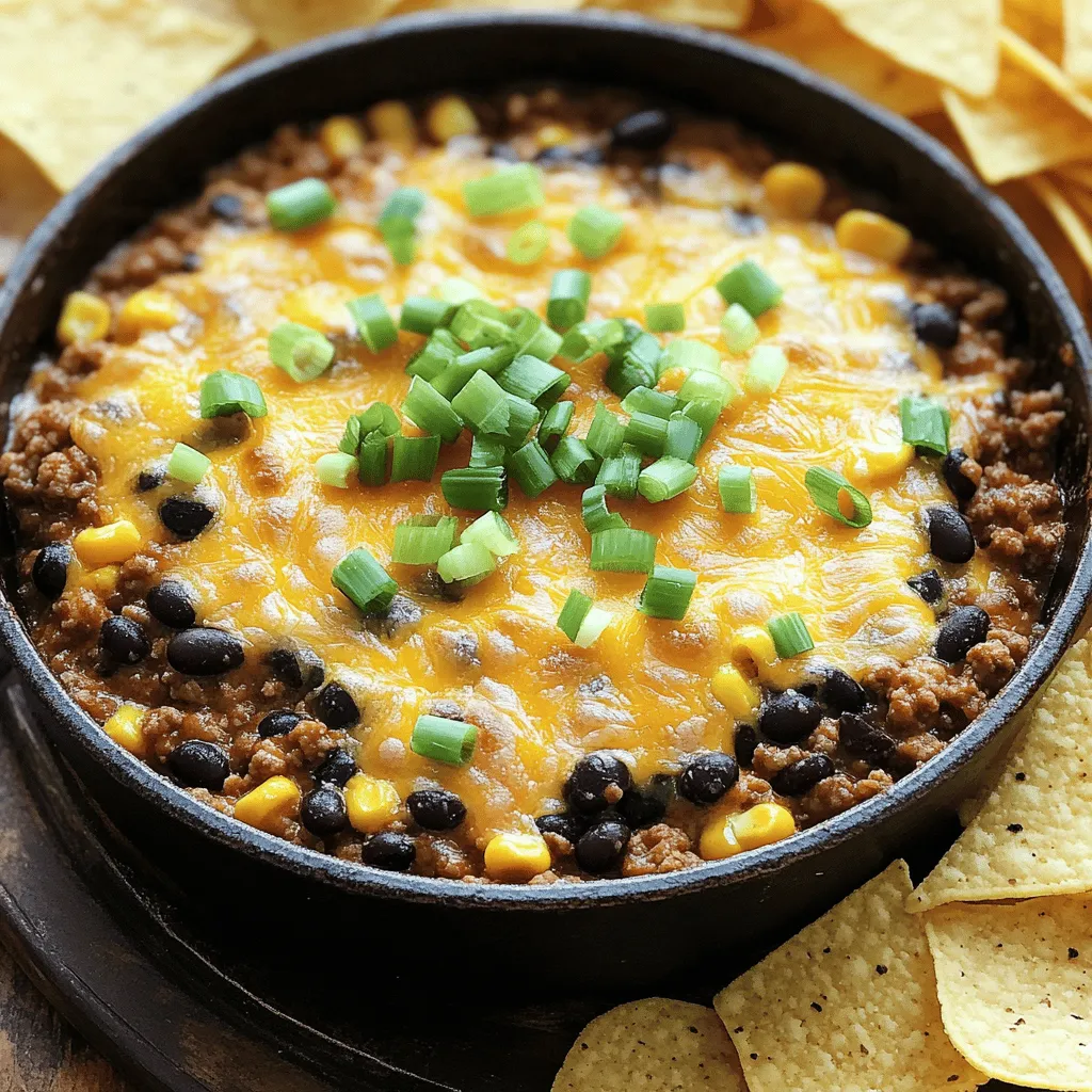 - Ground beef and dairy ingredients - 1 pound ground beef - 1 cup cream cheese, softened - 1 cup sour cream - 1 cup shredded cheddar cheese (plus an extra ½ cup for topping) - Canned ingredients - 1 can (15 oz) black beans, rinsed and drained - 1 can (11 oz) sweet corn, drained - 1 can (10 oz) diced tomatoes with green chilies - Seasoning and toppings - 1 tablespoon taco seasoning - 1 tablespoon olive oil - ½ cup green onions, finely chopped - Tortilla chips, for serving When I make this Meaty Texas Trash Dip, I love how every ingredient adds to the flavor. The ground beef gives it a rich base. Cream cheese and sour cream make it creamy and smooth. Black beans and corn add texture and sweetness. The diced tomatoes with green chilies give it that kick we all crave. Taco seasoning ties everything together. You can feel the warmth of the spices in every bite. Green onions on top add freshness and color. Don't forget the tortilla chips! They are perfect for scooping up all that deliciousness. This dip is not just tasty; it’s a crowd-pleaser. Whether for a party or a cozy night in, this dip will shine. If you want to see how to prepare it, check out the Full Recipe. 1. Preparing the beef and draining fat Start by heating olive oil in a large skillet over medium heat. Add 1 pound of ground beef. Cook it for about 5-7 minutes. Break it up with a spatula until it is fully browned. Once cooked, remove the skillet from heat and drain any excess fat. This step keeps the dip from being greasy. 2. Mixing in the beans, corn, and tomatoes Return the skillet to the heat. Add 1 tablespoon of taco seasoning. Stir it into the beef to coat it evenly. Next, add 1 can of rinsed black beans, 1 can of drained sweet corn, and 1 can of diced tomatoes with green chilies. Mix everything well and let it heat through for about 3-4 minutes, stirring often. 3. Creating the creamy dip base Lower the heat to a gentle simmer. Add 1 cup of softened cream cheese and 1 cup of sour cream into the skillet. Stir continuously until the mixture is fully blended and smooth. This step forms a rich and creamy base for your dip. 4. Melting the cheese and final touches Incorporate 1 cup of shredded cheddar cheese into the mixture. Mix well until the cheese melts completely and blends evenly. After combining, remove the skillet from heat. Top the dip with ½ cup of freshly chopped green onions for color. Sprinkle with an extra ½ cup of shredded cheddar cheese for added richness. 5. Serving the dip Transfer the dip to a decorative serving dish or keep it in the skillet for a casual look. Serve warm with crispy tortilla chips for delightful dipping. Enjoy this meaty Texas Trash Dip as a tasty snack or appetizer! For the full recipe, check the recipe section above. - Ensuring a non-greasy dip After cooking the ground beef, always drain the fat. This step keeps your dip rich without being oily. Use a colander to let the fat flow away while keeping the beef intact. - Perfectly blending ingredients for creaminess Start with softened cream cheese. It mixes better and gives a smooth texture. Stir in the sour cream slowly until you achieve a creamy base. Keep mixing until there are no lumps. - Adjusting flavors with seasoning Taste as you go! After adding the taco seasoning, sample your dip. If you want it spicier, add a touch more seasoning. You can also mix in some hot sauce if you like a kick. - Ideal serving temperatures Serve your Meaty Texas Trash Dip warm for the best flavor. Heat helps the cheese melt and brings out the dip's rich taste. You can keep it warm in a slow cooker if you are serving a crowd. - Best accompaniments for dipping Tortilla chips are a classic choice. They add crunch and balance the dip's creaminess. You can also try fresh veggies like bell peppers and carrots for a healthier option. Enjoy the mix of textures! {{image_4}} You can make Meaty Texas Trash Dip your own with some fun twists. First, if you want a vegetarian option, swap the ground beef for lentils or mushrooms. Both options add great texture and flavor. If you love heat, add jalapeños. You can mix them in or top the dip with them. This extra spice gives your dip a nice kick. Cheese is another area to play with. You can try pepper jack for a spicy twist or cream cheese for a richer feel. Each cheese adds a different taste, so explore what you like best. This dip works well in other dishes, too. You can use it as a topping on baked potatoes or mix it into a pasta dish. It adds a creamy, meaty flavor that can elevate any meal. For parties, presentation matters. Use a colorful dish to serve the dip. Add fresh herbs like cilantro or parsley on top to make it pop. Serve with a variety of chips, like tortilla or pita, to give your guests options. These twists and serving ideas can make your Meaty Texas Trash Dip even more fun and tasty! For the full recipe, check out the detailed instructions above. To keep your Meaty Texas Trash Dip fresh, store leftovers in an airtight container. Place it in the fridge within two hours of serving. This dip is best eaten within three to four days. For longer storage, freeze the dip. Make sure to use a freezer-safe container. Leave some space at the top for expansion. This dip can last in the freezer for up to three months. When you're ready to enjoy it again, just thaw it in the fridge overnight. To reheat this dip, use a microwave or a stovetop. If using a microwave, place the dip in a microwave-safe bowl. Heat it in short bursts, stirring in between, until it's hot throughout. For stovetop reheating, transfer the dip to a saucepan. Heat it over low heat, stirring often. This method helps keep the texture creamy. Avoid high heat, as it can cause the dip to separate. Enjoy your warm dip with crispy tortilla chips! How to make Meaty Texas Trash Dip spicier? You can add chopped jalapeños or hot sauce for extra heat. Stir them in with the beef and beans. Another option is to use pepper jack cheese instead of cheddar. This will give your dip a nice kick. Can I make this dip ahead of time? Yes, you can prepare the dip a day before. Just follow the full recipe, then store it in the fridge. When you're ready to serve, heat it in the oven or microwave until warm. This makes it super easy for parties or gatherings. What other chips can I use for serving? Tortilla chips are great, but don’t stop there! You can use pita chips, veggie sticks, or even pretzel crisps. Each option adds a unique crunch and taste to your dip. What is the best cheese for this dip? Shredded cheddar cheese is a classic choice, but you can mix it up! Try using Monterey Jack or a blend of cheeses for a more complex flavor. Creamy cheese helps balance the savory meat and beans. How can I reduce the calories in this recipe? To cut calories, use lean ground beef or turkey. You can also swap cream cheese and sour cream for low-fat versions. Lastly, serving with veggie sticks instead of chips lowers the overall calorie count while still being tasty. This blog post covered all you need to make a tasty Meaty Texas Trash Dip. We discussed ingredients, step-by-step cooking tips, and fun variations. Remember to choose the right cheese and spice it up to fit your taste. You can even make veggie options or serve it in creative ways. Properly storing leftovers keeps the dip fresh for later. Dive into those FAQs for more helpful advice. Enjoy your dip-making journey. You’re now ready to impress at your next gathering!