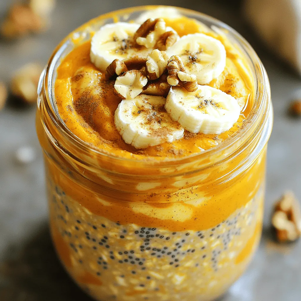 - 1 cup rolled oats - 1 cup almond milk (or any milk of your choice) - ½ cup pumpkin puree - 2 tablespoons maple syrup (or honey for sweetness) - 1 teaspoon pumpkin pie spice - ½ teaspoon vanilla extract - ¼ teaspoon sea salt - 2 tablespoons chia seeds (optional, for added texture and nutrition) The base of my pumpkin spice overnight oats is rolled oats. They soak up the flavors and create a nice texture. I use almond milk, but feel free to pick any milk you love. Pumpkin puree gives that rich, fall taste. Sweeteners like maple syrup or honey add a touch of natural sweetness. Pumpkin pie spice brings warmth, while vanilla extract adds a lovely aroma. A pinch of sea salt balances the flavors. If you want a little crunch and nutrition, chia seeds are a great choice. - Sliced bananas - Chopped walnuts - Cinnamon sprinkle Toppings can take your oats to the next level. I love adding sliced bananas for creaminess. Chopped walnuts give a nice crunch and extra flavor. A sprinkle of cinnamon on top makes it feel like fall. You can mix and match these toppings based on what you like. They add color and make your dish look pretty too. Always feel free to get creative and add your own favorite toppings! For the full recipe, check out [Full Recipe]. - In a medium bowl, combine 1 cup rolled oats and 1 cup almond milk. - Add ½ cup pumpkin puree and 2 tablespoons maple syrup. - Sprinkle in 1 teaspoon pumpkin pie spice, ½ teaspoon vanilla extract, and ¼ teaspoon sea salt. - Mix well until everything blends smoothly. - If you want a boost of fiber, fold in 2 tablespoons chia seeds. - Transfer your mix into airtight containers or jars. - Seal them tightly to keep air out. - Place in the fridge overnight or for at least 4 hours. - When ready to eat, stir your oats well. - If it's too thick, add a splash of almond milk. - Top with sliced bananas, chopped walnuts, and a sprinkle of cinnamon. This method ensures you enjoy a creamy, flavorful breakfast. For the complete recipe, check out the Full Recipe. To get the right texture for your pumpkin spice overnight oats, adjust the liquid. Use more liquid if you want a creamier mix. Less liquid will make the oats thicker. Soaking time also matters. You can soak them overnight or for just a few hours. The longer they soak, the softer they become. Want to boost the flavor? Add a pinch of nutmeg or ginger. These spices add warmth and depth. You can also try different milk alternatives. Coconut milk adds a nice twist, while oat milk keeps it simple. Each option changes the taste just a bit. Meal prep saves time. You can batch prep these oats for the week. Just make a big batch and store it in the fridge. For easy grab-and-go meals, divide the oats into jars. Each jar is a quick breakfast ready to enjoy. {{image_4}} You can easily make these oats nut-free. To do this, substitute almond milk with oat or coconut milk. Both options work great and keep the oats creamy. If you need to avoid chia seeds for allergies, simply omit them. The oats will still taste amazing without them. Want a vegan version? It's simple! Use maple syrup instead of honey for sweetness. Make sure all other ingredients are vegan-friendly too. This keeps your breakfast plant-based and delicious. Adding seasonal flavors makes these oats even better. You can mix in cranberries or pecans for a holiday touch. Adjust the spices to match the season. For example, add extra cinnamon in the winter for warmth. Use these ideas to make your overnight oats unique every time! Pumpkin spice overnight oats last about 3 to 5 days in the fridge. Store them in airtight containers to keep them fresh. Check for signs they have gone bad. If you see any mold or off smells, it's best to toss them out. The oats may also become overly dry or mushy, which means they have lost their good texture. You can freeze overnight oats for long-term storage. This is a great option if you want to prepare meals ahead of time. Use freezer-safe containers or jars to store individual servings. Leave some space at the top, as the oats will expand when frozen. When you're ready to enjoy them, thaw in the fridge overnight. For a quick thaw, you can place the jar in warm water for a few minutes. Once thawed, stir well before serving. You may need to add a splash of almond milk to reach your desired creaminess. Enjoy this flavorful fall delight anytime! You can find the full recipe [here](#). Pumpkin spice overnight oats last up to five days in the fridge. Store them in airtight containers. After five days, the oats may become mushy. Check for any signs of spoilage before eating. Freshness is key for the best taste. Yes, you can use quick oats instead of rolled oats. Quick oats will absorb liquid faster. This may change the texture, making it softer and creamier. If you like chewy oats, stick with rolled oats. Using sweeteners is not necessary, but it enhances flavor. Maple syrup or honey adds a nice sweetness. If you prefer less sugar, you could skip it. The pumpkin puree provides some natural sweetness as well. You can warm up pumpkin spice overnight oats if you prefer them hot. Heat them in the microwave for about one minute. Stir well to ensure even heating. You may want to add a splash of almond milk to keep them creamy. To make this recipe more filling, add protein-rich toppings. Consider adding Greek yogurt or nut butter. You can also increase the chia seeds for added fiber. More toppings will help keep you satisfied longer. You now have everything you need to make delicious pumpkin spice overnight oats. We covered the key ingredients, step-by-step instructions, and helpful tips. You can customize your oats with different flavors and toppings for a treat every time. Don't hesitate to batch prepare for the week. With these easy steps, you’ll enjoy a healthy breakfast that fits any busy schedule. Enjoy the process of making this simple, tasty meal!
