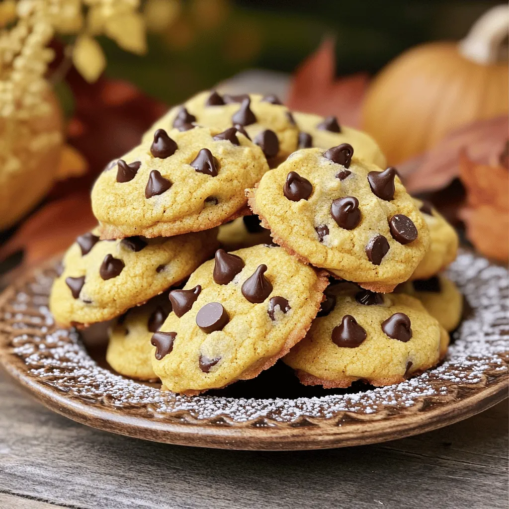 To make Pumpkin Chocolate Chip Cookies, you need some simple ingredients. Here’s the list: - 1 cup pumpkin puree - 1/2 cup unsalted butter - 1 cup brown sugar - 1/2 cup granulated sugar - 1 large egg - 1 teaspoon vanilla extract - 2 cups all-purpose flour - 1 teaspoon baking soda - 1 teaspoon baking powder - 1 teaspoon ground cinnamon - 1/2 teaspoon ground nutmeg - 1/2 teaspoon salt - 1 cup semi-sweet chocolate chips - 1/2 cup chopped walnuts or pecans (optional) I find that pumpkin puree adds a nice moisture and flavor. You can use canned or make it fresh from scratch. The butter should be soft but not melted. This helps to create a nice, fluffy texture. I love using both brown and granulated sugar. Brown sugar gives depth, while granulated sugar helps with the cookie's spread. The egg binds everything together. Vanilla extract adds a sweet hint of flavor. When it comes to flour, all-purpose works best. Baking soda and baking powder help the cookies rise. Cinnamon and nutmeg bring that warm, cozy fall flavor. Chocolate chips are a must! They melt and create little pockets of sweetness. If you want a crunch, add walnuts or pecans. They are optional, but I highly recommend trying them. Now that you have the ingredients, you are ready to make these tasty treats. For the full recipe, check out the detailed instructions above. Start by preheating your oven to 350°F (175°C). This step warms the oven for even baking. Next, grab a baking sheet and line it with parchment paper. This prevents the cookies from sticking. In a large mixing bowl, combine the softened butter, brown sugar, and granulated sugar. Use a hand mixer or a sturdy spoon to mix them. Beat until the mixture is light and fluffy. This usually takes about 2 to 3 minutes. Now, add the pumpkin puree, egg, and vanilla extract to the creamed mixture. Make sure everything is well combined and smooth. In a separate bowl, whisk together the flour, baking soda, baking powder, cinnamon, nutmeg, and salt. Add the dry mix to the wet mix. Stir gently until just combined. It’s okay if some flour streaks remain. Gently fold in the chocolate chips. If you like, add chopped walnuts or pecans too. Use a tablespoon or cookie scoop to drop rounded dough onto your baking sheet. Make sure to space them about 2 inches apart. Bake for 10 to 12 minutes. Look for lightly golden edges and slightly soft centers. Once baked, let the cookies cool on the baking sheet for about 5 minutes. This helps them firm up. After that, transfer them to a wire rack to cool completely. Store any leftovers in an airtight container to keep them fresh. For the full recipe, check the earlier section. To get that soft and chewy texture, use room temperature butter. This helps it blend well with the sugars. Be careful not to overmix after adding the flour. A few flour streaks are okay; they keep the cookies light. Bake them until the edges are golden but the centers look soft. They’ll firm up as they cool. One mistake is using cold butter. It won’t cream properly, leading to dense cookies. Another is baking them too long. The cookies may look undercooked, but they will continue to cook after you take them out. Avoid using too much flour; it can make your cookies dry. Always measure accurately. For a great look, stack the cookies on a pretty plate. Dust them lightly with powdered sugar for a sweet touch. Pair them with hot apple cider or cold milk. This combination enhances their cozy flavor. Use colorful napkins or festive decorations to make your treat stand out. Check out the Full Recipe to create these delicious treats! {{image_4}} You can make these cookies gluten-free by using gluten-free flour. Many brands offer a 1:1 flour mix that works well. Just swap out the all-purpose flour for this mix. Keep in mind that the texture might change a bit, but the flavor remains delightful. You can also add a bit more pumpkin puree for extra moisture. This will help keep the cookies soft and chewy. Want to mix things up? Try adding dried cranberries or white chocolate chips. Dried cranberries add a tartness that pairs nicely with the sweet pumpkin. White chocolate gives a creamy texture that balances the spices. You can even use a mix of chocolate and butterscotch chips for a fun twist. The options are endless! To make these cookies even more festive, consider adding pumpkin spice or pecans. A teaspoon of pumpkin spice can deepen the fall flavors. Chopped pecans will add a nice crunch and nutty flavor. Toasting the pecans before adding them will enhance their taste. You can even sprinkle in some ginger or allspice for a unique touch. Each variation gives you a new way to enjoy this treat! For the full recipe, check the recipe section above. To keep your pumpkin chocolate chip cookies fresh, store them in an airtight container. Layer parchment paper between the cookies to prevent them from sticking together. They will stay fresh for about one week at room temperature. If you want to keep them longer, consider freezing them. Freezing cookies is easy and smart. Allow the cookies to cool completely before freezing. Place them in a single layer on a baking sheet. Freeze them for about one hour until solid. Then, transfer the cookies to a freezer-safe bag. They can last up to three months in the freezer. When you're ready to enjoy, just thaw them at room temperature. To enjoy your cookies warm, you can reheat them. Preheat your oven to 350°F (175°C). Place the cookies on a baking sheet and heat for about 5-7 minutes. You can also use a microwave. Heat them for about 10-15 seconds. This will bring back their soft, chewy texture, making them taste freshly baked again. For more delicious ideas, check out the Full Recipe for pumpkin chocolate chip cookies. Yes, you can use fresh pumpkin. Just cook and mash it until smooth. Use the same amount as canned, one cup. Fresh pumpkin gives a lovely taste. It may add a bit more moisture, so adjust flour if needed. You can replace eggs with applesauce. Use 1/4 cup of applesauce for one egg. Yogurt or mashed banana also works well. These options keep your cookies moist and tasty. Check the edges of the cookies for a light golden color. They should look slightly soft in the center. If you touch them, they should spring back a bit. They will firm up as they cool. Absolutely! You can make the dough a day or two ahead. Just cover it and store it in the fridge. When ready, scoop and bake the cookies straight from the fridge. These cookies pair well with many drinks. Enjoy them with apple cider or a glass of milk. You can also serve them alongside a nice cup of tea. For a fun twist, try them with vanilla ice cream! You can make delicious pumpkin chocolate chip cookies with simple steps. We covered the key ingredients, baking tips, and fun variations. Remember to store your cookies well for lasting freshness. Explore these ideas and enjoy your tasty treats. Baking can bring joy and warmth to your home, so get started! Trust me, these cookies will become a favorite.